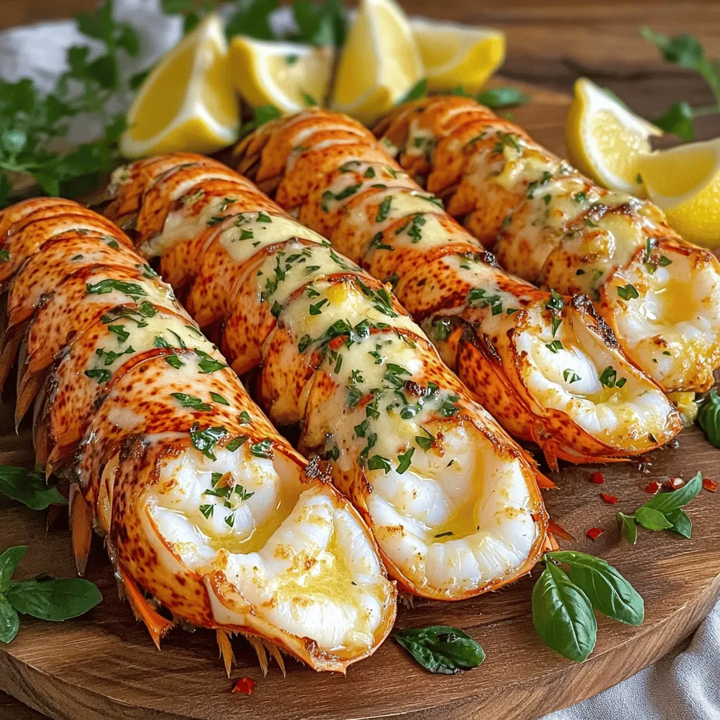 - 4 lobster tails (approximately 6 oz each) - 1/2 cup unsalted butter - 4 cloves garlic, minced - 1 tablespoon fresh parsley, finely chopped - 1 tablespoon fresh basil, finely chopped - 1 tablespoon fresh lemon juice - 1/2 teaspoon red pepper flakes (optional) - Salt and freshly ground black pepper to taste - Lemon wedges for serving Lobster tails are the star of this dish. Choose fresh or frozen tails. Fresh tails have a sweet taste and firm texture. Frozen tails are fine but thaw them first. Always use unsalted butter for better control of salt levels. Fresh herbs like parsley and basil really enhance the flavor. They add a bright, fresh note. Minced garlic gives the sauce depth. Adjust red pepper flakes to your taste. Use more for heat or skip it for a milder dish. Consider adding some white wine to the butter sauce for a nice touch. You can also mix in a bit of grated Parmesan cheese for added richness. If you like a citrus twist, try adding some lime juice along with the lemon juice for a zesty punch. These options can elevate your lobster tails even more. Explore these ideas based on your taste preferences. For the perfect finish, serve with more lemon wedges. They add a refreshing contrast to the rich butter sauce. For the detailed cooking steps, check out the Full Recipe. First, preheat your oven to 375°F (190°C). This will get it ready for baking. Next, grab your kitchen shears. Carefully cut along the top of each lobster shell. Start from the head and go to the tail. Be very careful not to cut the meat inside. Once you have cut it, gently pull the shell apart. This will show the tender meat, ready for cooking. Now it's time to make the garlic herb butter sauce. In a small saucepan, melt 1/2 cup of unsalted butter over medium heat. Once the butter is melted, add 4 cloves of minced garlic. Sauté the garlic for about 1-2 minutes. Stir often, but do not let it burn. Burnt garlic will ruin the sauce. After the garlic is fragrant, remove it from the heat. Stir in 1 tablespoon of fresh parsley, 1 tablespoon of fresh basil, and 1 tablespoon of fresh lemon juice. You can add 1/2 teaspoon of red pepper flakes for heat if you want. Mix in a pinch of salt and black pepper to taste. Your sauce is ready! Place the lobster tails cut-side up in a baking dish. Spoon the garlic herb butter sauce generously over the meat. Make sure all the meat is covered well. Bake the lobster tails for 15-20 minutes. They are done when the meat turns opaque. For a nice golden finish, switch to broil for 2-3 minutes. Keep an eye on them to avoid burning. When they are done, take them out of the oven. Drizzle any leftover sauce over the tails before you serve. Enjoy your lobster tails with fresh lemon wedges and extra herbs for garnish. For the full recipe, check the above section! To cook lobster tails just right, start with fresh or thawed tails. Make sure to cut the shell, but not the meat. This helps the meat cook evenly. When you bake, watch closely. The meat should turn opaque and firm. If you want that golden top, use the broiler for a few minutes. Remember, garlic can burn fast, so stir it gently. Serve the lobster tails with a fresh lemon wedge on the side. The zest of lemon enhances the rich flavor. For a nice touch, sprinkle some extra herbs on top before serving. You can also place the tails on a large platter. It makes for a beautiful presentation and shows off your hard work. Lobster pairs well with light sides. Consider a crisp salad or garlic bread. The crunch complements the tender lobster. For drinks, white wine or sparkling water works best. A chilled glass of Sauvignon Blanc adds a refreshing note. If you want something special, try a fruity mocktail. It will balance the rich flavors of the lobster. {{image_4}} You can switch up the flavors in your lobster tails. Instead of parsley and basil, try dill or cilantro. For a smoky touch, add smoked paprika. You can also mix in lemon zest for a bright kick. Garlic lovers may want to use more than four cloves. Feel free to explore your spice rack for more ideas. You can cook lobster tails in different ways. Grilling gives a nice char and smoky flavor. To grill, preheat your grill and place the tails cut-side down for about 5-7 minutes. Flip them over, add your garlic herb butter, and cook for another 5-7 minutes. Steaming is another great method. It keeps the lobster moist and tender. Steam for about 8-10 minutes until the meat turns opaque. If you can't find lobster tails, don't worry! You can use shrimp or crab legs as substitutes. Both options cook quickly and absorb flavors well. Make sure to adjust cooking times. Shrimp usually takes about 3-5 minutes, while crab legs need about 5-7 minutes. For a similar texture, use langoustine or even scallops. These options still pair wonderfully with garlic herb butter sauce. For the full recipe, check out the earlier section. To store leftover lobster tails, first let them cool. Place the lobster tails in an airtight container. Make sure to cover them tightly. You can keep them in the fridge for up to two days. Always check for freshness before eating. When you want to reheat lobster tails, do so gently. Preheat your oven to 350°F (175°C). Place the lobster tails in a baking dish. Add a little butter or water to keep them moist. Heat for about 10 minutes or until warm. Avoid overheating, as this can make the meat tough. You can freeze lobster tails if you have too many. Wrap each tail in plastic wrap. Then place them in a freezer-safe bag. Make sure to remove the air before sealing. Frozen lobster tails can last up to three months. When ready to use, thaw them in the fridge overnight before cooking. For the full recipe, check out the details above. Lobster tails need about 15 to 20 minutes to cook in the oven. The meat turns opaque when done. Always check for doneness to avoid overcooking. Overcooked lobster becomes tough and dry. Yes, you can use frozen lobster tails. Just make sure to thaw them first. Place them in the fridge overnight or in cold water for faster thawing. This step ensures even cooking and great flavor. Use kitchen shears to cut the lobster tails. Start at the top of the shell and cut down to the tail. Be careful not to cut into the meat. Gently pull the shell apart to reveal the juicy meat. This method lets the sauce soak in well. Enjoy the process, and you'll impress everyone with your skills! For more details on making this dish, check the Full Recipe. This article walks you through the main steps to cook lobster tails. We covered key ingredients and notes on how to make garlic herb butter. You learned valuable tips for perfect cooking and even suggested some cool variations. Now, you know how to store leftovers and reheat them well. Enjoy your lobster tails. They can impress anyone sitting at your table. With these skills, you can make a special meal anytime. Happy cooking!