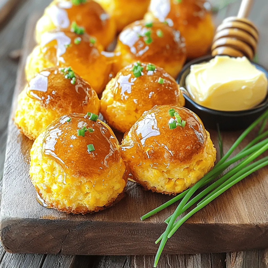 For Southern-Style Honey Butter Cornbread Poppers, you need a mix of pantry staples and fresh items. Here’s the list: - 1 cup cornmeal - 1 cup all-purpose flour - 1 tablespoon baking powder - 1/2 teaspoon salt - 1 cup buttermilk (room temperature for best results) - 2 large eggs (lightly beaten) - 1/4 cup vegetable oil - 1/4 cup honey (plus extra for drizzling) - 1 cup corn kernels (fresh or frozen, thawed) - 1/2 cup shredded cheddar cheese (optional, for added flavor) - 4 tablespoons unsalted butter (softened) - 2 tablespoons honey (for mixing with butter) - Optional: Fresh chives or parsley for garnish Gathering these ingredients makes the cooking process fun and easy. You can find most of these items at any grocery store. If you want to add a twist, consider using fresh corn when it's in season. The sweetness and texture will elevate your poppers. To learn how to make this delightful dish, check the Full Recipe. - Preheat the Oven: First, set your oven to 400°F (200°C). This helps the poppers bake evenly. Grease a mini muffin tin or use mini muffin liners for easy removal. - Mix the Dry Ingredients: In a large bowl, combine 1 cup cornmeal, 1 cup all-purpose flour, 1 tablespoon baking powder, and 1/2 teaspoon salt. Whisk these together until smooth and free of lumps. - Combine the Wet Ingredients: In another bowl, whisk together 1 cup buttermilk, 2 large eggs, 1/4 cup vegetable oil, and 1/4 cup honey. Mix until all the wet ingredients are smooth and blended. - Combine Mixtures: Gently pour the wet mix into the dry mix. Using a spatula, fold the two together until just combined. Don’t overmix; a few lumps are okay. - Add Corn and Cheese: Carefully fold in 1 cup corn kernels and 1/2 cup shredded cheddar cheese if you like. This adds great flavor and texture. - Pour the Batter: Use a spoon or a small ice cream scoop to fill the mini muffin cups. Fill each about two-thirds full. This allows space for rising while baking. - Bake: Place the tin in the preheated oven. Bake for 15-18 minutes. You want the poppers to be golden brown and firm. A toothpick should come out clean when inserted in the center. - Make Honey Butter: While they bake, mix 4 tablespoons softened butter with 2 tablespoons honey in a small bowl. Whip until creamy and well combined. This sweet spread pairs perfectly with the poppers. - Cool and Serve: Once baked, let the poppers cool in the tin for about 5 minutes. Transfer them to a wire rack to cool slightly. Enjoy them warm with your honey butter. - Presentation Tips: Arrange the poppers on a rustic wooden board for a lovely display. Drizzle extra honey on top and garnish with fresh chives or parsley for color. For the full recipe, check out the details above. - Importance of Room Temperature Ingredients: Using room temperature buttermilk and eggs helps the batter mix evenly. Cold ingredients can cause clumping and uneven baking. - How to Avoid Overmixing: When combining wet and dry ingredients, mix just until they come together. A few lumps are okay. Overmixing can lead to tough poppers. - Pairing with Other Dishes: These poppers go well with chili, BBQ, or a fresh salad. Their sweet and buttery flavor balances spicy or savory dishes. - Creative Serving Ideas: Serve them warm in a basket lined with a cloth. Drizzle extra honey on top for a sweet touch. - Alternative Sweeteners: If you prefer less sugar, use maple syrup or agave nectar. These options add unique flavors and keep things sweet. - Gluten-Free Options: Substitute the all-purpose flour with a gluten-free flour blend. This keeps the texture light and fluffy without gluten. {{image_4}} You can spice up your Southern-Style Honey Butter Cornbread Poppers in fun ways. Adding jalapeños gives a nice kick. A bit of garlic powder adds depth to the flavor. You can also try mixing in different cheeses, like pepper jack or feta. These options make your poppers even tastier and more unique. If you want a vegan version, swap the eggs with flaxseed meal and use plant-based milk. You can replace honey with maple syrup for sweetness. For a low-carb option, use almond flour instead of cornmeal. These swaps keep the poppers tasty and fit your diet. Think of these poppers as more than just snacks. Serve them as a side dish with chili or barbecue. You can make them a main dish by adding cooked veggies or proteins, like shredded chicken or black beans. This way, your poppers become a whole meal. For the full recipe, check out the details above. To store leftover Southern-Style Honey Butter Cornbread Poppers, let them cool first. Place them in an airtight container. This keeps them fresh and tasty. I recommend using glass or plastic containers with tight-fitting lids. These work best to prevent drying out. You can freeze baked poppers for later. To do this, let them cool completely. Then, wrap each popper in plastic wrap. Place them in a freezer bag or a safe container. When you want to eat them, take out the desired amount. Thaw them in the fridge overnight for best results. You can reheat them in the oven or microwave. This keeps their soft, warm texture. In the fridge, these poppers last about 3 to 4 days. If you freeze them, they can last up to 3 months. Just remember to label your containers with the date. This way, you always know how long they have been stored. Enjoy your poppers both fresh and as leftovers! Can I make these in advance? Yes, you can make these poppers ahead of time. Just bake them and let them cool. Store in an airtight container for up to two days. Reheat in the oven for a warm treat. How do I know when the poppers are fully cooked? The poppers are done when they turn a golden brown color. Insert a toothpick into the center; if it comes out clean, they are ready. If there’s batter on the toothpick, bake for a few more minutes. What can I serve these with? These poppers pair well with chili, soups, or a fresh salad. You can also enjoy them with extra honey butter for a sweet touch. Can I use frozen corn? Absolutely! Frozen corn works just fine. Just make sure to thaw and drain it before adding to the batter for the best texture. What if I don’t have buttermilk? If you lack buttermilk, you can easily make a substitute. Mix 1 cup of milk with 1 tablespoon of vinegar or lemon juice. Let it sit for about 5 minutes before using. How can I adjust the sweetness? You can adjust the sweetness by adding more or less honey. Start with the recipe's amount and taste the batter. Add more honey if you want it sweeter. Can I double the recipe? Yes, you can double the recipe. Just make sure to use a larger mixing bowl. Also, you may need to bake in batches if your muffin tin can’t hold all the batter at once. For the full recipe, check the main guide. In this post, we covered the ingredients, steps, and variations for delicious corn poppers. You learned how to mix dry and wet ingredients, bake them, and create tasty honey butter. With tips for storage and serving, you can enjoy these poppers anytime. Remember, feel free to get creative with flavors and dietary needs. Your kitchen is a place for fun and flavor. Enjoy your cooking journey!