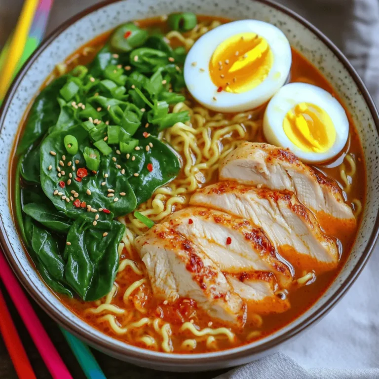 To create a bowl of fiery chicken ramen, gather fresh, quality ingredients. Here’s what you need: - Chicken: 2 boneless, skinless chicken thighs, sliced into strips - Broth: 4 cups chicken broth (low-sodium recommended) - Noodles: 2 packs of instant ramen noodles (discard flavor packets) - Sauces: 2 tablespoons chili paste, 1 tablespoon soy sauce, ½ cup heavy cream, 1 teaspoon sesame oil - Flavorings: 2 garlic cloves, minced; 1 tablespoon olive oil; 1 tablespoon freshly squeezed lemon juice; salt and pepper to taste - Garnishes: 1 cup fresh baby spinach; 1 green onion, thinly sliced; 1 large boiled egg, cut in half; ¼ teaspoon red pepper flakes These ingredients come together to create a spicy, creamy delight. For detailed cooking steps, check the full recipe. To start, season the chicken thighs. Use a mixing bowl to add salt, black pepper, and chili paste. Toss the chicken pieces until each is coated well. Allow the chicken to marinate for about 10 minutes. This step helps lock in flavor. Next, heat olive oil in a large pot over medium heat. Add minced garlic and sauté it for about 1 minute. The garlic should become fragrant but not brown. Then, carefully pour in the chicken broth and add soy sauce. Let this mixture come to a gentle simmer. Once the broth simmers, add the marinated chicken. Stir occasionally as it cooks for 5-7 minutes. This ensures the chicken is fully cooked and tender. The broth will absorb the chicken's flavors, making it even tastier. Now, it's time for the noodles. Add the instant ramen noodles directly into the pot. Cook them according to the package instructions, usually about 3-4 minutes. The noodles will soak up the spicy broth, making them deliciously flavorful. While the noodles cook, whisk the creamy garlic sauce. In a small bowl, combine heavy cream, lemon juice, and sesame oil. Mix until everything is smooth. This sauce adds a rich, creamy layer to your ramen. After the noodles are tender, stir in fresh baby spinach. Let it wilt for about 1 minute. Then, pour the creamy garlic sauce into the pot. Gently mix everything until combined. The result is a beautiful blend of flavors. When ready to serve, ladle the ramen into deep bowls. Top each bowl with a halved boiled egg and sliced green onions. For an extra kick, sprinkle red pepper flakes on top. This dish looks stunning and is sure to impress! [Full Recipe] - Choosing the right chili paste: I love using a good chili paste. It adds real heat and depth. For a milder taste, try gochujang. This Korean paste gives a nice touch without too much burn. - Balancing spice and creaminess: The creamy garlic sauce is key. It helps tone down the heat from the chili paste. Adjust the amount of cream to find your perfect balance. - Tips for perfectly cooked noodles: Start cooking the ramen just as your broth simmers. Follow the package time, usually 3-4 minutes. This keeps noodles tender yet firm. - Ensuring the chicken is tender: Marinate chicken with the chili paste. This helps it stay juicy. Cook until it’s no longer pink, about 5-7 minutes. - Time-saving strategies: Pre-measure your ingredients before starting. It makes cooking smoother and faster. - Pre-preparing elements for quick assembly: You can marinate chicken and make the garlic sauce ahead. This way, you can whip up this dish in no time. For more tips, check the Full Recipe for Fiery Chicken Ramen with Creamy Garlic Sauce. Enjoy cooking! {{image_4}} You can switch proteins easily in this dish. For a light option, try shrimp. Shrimp cooks fast and adds a nice flavor. Tofu is a great choice for a plant-based meal. It soaks up the broth well, too. When it comes to veggies, feel free to mix it up! Try bok choy, mushrooms, or even carrots. Each adds its own taste and texture to your bowl. You can customize based on what you have at home or what you like best. Want less heat? Use less chili paste or soy sauce. You can also add a splash of coconut milk for creaminess without the spice. For those who love heat, add more fresh chili slices or sriracha. Extra toppings can boost the spice, too. Consider adding jalapeños, crushed red pepper, or hot sesame oil. Each bite can become a new adventure! If you're gluten-free, look for rice noodles or buckwheat ramen. These options taste great and fit your diet. Just check the package to ensure they're gluten-free. For a dairy-free creamy sauce, substitute heavy cream with coconut cream or cashew cream. They create a rich flavor without dairy. You won't miss the creaminess at all! For the full recipe, check out the Fiery Chicken Ramen with Creamy Garlic Sauce. To store your Fiery Chicken Ramen with Creamy Garlic Sauce, let it cool first. Place it in a sealed container. This keeps the flavors fresh. Store it in the fridge for up to three days. If you keep it longer, the flavor may fade. When reheating ramen, make sure to keep it tasty. Use a stovetop for the best results. Heat it in a pot over low heat. Add a splash of chicken broth or water to keep it moist. Stir frequently to warm it evenly. If you use a microwave, cover it with a lid. Heat it for one minute at a time, stirring in between. Yes, you can freeze Fiery Chicken Ramen! It’s easy and great for meal prep. Let it cool completely, then put it in a freezer-safe container. If you want to keep the noodles separate, freeze the broth and chicken together. This helps them stay fresh. Use the frozen ramen within three months for the best taste. To make Fiery Chicken Ramen less spicy, you can adjust the chili paste. Use less chili paste or switch to a mild version, like gochujang. Adding more heavy cream also helps cool down the heat. You could also serve the ramen with extra lemon juice, which adds flavor without spice. I recommend using boneless, skinless chicken thighs. They stay juicy and tender during cooking. You can also use chicken breast if you prefer a leaner option. Just remember, thighs add more flavor and richness to the dish. Yes, homemade broth is a great choice. It adds depth and flavor that store-bought broth may lack. To make it, simmer bones with vegetables for several hours. You can also add herbs for extra taste. Homemade broth is healthier and can help you control the salt level. To make the ramen vegetarian, swap chicken for tofu or mushrooms. You can use vegetable broth instead of chicken broth to keep it flavorful. For added protein, try adding edamame or chickpeas. Use the same creamy garlic sauce to keep it rich and satisfying. For the full recipe, check out the complete instructions. In this blog post, we covered the essentials for making Fiery Chicken Ramen. We explored ingredients, preparation steps, and tips for perfecting flavor and texture. You learned how to adjust spice levels and even help with dietary needs. In conclusion, making this dish is not just easy but also fun. With the right ingredients and a few simple tips, you can create a meal everyone will love. Try it out and enjoy your cooking adventure!