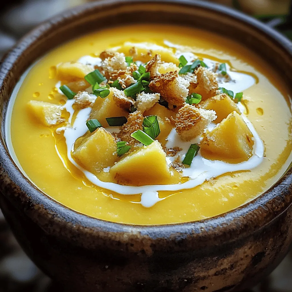- 4 large russet potatoes, peeled and diced into 1-inch cubes - 1 medium onion, finely chopped - 3 cloves garlic, minced - 4 cups vegetable broth - 1 cup sharp cheddar cheese, freshly shredded - 1 cup heavy cream - 1 teaspoon dried thyme - 1 teaspoon smoked paprika - Salt and freshly ground black pepper to taste - 4 green onions, thinly sliced (for garnish) - Croutons (optional, for garnish) When measuring ingredients, be precise for the best flavor. For potatoes, use a kitchen scale if you have one. One large russet potato weighs about 10 to 12 ounces. For liquids like broth and cream, use a measuring cup. Level off dry ingredients with a straight edge for accuracy. If you're missing something, don't worry! Here are some easy swaps: - Potatoes: Try Yukon Gold or red potatoes for a different taste. - Onion: Shallots or leeks work well too. - Garlic: Garlic powder can replace fresh garlic. - Vegetable broth: Chicken broth adds a deeper flavor. - Cheese: Use mozzarella for a milder taste or gouda for a smoky flavor. - Cream: Milk or a plant-based milk can lighten the soup, but it will change the texture. Feel free to mix and match based on what you have! This recipe is all about making it your own while still achieving that rich, cheesy goodness. For the complete recipe, check out the Full Recipe section. Start by getting your slow cooker ready. Add the diced potatoes, chopped onion, and minced garlic to the pot. Make sure they sit evenly in the bottom. Next, pour in the vegetable broth. It should fully cover the veggies. Add the dried thyme and smoked paprika for a nice kick. Season with salt and freshly ground black pepper to taste. Mix everything well to blend the flavors. Now, cover the slow cooker with its lid. You can choose to cook on low for 6 hours or high for 3 hours. The goal is to make the potatoes tender. Check with a fork; they should pierce easily. Cooking on low brings out rich flavors, while high cooks faster. Pick what suits your time best. Once your soup is done, it's time for the fun part! Use a potato masher to gently break down some potatoes. This creates a chunky texture. If you want it creamier, use an immersion blender for a smoother finish. Stir in the heavy cream and shredded sharp cheddar cheese. Mix until the cheese melts completely. Taste and adjust the seasoning if needed. Let it cook on low for an extra 15-20 minutes to thicken. To serve, ladle the soup into bowls. Garnish with freshly sliced green onions and croutons for some crunch. Enjoy your warm, cheesy potato bliss! For the complete recipe, check out the Full Recipe. To boost the taste of your soup, use fresh herbs. Thyme adds warmth. Consider adding a bay leaf during cooking. It deepens the flavor. You can also use chicken broth instead of vegetable broth. This change gives the soup a richer taste. Don’t forget to sauté the onion and garlic before adding them. This step brings out their sweetness. If you want a thicker soup, mash more potatoes. Use a potato masher for a chunky style. For a creamier soup, blend some of it using an immersion blender. This makes it smooth and velvety. For extra creaminess, add more heavy cream or cheese. Just mix it in before serving, so it melts perfectly. Serve your soup hot in a deep bowl. Garnish it with green onions for a fresh touch. Croutons add a fun crunch. You can also drizzle some olive oil or extra cream on top. Pair it with crusty bread for dipping. This makes the meal feel cozy and complete. For a fun twist, offer toppings like bacon bits or fresh herbs. For the complete recipe, check out the Full Recipe. {{image_4}} You can boost the flavor of your cheesy potato soup by adding proteins. Bacon gives a nice smoky taste. Just cook it until crispy, then crumble it into the soup before serving. For ham, you can use leftover pieces. Chop them up and stir them in during the last hour of cooking. If you prefer chicken, use cooked, shredded chicken. Add it in the last 30 minutes to keep it tender and juicy. To make this soup vegetarian or vegan, swap the vegetable broth for a hearty vegetable stock. Use plant-based cream, like cashew or coconut cream, to keep it creamy. For cheese, look for vegan cheese options that melt well. Nutritional yeast can also offer a cheesy flavor without dairy. These changes keep the soup rich and delicious while fitting your dietary needs. You can change the soup's flavor by adding different spices and herbs. Try adding cayenne pepper for a spicy kick. A pinch of nutmeg can add warmth. Fresh herbs, like parsley or chives, can brighten the taste. You can also mix in some cumin for a smoky flavor. Adjust these spices to match your taste buds and enjoy a new twist on this cozy dish. After making your Slow Cooker Cheesy Potato Soup, let it cool first. Store the soup in an airtight container. It will stay fresh for about three to five days in the fridge. If you want to enjoy it later, it’s best to divide it into smaller portions. This way, you can reheat only what you need. If you want to save some soup for later, freezing is a great option. First, let the soup cool completely. Then, spoon it into freezer-safe containers or bags. Leave some space at the top, as the soup will expand when frozen. This soup can last up to three months in the freezer. Remember to label your containers with the date. To reheat your soup, thaw it in the fridge overnight if it’s frozen. You can heat it on the stove over medium heat. Stir it often to prevent sticking. If it seems too thick, add a bit of broth or water. You can also reheat it in the microwave. Use a microwave-safe bowl and cover it loosely. Heat in short bursts, stirring in between, until hot. Enjoy your delicious soup! For the full recipe, check out the Full Recipe section. Yes, you can use other types of potatoes. If you want a creamier texture, try Yukon gold potatoes. They are buttery and smooth. For a firmer bite, use red potatoes. They hold their shape well. Just keep in mind that the flavor may vary slightly. Always peel and cube them to keep it consistent with the recipe. To spice up the soup, add more spices. You can include cayenne pepper or crushed red pepper flakes. Start with a small amount, like 1/4 teaspoon. Then, taste and adjust as needed. Fresh jalapeños are another good option. Just chop them finely and add them in when you mix in the broth. This soup pairs well with many sides. Fresh, crusty bread is a great choice for dipping. A simple green salad can lighten the meal. If you like protein, grilled cheese sandwiches work well too. For a fun twist, serve it with crispy bacon bits on top. You can also check the Full Recipe for more serving ideas. In this blog post, we explored how to make Slow Cooker Cheesy Potato Soup. We looked at the ingredients, measurement guides, and substitutions to help you succeed. I shared step-by-step instructions to prepare your slow cooker, cook on different settings, and add final touches. We also covered tips for flavor, thickness, and serving suggestions. Variations included proteins and vegetarian options. Lastly, I explained storage, freezing, and reheating. With these simple steps and tips, you can create a warm, tasty dish everyone will love. Enjoy making your delicious soup!