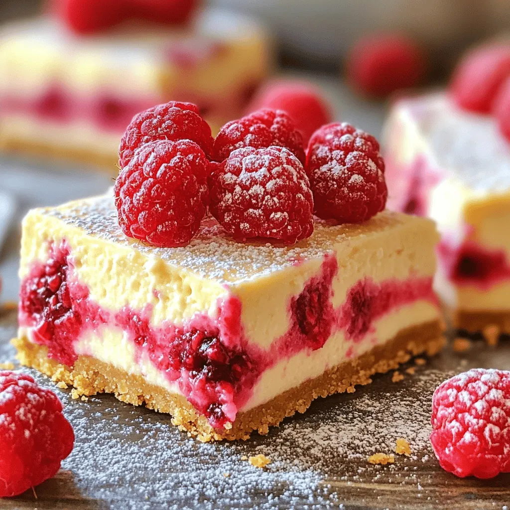 Raspberry Lemon Cheesecake Bars need simple, fresh ingredients. Here’s what you need: - 1 ½ cups graham cracker crumbs - ⅓ cup granulated sugar (for crust) - ½ cup unsalted butter, melted - 16 oz cream cheese, softened - ¾ cup granulated sugar (for filling) - 2 large eggs - 2 tablespoons all-purpose flour - Zest of 1 lemon - ⅓ cup fresh lemon juice - 1 cup fresh raspberries (plus extra for garnish) - 1 teaspoon vanilla extract These ingredients work together to create a creamy and tangy flavor. The graham cracker crust adds a sweet crunch, while the filling is rich and smooth. Using fresh raspberries gives a burst of tangy flavor. The lemon juice and zest brighten everything up. This combination makes the bars a delightful treat. Make sure all ingredients are at room temperature. This step helps to blend the cheesecake filling smoothly. For the best taste, use fresh raspberries. You can find them at local markets or grocery stores. Be ready to enjoy a delicious dessert that is easy to make with these ingredients! For the complete guide on how to put it all together, check the Full Recipe. - Preheat the oven to 325°F (160°C). - Line an 8x8-inch baking pan with parchment paper. First, you want to get your oven nice and warm. Preheating it helps your bars bake evenly. Next, take your baking pan and line it with parchment paper. Let the paper hang over the sides. This makes it easy to lift the bars out later. - Combine graham cracker crumbs, sugar, and melted butter. - Firmly press the mixture into the pan and bake. In a bowl, mix graham cracker crumbs, sugar, and melted butter. Stir until it looks like wet sand. Then, press this mixture firmly into the bottom of the pan. Bake the crust for about 10 minutes. It should be firm but not too brown. - Beat cream cheese and sugar until smooth. - Incorporate eggs, flour, lemon zest, lemon juice, and vanilla. For the filling, beat softened cream cheese and sugar in a large bowl. Use an electric mixer for a smooth texture. Add eggs one by one, mixing well after each. Then, mix in flour, lemon zest, lemon juice, and vanilla. Be careful not to overmix; just blend until combined. - Fold in raspberries and pour filling over the crust. - Bake until set with a slight jiggle. Now, gently fold in the fresh raspberries into your cheesecake mixture. Take your time to keep some raspberries whole. Pour this filling over the baked crust. Spread it evenly. Bake for 25 to 30 minutes. The edges should be firm, while the center has a slight jiggle. - Cool to room temperature and refrigerate. - Cut into bars and garnish with raspberries. After baking, let the bars cool at room temperature for about 30 minutes. Then, place them in the fridge for at least 2 hours. Once fully set, lift the bars out using the parchment paper. Cut them into 16 bars and garnish with extra raspberries for a beautiful finish. For the full recipe, you can refer to the details above. Room temperature ingredients make a big difference. Cream cheese blends better when it is warm. This helps you avoid lumps. Always let your cream cheese sit out for about 30 minutes before you start. Be careful not to overmix the filling. Mixing too much can add too much air. This can make your cheesecake puffy instead of smooth. Mix just until you see no more dry spots. Check for doneness without overbaking. The edges should be firm, but the center should jiggle slightly. This means your bars will set up perfectly as they cool. To avoid cracks, bake at a low temperature. You can also place a pan of water in the oven. This adds moisture and keeps the cheesecake from drying out. Garnish your bars for a beautiful look. Fresh raspberries on top add color and freshness. A dusting of powdered sugar can make them look elegant too. For serving, consider cutting them into small squares. These make great finger foods for parties. Pair them with whipped cream for a tasty treat! {{image_4}} You can change the flavor of these cheesecake bars easily. Swapping raspberries for other fruits works great. Try strawberries, blueberries, or peaches for a fresh twist. Each fruit brings its unique taste and color. Adding chocolate or caramel layers can also enhance the bars. Drizzling melted chocolate on top adds sweetness and richness. For a caramel layer, pour it over the filling before you bake. It gives a nice contrast to the tangy lemon flavor. If you need a gluten-free option, you can make a simple crust. Use gluten-free graham crackers instead of regular ones. Crush them and mix with sugar and butter. This makes a tasty base for your cheesecake. For vegan adaptations, swap out the cream cheese with a plant-based version. There are many good vegan cream cheeses on the market. Use flax eggs instead of real eggs to help bind the filling. This way, you can enjoy cheesecake while sticking to your diet. For the Full Recipe, check the recipe section above. To keep your Raspberry Lemon Cheesecake Bars fresh, store them in the fridge. Place the bars in an airtight container. Make sure to separate layers with parchment paper. This helps prevent sticking. If you want to freeze them, wrap each bar tightly in plastic wrap. Then, place them in a freezer-safe bag. This keeps them tasty for later. Fresh bars last about 5 days in the fridge. If you freeze them, they can stay good for up to 3 months. Just remember to thaw them in the fridge before serving. For more details, check out the Full Recipe. Enjoy your delicious treat! Raspberry lemon cheesecake bars stay fresh for about five days in the fridge. Store them in an airtight container to keep them from drying out. This helps maintain their creamy texture and bright flavor. Yes, you can make these bars ahead of time. They taste great when made a day or two before you serve them. Just chill them in the fridge after baking. This lets the flavors meld, making each bite even better. To slice cheesecake bars neatly, use a sharp knife. Dip the knife in hot water before cutting. Wipe it clean after each slice. This method helps you get clean edges. You can also chill the bars before slicing for easier cutting. Yes, you can use frozen raspberries. They work well in the recipe. Just remember to thaw and drain them first to avoid excess moisture. This keeps the cheesecake bars from becoming too watery. Enjoy the lovely flavor they add! You learned how to make delicious Raspberry Lemon Cheesecake Bars from scratch. We covered the key ingredients and step-by-step instructions to guide you. Remember the importance of room temperature ingredients and not overmixing for the best texture. Whether you stick to the recipe or try a fun variation, these bars will impress. Store extras properly for fresh taste. Enjoy making these treats for yourself or your friends!