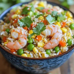 - 1 cup jasmine rice, cooked and cooled - 12 oz shrimp, peeled and deveined - 2 tablespoons vegetable oil - 2 large eggs, lightly beaten - 1 cup mixed vegetables (peas, carrots, and corn) - 3 green onions, finely sliced - 2 cloves garlic, minced - 2 tablespoons soy sauce - 1 tablespoon sesame oil - 1 teaspoon fresh ginger, grated - Salt and pepper, to taste - Fresh cilantro, for garnish (optional) In this shrimp fried rice recipe, each ingredient plays a key role. Jasmine rice gives a soft and fragrant base. The shrimp adds protein and a touch of sweetness. The eggs provide richness and help bind everything together. Mixed vegetables add color and nutrients. Garlic and ginger bring a punch of flavor. Soy sauce and sesame oil enhance the taste, making it savory and delicious. Fresh green onions add a crunchy finish. You can also use cilantro for a fresh touch. This combination creates a balanced dish that is easy to make and satisfying. For the full recipe, check out Shrimp Fried Rice Delight. Enjoy cooking! - Heat 1 tablespoon of vegetable oil in a skillet over medium-high heat. - Once the oil is hot, add the shrimp. Cook them for about 2-3 minutes. - The shrimp should turn pink and opaque. Remove them and set aside on a plate. - In the same skillet, pour in the beaten eggs. - Stir and cook until they are fluffy and fully cooked, about 2 minutes. - Remove the eggs and combine them with the shrimp on the plate. - Add the remaining tablespoon of vegetable oil to the skillet. - Sprinkle in the minced garlic and grated ginger. Sauté for about 30 seconds. - Next, add the mixed vegetables and stir-fry for 3-4 minutes. They should be tender yet vibrant. - Lower the heat to medium. Add the cooked jasmine rice to the skillet. - Use your spatula to break up any rice clumps and mix well. - Drizzle soy sauce and sesame oil over the rice, mixing thoroughly. - Fold in the cooked shrimp and scrambled eggs gently into the rice mixture. - Toss in the sliced green onions, seasoning with salt and pepper to taste. - Cook for an additional 2-3 minutes, stirring occasionally, until everything is heated through. For the full recipe, check out the detailed instructions above. Enjoy your cooking! - Use day-old rice for better texture. Fresh rice can be too sticky. - Prep your ingredients before you cook. This makes the cooking fast and easy. - Consider adding chili flakes for heat. This adds a nice kick to the dish. - Experiment with different soy sauce types. Light soy sauce is saltier, while dark soy sauce adds depth. - Use a wok for high heat and quick cooking. This helps the rice fry properly. - Stir-frying in batches prevents overcrowding. This keeps everything cooking evenly, making sure nothing steams. By following these tips, you can create a shrimp fried rice that is both tasty and well-textured. For the full recipe, check out the Shrimp Fried Rice Delight. Enjoy your cooking! {{image_4}} You can easily change the main protein in this dish. If you don’t want shrimp, use chicken or tofu. Both options taste great and fit well. Tofu provides a nice texture, while chicken adds a hearty flavor. For people with gluten issues, choose gluten-free soy sauce. This small swap keeps the dish safe for everyone. Let’s talk about spices! Adding curry powder can give your fried rice an Asian fusion twist. This change creates a whole new taste experience. Feel free to swap in different veggies too. Seasonal vegetables, like bell peppers or snap peas, can brighten up your dish and add color. Using fresh ingredients makes a big difference. Want to make it more exciting? Try adding Thai or Vietnamese sauces. These sauces bring unique flavors that change the whole dish. You can also add tropical fruits like pineapple. The sweetness of pineapple contrasts nicely with savory shrimp. This addition can surprise your taste buds and make your meal special. For more ideas, check out the Full Recipe for Shrimp Fried Rice Delight! To keep your shrimp fried rice fresh, let it cool completely. This step is key to avoid excess moisture. Once cooled, place the fried rice in an airtight container. Store it in the fridge. This way, it can stay tasty for later meals. When it's time to enjoy your leftovers, reheat in a skillet. This method helps keep the texture nice. Add a splash of water while reheating. This keeps the rice moist and delicious. Stir frequently to ensure even heating. Refrigerated fried rice should be eaten within 3-4 days. Always check for any signs of spoilage before eating. If the rice was frozen before, avoid refreezing. This helps maintain quality and flavor. Enjoy your shrimp fried rice, knowing it's safe and tasty! Yes, just make sure to thaw and drain them properly. Frozen shrimp can work well. Just remember to pat them dry. This helps keep your fried rice from getting too watery. Jasmine rice is ideal for its texture and flavor, but you can also use long-grain rice. Jasmine rice gives a nice aroma and a slight stickiness. Long-grain rice can also work if you prefer less chewiness. Absolutely! Omit the shrimp and eggs, and add additional vegetables or tofu. This way, you keep all the flavor. Try adding bell peppers or snap peas for extra crunch. Use cooled or day-old rice and ensure each grain is separated during cooking. Freshly cooked rice can clump together. Cooling it helps it firm up, making your fried rice fluffy and tasty. This recipe for shrimp fried rice packs great flavor and simple steps. Using jasmine rice and fresh veggies, you get the best taste. The tips help you create the perfect texture. You can also make it your own by swapping out ingredients. Whether you prefer chicken or tofu, this dish is flexible. Storing and reheating leftovers keeps the meal fresh. Enjoy cooking and sharing your delicious shrimp fried rice with family and friends!