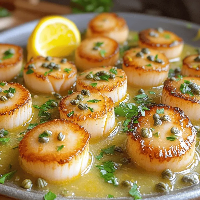 - 1 pound fresh sea scallops, thoroughly patted dry - 2 tablespoons extra virgin olive oil - 1 tablespoon unsalted butter - Salt and freshly ground black pepper, to taste - 2 garlic cloves, finely minced - 1 tablespoon capers, rinsed and drained - Juice and zest of 1 large lemon - 1 tablespoon fresh parsley, roughly chopped The key to great pan-seared scallops lies in the quality of your ingredients. Fresh sea scallops are a must. They should feel firm and smell like the ocean. For this recipe, you'll need just a pound, which serves two people well. The olive oil adds richness. It’s best to use extra virgin olive oil for that robust flavor. You'll also need unsalted butter. This adds creaminess to your sauce and enhances the scallops' taste. Seasoning is simple but essential. Use salt and freshly ground black pepper to bring out the natural flavors. Garlic adds depth, while capers give a nice briny touch. These little green buds pack a punch and balance the scallops' sweetness. To finish it off, lemon juice and zest brighten the dish. They give freshness and a zesty kick. Finally, a sprinkle of fresh parsley adds a pop of color and a hint of earthiness. You can find the full recipe [here]. Enjoy cooking this delightful dish! 1. Start by seasoning the scallops. Use salt and pepper on both sides. This step adds flavor to the scallops. Make sure to coat them evenly. 2. Next, heat your skillet. Pour in the extra virgin olive oil over medium-high heat. Wait until the oil shimmers. This shows it is hot enough for cooking. 1. Now, place the scallops in the skillet. Ensure they are in a single layer. Leave some space between each one. This helps them sear well. 2. Cook the scallops for about 2-3 minutes. Do not flip them yet. Look for a golden brown crust. Once they look good, flip them over. Cook for another 2-3 minutes. They should be opaque in the center when done. Remove them from the skillet and keep warm. 1. In the same skillet, lower the heat slightly. Add the unsalted butter and let it melt. Stir gently and scrape the bottom of the pan. This adds extra flavor to your sauce. 2. Now, add the minced garlic to the melted butter. Cook it for about 30 seconds. Stir often to avoid burning. You want it fragrant but not brown. 3. Next, add the capers, lemon juice, and zest to the skillet. Stir well and cook for another minute. This helps blend all the flavors. 4. Off the heat, mix in the chopped parsley. This adds a fresh touch to your sauce. 5. Finally, return the scallops to the skillet. Spoon the lemon caper sauce over them. Warm them for about one more minute. You can find the complete instructions in the Full Recipe. Enjoy your delicious dish! To get a nice sear on your scallops, start by drying them well. Pat them dry with paper towels to remove moisture. This step is key. Moisture will steam the scallops instead of searing them. A good sear gives a great taste and texture. Let the scallops rest for about 15 minutes before cooking. This time allows them to warm up and ensures even cooking. Cold scallops can cook unevenly, leading to a rubbery texture. You can switch up the herbs for more flavor. Try using fresh dill or tarragon as alternatives. These herbs can add unique notes to your dish. For seasoning, consider adding a pinch of red pepper flakes for heat. You can also try smoked paprika for a different depth of flavor. Both options can elevate your scallops in fun ways. Plating is important. Arrange the scallops in a circle on each plate. This layout looks appealing and inviting. Use a shallow bowl or a large plate for serving. A white dish contrasts nicely with the vibrant sauce. Drizzle the lemon caper sauce over the scallops. A garnish of fresh parsley and a lemon wedge adds a splash of color. For more details, please refer to the Full Recipe. {{image_4}} You can serve pan-seared scallops with many sides. I love pairing them with asparagus. Asparagus adds a nice crunch and freshness. You can also try creamy risotto. The risotto gives a rich texture that contrasts with the scallops. If you want something different, serve the scallops over pasta. The sauce clings to the noodles for a tasty bite. You can also add scallops to a salad. A fresh salad brightens the meal and adds a healthy touch. If you don't have scallops, you can use shrimp. Shrimp cooks quickly and has a sweet flavor. You can also try fish like cod or halibut. Both will soak up the lemon caper sauce well. For a twist, swap the lemon for lime. The lime gives a zesty kick and a different taste. It adds a fun twist to the dish while keeping it bright. To make this recipe gluten-free, skip any sauces with gluten. The main ingredients are already gluten-free. You can also make low-calorie adjustments. Use less butter or oil when cooking the scallops. This reduces calories but keeps the dish tasty. For the full recipe, check the details above. After enjoying your pan-seared scallops, let any leftovers cool down to room temperature. Place them in a sealed container. This keeps them fresh and safe to eat. You can store them in the fridge for up to two days. Remember, the sooner you eat them, the better they taste. You can freeze cooked scallops if you want to save them for later. First, let them cool completely. Then, place them in an airtight bag or container. Make sure to remove as much air as possible. This helps prevent freezer burn. You can freeze them for up to three months. To reheat, simply thaw in the fridge overnight. Then, warm them in a skillet over low heat until they are hot. Store the lemon caper sauce separately from the scallops. Place it in a small jar or container with a lid. It can last in the fridge for up to one week. To keep the flavor fresh, don’t heat it before storing. When ready to use, reheat gently on low heat to maintain its taste. For the best results, use it within three days for maximum flavor. For the complete recipe, check the full recipe to enjoy this delightful dish! You can check if scallops are done by looking at their color and feel. Cooked scallops should look opaque and firm. The center should not be shiny or translucent. A good way to test is to press gently with a fork. If they feel firm, they are ready. Yes, you can make the lemon caper sauce ahead of time. This helps save time when you cook. Just let the sauce cool and store it in the fridge. When ready, gently reheat it in a pan. This way, you can enjoy a quick meal without rushing. You can serve pan-seared scallops with many sides. Some tasty choices include: - Creamy risotto - Garlic sautéed asparagus - Light salad with lemon vinaigrette - Roasted vegetables Each of these pairs well with the scallops and enhances the meal. Yes, this recipe is great for beginners. It uses simple steps and easy-to-find ingredients. Here are some tips: - Make sure to dry the scallops well. This helps them sear better. - Watch the cooking time closely. Don’t overcook them! - Practice plating. Arrange the dish nicely for a beautiful finish. With these tips, you’ll impress everyone with your cooking skills! For more details, check the full recipe. In this post, we explored how to make delicious pan-seared scallops with a lemon caper sauce. You learned about the key ingredients, from fresh sea scallops to the zesty touches that enhance flavor. I provided step-by-step instructions for perfecting your cooking technique, plus tips to elevate your dish further. Remember, you can easily adapt this recipe to fit your taste and diet. Enjoy cooking scallops as a fun and tasty dish that impresses everyone. It's a simple recipe that brings gourmet dining to your kitchen.