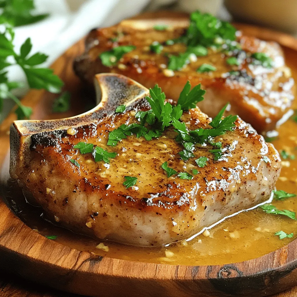 - 4 bone-in pork chops (approximately 1 inch thick) - 4 cloves garlic, finely minced - 1 tablespoon fresh rosemary, finely chopped - 1 tablespoon fresh thyme, finely chopped - 2 tablespoons extra virgin olive oil - 1 teaspoon smoked paprika - Sea salt and freshly cracked black pepper - 2 tablespoons unsalted butter, cut into pieces - 1 cup low-sodium chicken broth - 1 tablespoon freshly squeezed lemon juice - Fresh parsley, chopped, for garnish - Large skillet - Mixing bowl - Measuring spoons - Meat thermometer When I cook pork chops with garlic sauce, I focus on using fresh ingredients. The garlic packs a punch, making the dish lively. The herbs add depth, and olive oil keeps everything moist. Smoked paprika gives a slight kick that blends well with the garlic. I love using bone-in pork chops for added flavor. They stay juicier and taste better than boneless chops. For seasoning, I always use sea salt and black pepper. They enhance the natural taste of the meat. Unsalted butter helps create a rich sauce, while chicken broth adds a savory base. A splash of lemon juice brightens the dish, making each bite fresh. Finally, fresh parsley gives a pop of color and flavor. Don't forget the right tools! A large skillet is key for browning the pork chops. A mixing bowl helps combine your marinade. Measuring spoons ensure you use the right amounts. A meat thermometer is a must to check if your chops are cooked through. This recipe is easy to follow. Grab all these ingredients, and you will be ready to make a comforting dinner delight. For the full recipe, check the section below. To start, gather your ingredients. You need garlic, herbs, olive oil, and spices. Combine them in a bowl. Mix well to make a flavorful paste. Then, rub this mixture all over the pork chops. Make sure they are fully coated for great taste. For the best flavor, marinate them for at least 30 minutes. If you have time, refrigerate them for up to 2 hours. This enhances the taste even more. Next, it's time to sear the chops. Preheat a large skillet over medium-high heat. Make sure the skillet is hot before adding the pork. Place the marinated chops in the skillet, ensuring they do not touch. Sear them for about 4 to 5 minutes on each side. You want a nice golden-brown crust. When flipping, use tongs to avoid piercing the meat. This keeps the juices inside. Once the chops are seared, it's time to add broth. Carefully pour the chicken broth into the skillet. Use a spatula to scrape up the browned bits from the bottom. These bits add great flavor. Bring the broth to a gentle simmer. This step is key for blending the flavors. Cover the skillet and let it simmer for 8 to 10 minutes. You want the pork to reach an internal temperature of 145°F. This makes the meat tender. Now, let’s create the sauce. Once the pork is cooked, transfer it to a plate. Let it rest for a few minutes. In the skillet, stir in the cold butter and lemon juice. Mix until the butter melts and the sauce becomes smooth. This adds richness and flavor to the dish. Resting the meat is important for juiciness. For plating, arrange the pork chops on a serving platter. Drizzle the garlic-infused sauce over the top. Garnish with fresh parsley for a pop of color. This makes the dish look inviting. You can serve it with sautéed green beans or a light salad. A few lemon wedges on the side add a fresh touch. Enjoy your delicious pork chops with garlic sauce! For the complete recipe, check the [Full Recipe]. - To avoid dry pork chops, I suggest marinating them first. A good marinade keeps the meat juicy and adds flavor. Let the pork chops sit in the marinade for at least 30 minutes. - The ideal internal temperature for pork chops is 145°F (63°C). Use a meat thermometer to check this. This ensures the pork is safe to eat and still tender. - After cooking, let the pork chops rest for a few minutes. This helps keep the juices inside the meat. If you skip this step, the juices run out when you cut into it. - You can add spices like cumin or coriander for a twist. These spices bring a warm flavor that pairs well with garlic. - If you want an alternative marinade, try soy sauce and honey. This mix gives a nice sweet and salty flavor that enhances the pork. - To tweak the garlic flavor, consider roasting the garlic before adding it to the sauce. Roasted garlic has a sweeter, milder taste that can really elevate your dish. - Grilling pork chops gives them a smoky flavor. If you like grill marks, this is your best option. - If you prefer using an oven, preheat it to 375°F (190°C). Place the seared chops in an oven-safe dish and cook until they reach the right temperature. - For a slow-cooking method, place the pork chops in a slow cooker with the garlic sauce. Cook on low for 6-8 hours. This method makes the pork very tender and flavorful. For the full recipe, check the earlier section. {{image_4}} When it comes to pork chops, you have choices. You can go for bone-in or boneless. Bone-in cuts often have more flavor. They also stay juicy during cooking. Boneless options are leaner and cook faster. You can also use different pork cuts like pork loin. Pork loin is tender and cooks well in garlic sauce. Just remember, thicker cuts need more time to cook. Adjust your cooking time to about 10 minutes more for a thick chop. If you're gluten-free, you can still enjoy this dish. Use gluten-free broth or stock for the sauce. Check labels, as some products may contain gluten. For a low-sodium option, choose low-sodium broth. This helps to control your salt intake without losing flavor. You can also skip the added salt entirely. Dairy-free variations are easy too. Instead of butter, use olive oil in the sauce. It keeps the dish rich and tasty without dairy. Want to add some flair to your pork chops? Try Asian-inspired flavors. Add soy sauce and ginger to the marinade for a tasty twist. For a Mediterranean vibe, use herbs like oregano and basil. Pair these with lemon for a fresh taste. You can also go for a Mexican kick. Add chili powder and cumin to the garlic mix. This adds warmth and depth to the dish. For more ideas, check the Full Recipe and explore the variations you can make! To store cooked pork chops, place them in an airtight container. This keeps them fresh and tasty. Store them in the fridge for up to three days. The ideal fridge temperature is 40°F (4°C) or lower. This helps prevent any bacteria from growing. For freezing pork chops, wrap them well in plastic wrap or foil. Place the wrapped chops in a freezer-safe bag. Remove as much air as possible to prevent freezer burn. You can freeze them for up to three months. When ready to eat, thaw in the fridge overnight. This keeps the meat safe and tasty. To reheat pork chops, use an oven or skillet. Preheat the oven to 350°F (175°C). Place the chops in a baking dish, cover with foil, and heat for about 15-20 minutes. This helps keep the meat moist. If using a skillet, add a splash of chicken broth to keep them juicy. To refresh the garlic sauce, warm it gently in a small pan. Stir in some butter to bring back its rich flavor. Enjoy your delicious pork chops again! I suggest marinating pork chops for at least 30 minutes. This time helps the flavors soak in well. If you have more time, refrigerate them for up to 2 hours. This will deepen the taste even more. However, avoid marinating for too long. If you leave them too long, the meat can become mushy. This is due to the acids breaking down the proteins. The USDA recommends cooking pork to an internal temperature of 145°F (63°C). This ensures the pork is safe to eat and remains juicy. I always use a meat thermometer to check the temperature. It helps avoid undercooking or overcooking the meat. Insert the thermometer into the thickest part of the chop for an accurate reading. Yes, you can use other meats for this garlic sauce. Chicken thighs or breasts work well. They also absorb the garlic flavor nicely. Beef cuts like sirloin or tenderloin can be great too. Just remember to adjust the cooking times based on the meat you choose. Chicken usually cooks faster than pork, while beef may need more time. To make this dish low-calorie, use lean cuts of pork or chicken. You can also swap out butter for a lighter oil, like avocado oil. Reducing the amount of oil used in the marinade helps too. Instead of chicken broth, consider using a low-sodium broth. This keeps the flavor but cuts down on calories. Adding more herbs can also boost flavor without extra calories. In this article, we covered how to cook bone-in pork chops with garlic and herbs. We explored key ingredients, step-by-step instructions, and cooking tips to achieve juicy results. Remember, the right seasoning and resting time make a big difference. Feel free to experiment with flavors and variations to suit your taste. Whether you grill, pan-sear, or use an oven, you can enjoy delicious pork chops at home. Your culinary journey starts here, so dive in and enjoy every bite!