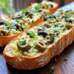 - 1 large French baguette - 1 cup pitted green olives, finely chopped - 1 cup pitted black olives, finely chopped - 2 cups shredded mozzarella cheese - 1 cup crumbled feta cheese - 3 tablespoons extra virgin olive oil - 2 cloves garlic, minced - 1 teaspoon dried oregano - 1 teaspoon red pepper flakes (optional) - Salt and freshly cracked black pepper to taste - Fresh parsley for garnish Using these ingredients, you can create a delicious Olive Cheese Bread appetizer. The combination of olives and cheese makes a rich flavor. I love how the green and black olives blend together. The mozzarella provides a gooey texture, while the feta adds a nice tang. The extra virgin olive oil enhances the taste and helps mix the ingredients. Garlic gives a nice aroma and flavor kick. You can add red pepper flakes if you want some heat. Always season with salt and pepper to bring out the flavors. Fresh parsley not only adds color but also a fresh taste. I like to chop it finely and sprinkle it on top just before serving. This mix of ingredients is simple but creates a fantastic dish. For the full experience, check out the [Full Recipe]. Enjoy every bite of this tasty delight! - Preheat the oven to 375°F (190°C). - Slice the baguette in half lengthwise. Cut each half into pieces about 3-4 inches long. Place them cut-side up on a baking sheet lined with parchment paper. - In a bowl, mix the chopped green and black olives. - Add the shredded mozzarella, crumbled feta, minced garlic, and olive oil. - Season with dried oregano, red pepper flakes, salt, and black pepper. Mix well until all is combined. - Spread the olive and cheese mixture on each baguette slice. Make sure they are well-covered. - Place the baking sheet in the oven and bake for 15-20 minutes. Look for bubbly cheese and a golden edge. Don't forget to check out the Full Recipe for all details! To make your olive cheese bread even better, consider adding fresh herbs. Basil, thyme, or rosemary add a punch. You can also mix in sun-dried tomatoes for a touch of sweetness. For some heat, sprinkle in red pepper flakes or chopped jalapeños. For toasting bread perfectly, keep an eye on the oven. Check at the 12-minute mark. You want it crispy but not burnt. Using a baking stone can help, too. It distributes heat evenly for a great crust. When serving, think about presentation. Use a rustic wooden board to show off the bread. Cut it into bite-sized pieces for easy sharing. Sprinkle fresh parsley on top for a colorful finish. You can also add a small bowl of olives on the side. This makes the dish feel more complete. Pair your olive cheese bread with a light salad or a dip. A fresh tomato salsa or a zesty hummus works well. To get the best cheese texture, use a mix of cheeses. Mozzarella melts well, while feta adds a nice tang. Make sure to spread the cheese mixture thickly. This helps it stay creamy inside while the top gets crispy. To prevent sogginess, avoid overloading the bread with the filling. Ensure the olives are well-drained before mixing. If the mixture is too wet, it can make the bread mushy. For the full recipe, check out Olive Cheese Bread Extravaganza. {{image_4}} You can switch up the cheese in this recipe. Try cheddar for a sharp taste. Goat cheese adds a creamy twist that many enjoy. For those who need dairy-free options, use vegan cheese. These alternatives melt well and still taste great. Olives come in many types. You can use Kalamata olives for a rich flavor. Try green olives for a milder taste. You can also add roasted red peppers to give a sweet, smoky flavor. Sun-dried tomatoes bring a chewy texture and tangy taste. Mix and match to find your favorite combo! Serve the olive cheese bread on a big platter. Cut the bread into small pieces for easy sharing. You can also add dips like hummus or a yogurt spread. This adds more flavors and fun to your meal. Guests will love trying different combinations! To keep your leftover olive cheese bread fresh, store it in an airtight container. This method helps maintain moisture and flavor. You can also wrap the bread in plastic wrap or foil. Make sure it is tightly sealed. When reheating, I suggest using the oven. Preheat it to 350°F (175°C). Place the bread on a baking sheet. Heat for about 10 minutes. This method warms the bread without making it soggy. Avoid the microwave; it can ruin the texture. You can freeze olive cheese bread before or after baking. If freezing before baking, assemble the bread as directed. Wrap it well in plastic wrap and then place it in a freezer bag. This way, it stays fresh for up to three months. To freeze after baking, let the bread cool completely. Then, wrap it tightly in plastic wrap and place it in a freezer bag. When you’re ready to enjoy it, thaw in the fridge overnight. Reheat as mentioned earlier. This way, you can enjoy the delicious flavors anytime! For detailed cooking instructions, check the Full Recipe. Making Olive Cheese Bread is quick and easy. It takes about 10 minutes to prep. The cooking time is around 15 to 20 minutes. So, you can enjoy this tasty treat in just 30 minutes! Yes, you can prepare it in advance. You can mix the olive and cheese filling a few hours before. Store it in the fridge until you are ready to bake. Just spread the filling on the bread and bake when guests arrive. Yes, this recipe fits a vegetarian diet. It uses olives, cheese, and bread, which are all vegetarian. Just check that your cheese choices are rennet-free if you want to stay strictly vegetarian. You can find the Olive Cheese Bread Extravaganza recipe for detailed instructions. This will help you create this simple and tasty delight with ease. This blog post covered the tasty Olive Cheese Bread recipe. We discussed the key ingredients, including olives, cheeses, and seasonings. I shared step-by-step instructions for making, baking, and serving this delicious dish. Plus, I offered tips for variation and storage. You can easily customize this recipe to fit your taste. Enjoy making it for friends, family, or yourself! This dish is sure to impress. Happy cooking!