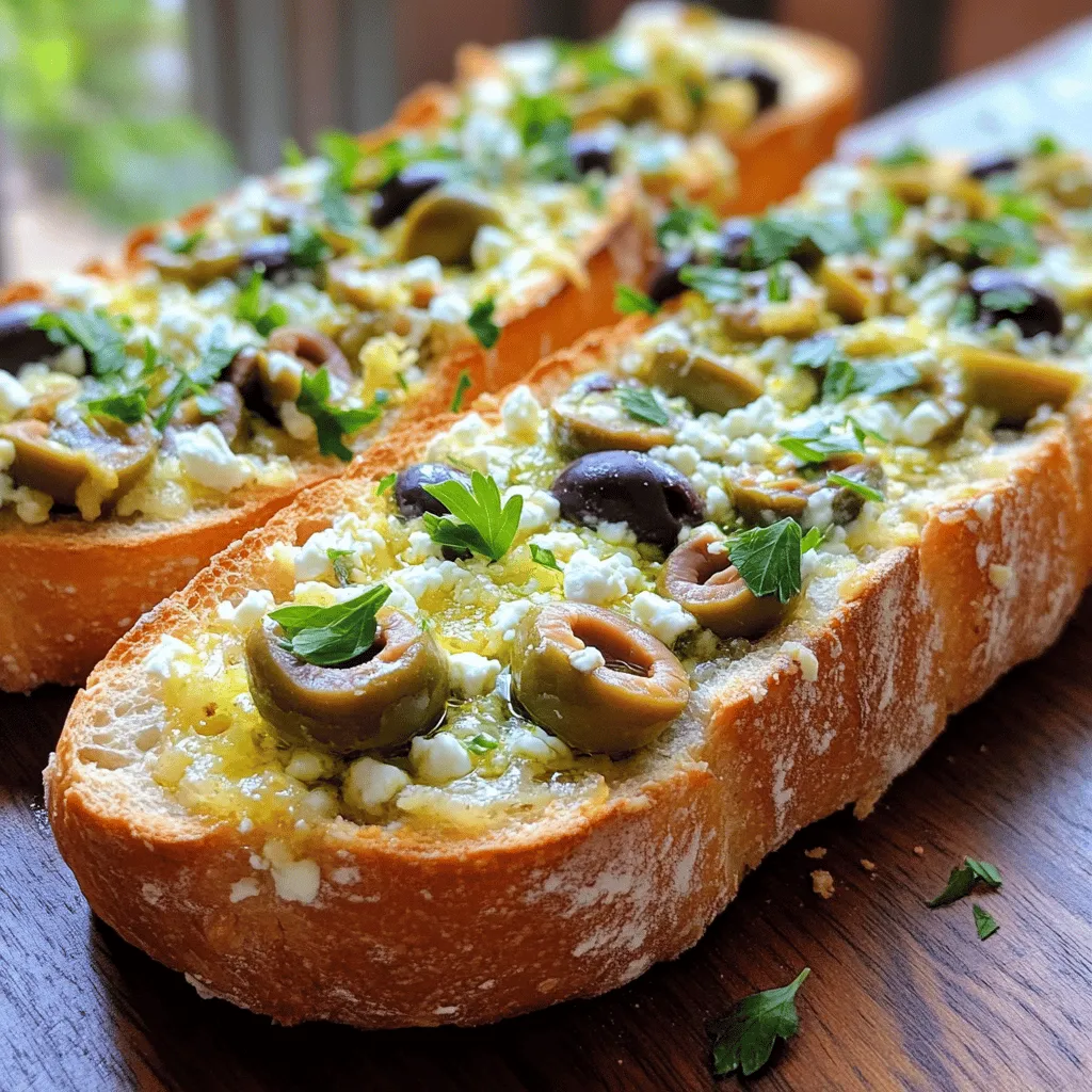 - 1 large French baguette - 1 cup pitted green olives, finely chopped - 1 cup pitted black olives, finely chopped - 2 cups shredded mozzarella cheese - 1 cup crumbled feta cheese - 3 tablespoons extra virgin olive oil - 2 cloves garlic, minced - 1 teaspoon dried oregano - 1 teaspoon red pepper flakes (optional) - Salt and freshly cracked black pepper to taste - Fresh parsley for garnish Using these ingredients, you can create a delicious Olive Cheese Bread appetizer. The combination of olives and cheese makes a rich flavor. I love how the green and black olives blend together. The mozzarella provides a gooey texture, while the feta adds a nice tang. The extra virgin olive oil enhances the taste and helps mix the ingredients. Garlic gives a nice aroma and flavor kick. You can add red pepper flakes if you want some heat. Always season with salt and pepper to bring out the flavors. Fresh parsley not only adds color but also a fresh taste. I like to chop it finely and sprinkle it on top just before serving. This mix of ingredients is simple but creates a fantastic dish. For the full experience, check out the [Full Recipe]. Enjoy every bite of this tasty delight! - Preheat the oven to 375°F (190°C). - Slice the baguette in half lengthwise. Cut each half into pieces about 3-4 inches long. Place them cut-side up on a baking sheet lined with parchment paper. - In a bowl, mix the chopped green and black olives. - Add the shredded mozzarella, crumbled feta, minced garlic, and olive oil. - Season with dried oregano, red pepper flakes, salt, and black pepper. Mix well until all is combined. - Spread the olive and cheese mixture on each baguette slice. Make sure they are well-covered. - Place the baking sheet in the oven and bake for 15-20 minutes. Look for bubbly cheese and a golden edge. Don't forget to check out the Full Recipe for all details! To make your olive cheese bread even better, consider adding fresh herbs. Basil, thyme, or rosemary add a punch. You can also mix in sun-dried tomatoes for a touch of sweetness. For some heat, sprinkle in red pepper flakes or chopped jalapeños. For toasting bread perfectly, keep an eye on the oven. Check at the 12-minute mark. You want it crispy but not burnt. Using a baking stone can help, too. It distributes heat evenly for a great crust. When serving, think about presentation. Use a rustic wooden board to show off the bread. Cut it into bite-sized pieces for easy sharing. Sprinkle fresh parsley on top for a colorful finish. You can also add a small bowl of olives on the side. This makes the dish feel more complete. Pair your olive cheese bread with a light salad or a dip. A fresh tomato salsa or a zesty hummus works well. To get the best cheese texture, use a mix of cheeses. Mozzarella melts well, while feta adds a nice tang. Make sure to spread the cheese mixture thickly. This helps it stay creamy inside while the top gets crispy. To prevent sogginess, avoid overloading the bread with the filling. Ensure the olives are well-drained before mixing. If the mixture is too wet, it can make the bread mushy. For the full recipe, check out Olive Cheese Bread Extravaganza. {{image_4}} You can switch up the cheese in this recipe. Try cheddar for a sharp taste. Goat cheese adds a creamy twist that many enjoy. For those who need dairy-free options, use vegan cheese. These alternatives melt well and still taste great. Olives come in many types. You can use Kalamata olives for a rich flavor. Try green olives for a milder taste. You can also add roasted red peppers to give a sweet, smoky flavor. Sun-dried tomatoes bring a chewy texture and tangy taste. Mix and match to find your favorite combo! Serve the olive cheese bread on a big platter. Cut the bread into small pieces for easy sharing. You can also add dips like hummus or a yogurt spread. This adds more flavors and fun to your meal. Guests will love trying different combinations! To keep your leftover olive cheese bread fresh, store it in an airtight container. This method helps maintain moisture and flavor. You can also wrap the bread in plastic wrap or foil. Make sure it is tightly sealed. When reheating, I suggest using the oven. Preheat it to 350°F (175°C). Place the bread on a baking sheet. Heat for about 10 minutes. This method warms the bread without making it soggy. Avoid the microwave; it can ruin the texture. You can freeze olive cheese bread before or after baking. If freezing before baking, assemble the bread as directed. Wrap it well in plastic wrap and then place it in a freezer bag. This way, it stays fresh for up to three months. To freeze after baking, let the bread cool completely. Then, wrap it tightly in plastic wrap and place it in a freezer bag. When you’re ready to enjoy it, thaw in the fridge overnight. Reheat as mentioned earlier. This way, you can enjoy the delicious flavors anytime! For detailed cooking instructions, check the Full Recipe. Making Olive Cheese Bread is quick and easy. It takes about 10 minutes to prep. The cooking time is around 15 to 20 minutes. So, you can enjoy this tasty treat in just 30 minutes! Yes, you can prepare it in advance. You can mix the olive and cheese filling a few hours before. Store it in the fridge until you are ready to bake. Just spread the filling on the bread and bake when guests arrive. Yes, this recipe fits a vegetarian diet. It uses olives, cheese, and bread, which are all vegetarian. Just check that your cheese choices are rennet-free if you want to stay strictly vegetarian. You can find the Olive Cheese Bread Extravaganza recipe for detailed instructions. This will help you create this simple and tasty delight with ease. This blog post covered the tasty Olive Cheese Bread recipe. We discussed the key ingredients, including olives, cheeses, and seasonings. I shared step-by-step instructions for making, baking, and serving this delicious dish. Plus, I offered tips for variation and storage. You can easily customize this recipe to fit your taste. Enjoy making it for friends, family, or yourself! This dish is sure to impress. Happy cooking!