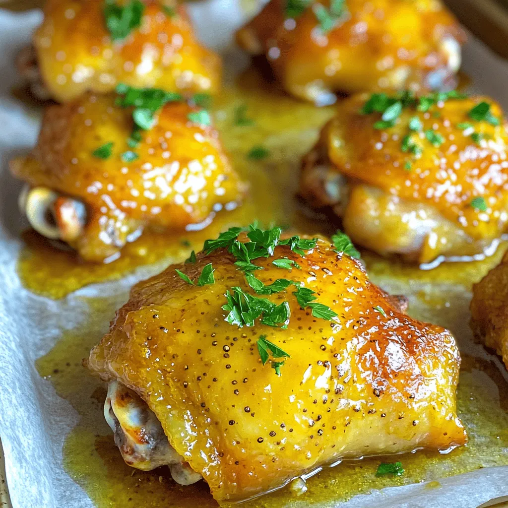 - Chicken thighs: I love using bone-in, skin-on chicken thighs. They stay juicy and tender when cooked. The skin adds crispiness, which we all crave. - Honey: Honey is the star of this dish. It brings sweetness and caramelizes beautifully. This pairs well with the tangy mustard. - Mustard varieties: For this recipe, I use Dijon mustard and whole grain mustard. Dijon adds a smooth, sharp flavor, while whole grain brings texture and a milder taste. - Additional seasonings: I add minced garlic for depth and dried thyme for earthiness. Apple cider vinegar brightens the marinade, balancing flavors. Salt and pepper enhance everything, making each bite pop. These ingredients work together to create a flavorful and tender delight that you will love. For the full recipe, check out the details above. 1. Preheat Oven: Start by preheating your oven to 400°F (200°C). This helps cook the chicken evenly. 2. Mix the Marinade: In a medium bowl, whisk together the honey, Dijon mustard, whole grain mustard, olive oil, minced garlic, dried thyme, apple cider vinegar, salt, and pepper. This blend creates a tasty marinade that will soak into the chicken. 3. Prepare the Chicken: Pat the chicken thighs dry with paper towels. This step is key for crispy skin. Season both sides with salt and pepper, ensuring good flavor. 1. Marinating Time: Place the chicken thighs in a zip-top bag or a shallow dish. Pour the marinade over the chicken, making sure each piece is well coated. Seal the bag or cover the dish. Let it marinate in the fridge for at least 30 minutes. For the best flavor, aim for 2 hours. 2. Baking Techniques: Once marinated, take the chicken out of the fridge. Arrange the thighs skin-side up on a baking sheet lined with parchment paper. This makes cleanup easy. Bake for 35-40 minutes. The skin should be golden brown, and the internal temperature should reach 165°F (75°C). 3. Optional Broiling: For extra crispiness, turn on the broiler for the last 2-3 minutes. Keep a close eye on it to avoid burning. 1. Resting Time: After baking, let the chicken rest for about 5 minutes. This helps keep it juicy. 2. Plate and Garnish: Serve the chicken on a nice platter. Sprinkle freshly chopped parsley on top for a pop of color. 3. Recommended Side Dishes: Pair the chicken with roasted vegetables or a fresh green salad. These sides complement the flavors well and create a complete meal. For the full recipe, check out the Honey Mustard Chicken Thighs Delight. - To keep chicken juicy, always start with skin-on thighs. The skin locks in moisture. - Use a heavy baking sheet. It helps to cook the chicken evenly and prevents sticking. - If you want a sweeter taste, add more honey to the marinade. For a tangy kick, increase the mustard. - If you need a sweetener, try maple syrup or agave nectar instead of honey. - For different flavors, use spicy brown mustard or honey mustard. They add a unique twist. - Chicken breasts cook faster than thighs. If you use them, reduce the cooking time by about 10 minutes. - Overcooking chicken makes it dry and tough. Use a meat thermometer to check doneness. - Marinating for too short of a time can lead to bland chicken. Aim for at least 30 minutes. - Always dry the chicken skin with paper towels. This helps it crisp up nicely when baked. For a detailed guide on making this dish, check out the Full Recipe. {{image_4}} You can change the flavor of honey mustard chicken thighs easily. Adding spices gives it a kick. For heat, try cayenne or paprika. Both spices add warmth and depth. You can also use herbs to boost aroma. Rosemary or oregano work well. These herbs bring freshness to the dish. Do you prefer sweet or savory? Adjust the honey for a sweeter profile. If you want savory, add more mustard. This balance makes the dish fun to explore. Switching cooking methods can offer new tastes. Grilling the chicken adds a smoky flavor. It gives the skin a nice char. If you prefer a tender option, slow cooking is great. This method makes the meat fall-off-the-bone tender. Air frying is another smart choice. It cooks the chicken quickly and uses less oil. You still get a crisp outside while keeping it juicy inside. You can serve honey mustard chicken thighs in many ways. Make sandwiches or wraps for a fun meal. Shred the chicken and mix it with some greens. It works well in salads or grain bowls too. Adjust portion sizes based on the event. For a big gathering, serve larger pieces. For lunch, smaller portions in wraps are perfect. Try these variations to keep your meals exciting. For the full recipe, check out the complete instructions. After cooking your honey mustard chicken thighs, let them cool down. This step is key for keeping them fresh. Place the chicken in a flat dish or an airtight container. I recommend using glass containers since they are safe and easy to clean. In the fridge, your chicken stays good for up to four days. Just make sure the container is sealed well to keep out air. When you reheat chicken thighs, the goal is to keep them juicy. Preheat your oven to 350°F (175°C). Place the chicken in a baking dish and cover it with foil. This helps trap moisture. Heat for about 15-20 minutes. You can also use a microwave, but this can dry out the chicken. To avoid that, cover with a damp paper towel. If you have leftovers, think about making a wrap or salad with them. This gives your meal a fresh twist. If you want to save your cooked chicken thighs for later, freezing works well. First, let the chicken cool completely. Then, wrap each piece in plastic wrap and place them in a freezer bag. Make sure to squeeze out any air. For the best taste, use the chicken within three months. When you are ready to eat, thaw it in the fridge overnight. This keeps the chicken tasty and tender. What is the best way to ensure chicken thighs are cooked thoroughly? To cook chicken thighs well, use a meat thermometer. The inside should reach 165°F (75°C). This ensures safety and juiciness. Make sure to insert the thermometer into the thickest part. Avoid touching the bone, as it may give a false reading. How can I adjust the sweetness in the honey mustard marinade? To change the sweetness, add more honey for extra sweetness. If you prefer less sweet, reduce the honey and increase the mustard. You can also add a splash of vinegar to balance the flavors. Taste as you go to find your perfect mix. Can I marinate the chicken overnight for better flavor? Yes, marinating overnight works great! It allows the flavors to soak in deeply. Just remember to keep it in the fridge. This will help keep the chicken fresh and safe to eat. How many chicken thighs are in a serving? A serving usually includes two chicken thighs. This gives a good portion for most people. If you have big eaters, consider serving more. Nutritional breakdown (calories, protein, fats, etc.) Each serving of Honey Mustard Chicken Thighs has about 400 calories. It typically contains around 30 grams of protein and 25 grams of fat. This can vary based on the size of the thighs and added ingredients. Tips for a balanced meal alongside Honey Mustard Chicken Thighs Pair your chicken with a fresh salad and steamed vegetables. Brown rice or quinoa can add healthy carbs. This balance gives you protein, fiber, and vitamins. What to serve with Honey Mustard Chicken Thighs? Serve with roasted potatoes or sweet potatoes for a hearty side. Fresh green beans or a colorful salad also work well. These sides complement the flavors nicely. Recommended wines or beverages that complement the dish A chilled Chardonnay pairs well with this dish. The wine's crispness balances the sweetness of the chicken. If you prefer non-alcoholic, serve sparkling water with lemon. Ideas for family-style presentation during gatherings Place the chicken on a large platter with lemon wedges. Add fresh herbs for color. This family-style setting invites sharing and brings a warm touch to your meal. You’ve now learned how to make delicious Honey Mustard Chicken Thighs. We covered the main ingredients, preparation steps, and cooking tips. Each choice you make affects flavor and texture. Remember the key tricks to keep it juicy and tasty. Lastly, explore variations and storage to get the most from this dish. With these guidelines, your meals will impress any guest. Enjoy creating, sharing, and savoring this recipe over and over again.