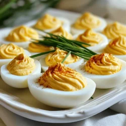 - 6 large eggs - 3 tablespoons creamy mayonnaise - 1 teaspoon Dijon mustard - 1 teaspoon apple cider vinegar - 1/2 teaspoon garlic powder - 1/4 teaspoon smoked paprika - Salt and freshly ground black pepper to taste - Fresh chives or parsley for garnish To create classic deviled eggs, you need just a few simple ingredients. The eggs are the main star, giving you a creamy base. Mayonnaise adds richness, while Dijon mustard brings a little zing. Apple cider vinegar offers a touch of tang that brightens the flavor. Garlic powder gives depth, and smoked paprika adds a hint of smokiness. Don’t forget salt and pepper for seasoning, and some fresh herbs for garnish. - Sriracha or hot sauce for a spicy kick - Bacon bits for a smoky flavor - Pickles or relish for added tang Feel free to get creative! You can spice things up with Sriracha or hot sauce. If you love bacon, add bits for a smoky crunch. For a tangy twist, try some pickles or relish. These options let you customize your deviled eggs to fit your taste. - Boil the Eggs: Place 6 large eggs in a pot. Add cold water to cover the eggs by one inch. Heat the pot over medium-high heat. Wait for the water to boil. Once boiling, cover the pot and take it off the heat. Let the eggs sit in hot water for 12 to 15 minutes. This gives you perfect hard-boiled eggs. - Cool the Eggs: After time is up, move the eggs to a bowl of ice water. This cools them fast and makes peeling easier. Let them sit for about 5 minutes in the ice water. - Peel the Eggs: Tap the eggs gently on a hard surface. This cracks the shell. Peel the eggs under a stream of running water. The water helps separate the shell from the egg white. After peeling, dry the eggs with a paper towel. - Prepare the Filling: Cut each egg in half lengthwise. Use a small spoon to scoop the yolks into a bowl. Make sure to keep the egg whites whole. - Make the Mixture: Add 3 tablespoons of mayonnaise, 1 teaspoon of Dijon mustard, 1 teaspoon of apple cider vinegar, 1/2 teaspoon of garlic powder, and 1/4 teaspoon of smoked paprika to the yolks. Season with salt and pepper. Mash and mix until smooth and creamy. Adjust the taste as needed. - Fill the Eggs: Use a spoon or a piping bag to fill the egg whites with the yolk mixture. Make sure each half is filled well for great flavor. This simple process turns basic ingredients into a delightful treat. For the full recipe, check out the details above. Enjoy your deviled eggs! To get perfect hard-boiled eggs, timing is key. I recommend boiling your eggs for 12 to 15 minutes. If you like a softer yolk, stick to 12 minutes. For a firmer yolk, go for 15 minutes. After boiling, cooling is important. Transfer your eggs to a bowl filled with ice water. This cools them quickly and makes peeling easier. Piping the filling can make your deviled eggs look fancy. Use a piping bag with a star tip for a beautiful swirl. If you don't have one, a small spoon works well too. For a professional touch, garnish your eggs with a dash of smoked paprika and some finely chopped chives or parsley. This adds color and flavor. Deviled eggs are great for parties. You can serve them on a platter or in egg trays. For a fun twist, try arranging them on a bed of greens. Pair your deviled eggs with drinks like sparkling water or iced tea. They also go well with crunchy sides like veggie sticks or chips. Check the Full Recipe for more ideas! {{image_4}} Classic deviled eggs are a great base for many tasty twists. You can keep it simple or get creative. Let’s explore the fun variations you can try. For a traditional touch, sprinkle paprika on top of your deviled eggs. Chopped chives add a nice fresh flavor too. You can switch up the mustard for a different taste. Use honey mustard for sweetness or spicy mustard for a kick. These small changes can make your classic deviled eggs even more exciting. Want something different? Try making avocado deviled eggs. Mash ripe avocado with the yolk mix. This gives a creamy, rich taste. You could also add bacon and cheese for a savory twist. Just mix in crispy bacon bits and shredded cheese for a hearty flavor. These fillings can impress your guests and make deviled eggs a star dish. If you need gluten-free options, rest easy. Deviled eggs are naturally gluten-free. Just ensure all your added ingredients are also gluten-free. For a low-calorie version, swap out the mayo for Greek yogurt. It gives a nice tang while cutting calories. These adjustments let everyone enjoy deviled eggs without worry. For the full recipe, check out the details to make your own delicious deviled eggs! To keep your deviled eggs fresh, store them in the fridge. Use an airtight container to avoid odors. Place a piece of plastic wrap over the eggs for extra protection. Deviled eggs stay fresh for up to two days. If you see any discoloration, it’s best to toss them. You can’t freeze deviled eggs. The texture changes when thawed, and they become watery. If you want to prepare ahead, make the filling and store it separately. Freeze the filling for up to a month. Thaw it in the fridge overnight before filling the egg whites. This way, you keep your deviled eggs tasty and fresh. For the full recipe, check the recipe section above. You can tell if your eggs are hard-boiled by checking the yolk. If the yolk is firm and bright yellow, your eggs are done. Another way is to spin the egg on a flat surface. A hard-boiled egg will spin smoothly, while a raw egg wobbles. Yes, you can make deviled eggs ahead of time. Prepare the filling and store it separately in the fridge. You can fill the egg whites just before serving. This keeps them fresh and tasty. One common mistake is overcooking the eggs. This can make the yolks dry and crumbly. Another mistake is not seasoning enough. Taste your mixture before filling the eggs to adjust the flavor. You can boost the flavor by adding different ingredients. Consider mixing in some sriracha for spice or crumbled bacon for a smoky taste. Fresh herbs like dill or parsley can also add brightness. For a twist, try a splash of hot sauce or some pickle relish. These additions can make your deviled eggs even more delicious. For the full recipe, check out the Devilishly Delicious Deviled Eggs section. Deviled eggs are easy and fun to make. With simple steps, you can boil, peel, and fill the eggs. The classic recipe uses familiar ingredients like mayo and mustard. You can spice things up with bacon, hot sauce, or new seasonings. Remember, presentation matters! Serve them well at your next gathering. Storing them properly keeps them fresh. With these tips and tricks, you’ll master deviled eggs in no time. Enjoy making this tasty treat and impress your friends and family!