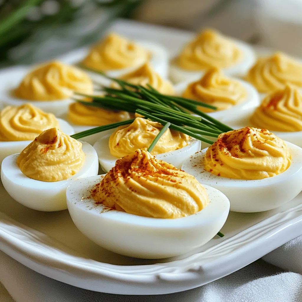 - 6 large eggs - 3 tablespoons creamy mayonnaise - 1 teaspoon Dijon mustard - 1 teaspoon apple cider vinegar - 1/2 teaspoon garlic powder - 1/4 teaspoon smoked paprika - Salt and freshly ground black pepper to taste - Fresh chives or parsley for garnish To create classic deviled eggs, you need just a few simple ingredients. The eggs are the main star, giving you a creamy base. Mayonnaise adds richness, while Dijon mustard brings a little zing. Apple cider vinegar offers a touch of tang that brightens the flavor. Garlic powder gives depth, and smoked paprika adds a hint of smokiness. Don’t forget salt and pepper for seasoning, and some fresh herbs for garnish. - Sriracha or hot sauce for a spicy kick - Bacon bits for a smoky flavor - Pickles or relish for added tang Feel free to get creative! You can spice things up with Sriracha or hot sauce. If you love bacon, add bits for a smoky crunch. For a tangy twist, try some pickles or relish. These options let you customize your deviled eggs to fit your taste. - Boil the Eggs: Place 6 large eggs in a pot. Add cold water to cover the eggs by one inch. Heat the pot over medium-high heat. Wait for the water to boil. Once boiling, cover the pot and take it off the heat. Let the eggs sit in hot water for 12 to 15 minutes. This gives you perfect hard-boiled eggs. - Cool the Eggs: After time is up, move the eggs to a bowl of ice water. This cools them fast and makes peeling easier. Let them sit for about 5 minutes in the ice water. - Peel the Eggs: Tap the eggs gently on a hard surface. This cracks the shell. Peel the eggs under a stream of running water. The water helps separate the shell from the egg white. After peeling, dry the eggs with a paper towel. - Prepare the Filling: Cut each egg in half lengthwise. Use a small spoon to scoop the yolks into a bowl. Make sure to keep the egg whites whole. - Make the Mixture: Add 3 tablespoons of mayonnaise, 1 teaspoon of Dijon mustard, 1 teaspoon of apple cider vinegar, 1/2 teaspoon of garlic powder, and 1/4 teaspoon of smoked paprika to the yolks. Season with salt and pepper. Mash and mix until smooth and creamy. Adjust the taste as needed. - Fill the Eggs: Use a spoon or a piping bag to fill the egg whites with the yolk mixture. Make sure each half is filled well for great flavor. This simple process turns basic ingredients into a delightful treat. For the full recipe, check out the details above. Enjoy your deviled eggs! To get perfect hard-boiled eggs, timing is key. I recommend boiling your eggs for 12 to 15 minutes. If you like a softer yolk, stick to 12 minutes. For a firmer yolk, go for 15 minutes. After boiling, cooling is important. Transfer your eggs to a bowl filled with ice water. This cools them quickly and makes peeling easier. Piping the filling can make your deviled eggs look fancy. Use a piping bag with a star tip for a beautiful swirl. If you don't have one, a small spoon works well too. For a professional touch, garnish your eggs with a dash of smoked paprika and some finely chopped chives or parsley. This adds color and flavor. Deviled eggs are great for parties. You can serve them on a platter or in egg trays. For a fun twist, try arranging them on a bed of greens. Pair your deviled eggs with drinks like sparkling water or iced tea. They also go well with crunchy sides like veggie sticks or chips. Check the Full Recipe for more ideas! {{image_4}} Classic deviled eggs are a great base for many tasty twists. You can keep it simple or get creative. Let’s explore the fun variations you can try. For a traditional touch, sprinkle paprika on top of your deviled eggs. Chopped chives add a nice fresh flavor too. You can switch up the mustard for a different taste. Use honey mustard for sweetness or spicy mustard for a kick. These small changes can make your classic deviled eggs even more exciting. Want something different? Try making avocado deviled eggs. Mash ripe avocado with the yolk mix. This gives a creamy, rich taste. You could also add bacon and cheese for a savory twist. Just mix in crispy bacon bits and shredded cheese for a hearty flavor. These fillings can impress your guests and make deviled eggs a star dish. If you need gluten-free options, rest easy. Deviled eggs are naturally gluten-free. Just ensure all your added ingredients are also gluten-free. For a low-calorie version, swap out the mayo for Greek yogurt. It gives a nice tang while cutting calories. These adjustments let everyone enjoy deviled eggs without worry. For the full recipe, check out the details to make your own delicious deviled eggs! To keep your deviled eggs fresh, store them in the fridge. Use an airtight container to avoid odors. Place a piece of plastic wrap over the eggs for extra protection. Deviled eggs stay fresh for up to two days. If you see any discoloration, it’s best to toss them. You can’t freeze deviled eggs. The texture changes when thawed, and they become watery. If you want to prepare ahead, make the filling and store it separately. Freeze the filling for up to a month. Thaw it in the fridge overnight before filling the egg whites. This way, you keep your deviled eggs tasty and fresh. For the full recipe, check the recipe section above. You can tell if your eggs are hard-boiled by checking the yolk. If the yolk is firm and bright yellow, your eggs are done. Another way is to spin the egg on a flat surface. A hard-boiled egg will spin smoothly, while a raw egg wobbles. Yes, you can make deviled eggs ahead of time. Prepare the filling and store it separately in the fridge. You can fill the egg whites just before serving. This keeps them fresh and tasty. One common mistake is overcooking the eggs. This can make the yolks dry and crumbly. Another mistake is not seasoning enough. Taste your mixture before filling the eggs to adjust the flavor. You can boost the flavor by adding different ingredients. Consider mixing in some sriracha for spice or crumbled bacon for a smoky taste. Fresh herbs like dill or parsley can also add brightness. For a twist, try a splash of hot sauce or some pickle relish. These additions can make your deviled eggs even more delicious. For the full recipe, check out the Devilishly Delicious Deviled Eggs section. Deviled eggs are easy and fun to make. With simple steps, you can boil, peel, and fill the eggs. The classic recipe uses familiar ingredients like mayo and mustard. You can spice things up with bacon, hot sauce, or new seasonings. Remember, presentation matters! Serve them well at your next gathering. Storing them properly keeps them fresh. With these tips and tricks, you’ll master deviled eggs in no time. Enjoy making this tasty treat and impress your friends and family!
