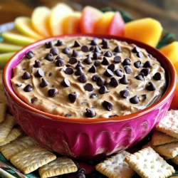 To make this delicious dip, gather these simple ingredients: - 1 cup all-purpose flour (heat-treated for safety) - 1/2 cup unsalted butter, softened to room temperature - 3/4 cup packed brown sugar - 1/4 cup granulated sugar - 1 teaspoon pure vanilla extract - 1/2 teaspoon sea salt - 1 cup mini chocolate chips - 8 ounces cream cheese, softened - 1/4 cup powdered sugar - 1/4 cup milk (adjust as needed for desired consistency) - Extra mini chocolate chips for garnish You can change a few ingredients if needed: - Use coconut oil instead of butter for a dairy-free option. - Swap granulated sugar with coconut sugar for a healthier choice. - Greek yogurt can replace cream cheese for a lighter dip. - Maple syrup can substitute for brown sugar in a pinch. Before mixing, prepare your ingredients: - Heat-treat the flour by baking it at 350°F for 5 minutes. This step kills any germs. - Soften your butter and cream cheese by leaving them out for about 30 minutes. This helps them mix better. - Measure all ingredients ahead of time. This makes mixing faster and easier. - If you want a thicker dip, use less milk. For a thinner dip, add more milk slowly. Following these tips will ensure your Chocolate Chip Cookie Dough Dip turns out amazing! Enjoy the process and have fun mixing! Start by gathering all your ingredients. In a medium bowl, mix the softened butter, brown sugar, and granulated sugar. Use an electric mixer to beat them together until creamy. This should take about 2 to 3 minutes. The mixture needs to be smooth for the best dip. Next, add the softened cream cheese and pure vanilla extract. Mix again until the blend is smooth and fluffy. Scrape down the sides of the bowl to ensure everything mixes well. Gradually add the heat-treated flour and sea salt. Mix on low speed until just combined. Slowly add milk, one tablespoon at a time, until you reach your desired dip consistency. Now, gently fold in the mini chocolate chips with a spatula. Make sure they are evenly mixed in. Transfer your dip into a nice serving bowl. For a fun touch, sprinkle extra mini chocolate chips on top. You can serve the dip right away with graham crackers, pretzels, or fresh fruit. If you prefer, chill the dip for up to 30 minutes to let the flavors meld. It will be even more delicious! To get that perfect dip, start with soft butter and cream cheese. Mix them well until creamy. If the dip is too thick, add milk a little at a time. Keep stirring until you find the right smoothness. If it gets too runny, you can mix in some more flour. One common mistake is using regular flour without heat-treating it. This can make the dip unsafe to eat. Another mistake is not mixing the butter and sugar enough. If you don’t mix well, the dip can be grainy. Also, be careful not to overmix after adding the flour. This can make the dip tough. For a fun look, serve the dip in a colorful bowl. Surround it with tasty dippers like graham crackers, pretzels, or fruit. You can even layer the dip in a glass jar for a nice view. For a final touch, sprinkle extra mini chocolate chips on top. This makes it look as good as it tastes. Try these ideas to impress your guests! {{image_4}} You can make this dip healthier by using Greek yogurt. Greek yogurt adds creaminess and protein. It also cuts some fat from the recipe. Replace half of the cream cheese with Greek yogurt. This swap keeps the flavor rich while making it lighter. You still get that creamy texture without the guilt. Want to mix things up? Try adding peanut butter for a nutty twist. Just a half cup of peanut butter gives a rich taste. You can also add crushed Oreos for a fun cookie crunch. If you love mint, toss in some mint extract. This simple change gives a fresh kick to your dip. Feel free to play with other mix-ins like butterscotch chips or coconut flakes. If you need gluten-free options, substitute the all-purpose flour with gluten-free flour. Make sure to check that your chocolate chips are also gluten-free. This way, everyone can enjoy the dip without worry. You can also make it vegan by using dairy-free cream cheese and butter. These swaps keep the taste delicious while fitting different diets. After you enjoy your Chocolate Chip Cookie Dough Dip, store any leftovers in an airtight container. This keeps it fresh and tasty. Place the container in the fridge. Make sure to use it within a few days for the best flavor. You can serve this dip cold or at room temperature. If you prefer it warm, gently heat it in the microwave. Start with 10 seconds, then stir. Keep heating in short bursts until it warms to your liking. Be careful not to overheat, as it may change the texture. The dip lasts about 3-5 days in the fridge. If you want to store it longer, freeze it! Place the dip in a freezer-safe container. It can last up to 2 months in the freezer. When you’re ready to enjoy it, thaw it in the fridge overnight. Stir well before serving. This dip is a treat that stays delightful, even after storage. Yes, you can eat raw cookie dough in this dip! However, the flour in cookie dough can carry germs. To make it safe, I heat-treat the flour. This step kills harmful bacteria. Just spread the flour on a baking sheet and bake it at 350°F for about 5 minutes. Let it cool before mixing it into the dip. This way, you enjoy that cookie dough taste without worry! If you find the dip too sweet, it's easy to fix! You can reduce the brown sugar or granulated sugar. Start by cutting back by a tablespoon or two. Taste as you go to find the right balance. Adding a pinch of sea salt can help too. Salt brings out flavors and makes the dip taste less sweet. You can also add more cream cheese or yogurt for a creamier texture and less sweetness. This dip is fun to share! I love serving it with: - Graham crackers - Pretzels - Fresh fruit slices like apples or strawberries - Chocolate-covered pretzels - Mini cookies These snacks pair well and add a nice crunch. You can even serve it with ice cream for a sweet treat. Feel free to get creative with your choices! We covered the key ingredients needed for the dip and how to prepare them. I shared tips for perfecting the dip's consistency and showcased tasty variations and substitutions. You can store leftovers easily and even freeze them for later. Remember, you can enjoy this delicious dip in various ways. Keep experimenting with flavors that excite you. Have fun making this treat!
