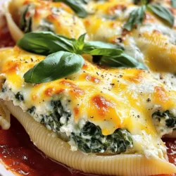 Cheesy spinach stuffed shells bring joy to any dinner table. They are warm, creamy, and full of flavor. This dish is both simple and satisfying, making it perfect for busy nights or special occasions. The combination of spinach and cheese in each shell is delightful. You can find the full recipe above. Here are the main ingredients you will need: - 20 jumbo pasta shells - 2 cups fresh spinach, chopped - 1 cup ricotta cheese - 1 cup shredded mozzarella cheese, divided - 1/2 cup grated Parmesan cheese - 1 large egg - 2 cloves garlic, minced - 1 teaspoon dried Italian herbs (oregano, basil, thyme) - Salt and pepper to taste - 2 cups marinara sauce - 1 tablespoon olive oil - Fresh basil leaves for garnish These ingredients work together to create a creamy filling that tastes amazing. You can customize your cheesy spinach stuffed shells with these optional ingredients: - Cooked ground meat (like beef or turkey) for added protein - Extra veggies like mushrooms or bell peppers for more flavor - Different cheeses, such as feta or goat cheese, for a twist - Red pepper flakes for a spicy kick Feel free to get creative. Mixing and matching ingredients can lead to fun new flavors! First, you need to preheat your oven to 375°F (190°C). This step is key for baking your shells perfectly. Next, grab a large pot and fill it with water. Add some salt, then bring it to a boil. Once boiling, gently add the jumbo pasta shells. Cook them following the package instructions until they are al dente. This usually takes about 9 to 11 minutes. After cooking, drain the shells in a colander and let them cool a bit. This makes them easier to handle. Now, let’s move on to the filling. Heat a large skillet over medium heat. Add a tablespoon of olive oil to the pan. After the oil is hot, toss in the minced garlic. Sauté it for about 1 minute until it smells great. Then, add the chopped spinach to the skillet. Stir it around until it wilts, which takes about 2 to 3 minutes. Once wilted, take the skillet off the heat and let it cool a little. In a big mixing bowl, combine the ricotta cheese, half a cup of shredded mozzarella, grated Parmesan cheese, and one large egg. Add the sautéed spinach, dried Italian herbs, and season with salt and pepper. Mix everything until it’s creamy and well blended. For assembling, spread one cup of marinara sauce evenly on the bottom of a 9x13 inch baking dish. This keeps the shells moist. Carefully stuff each jumbo shell with the spinach and cheese mixture. Place them seam side up in the dish. Keep going until all the shells are filled. Once done, pour the rest of the marinara sauce over the stuffed shells. Make sure each shell is well coated. Lastly, sprinkle the remaining half cup of shredded mozzarella on top. Cover the dish tightly with aluminum foil and place it in your preheated oven. Bake for 25 minutes to let the flavors blend. After that, remove the foil and bake for another 10 minutes until the cheese is bubbly and golden. When finished, let it cool for a few minutes before serving. Enjoy your delicious Cheesy Spinach Stuffed Shells! For the complete recipe, check out the Full Recipe. To make the cheese mixture great, use fresh ingredients. I always use fresh spinach, ricotta, and mozzarella. These cheeses blend well and give a rich taste. Mix the ricotta, ½ cup mozzarella, and Parmesan in a bowl. Add one egg to bind it all together. This makes the filling creamy and keeps it from being too dry. When cooking the jumbo pasta shells, follow the package directions closely. This step is key. Boil water and add salt for flavor. Cook the shells until they are al dente. This means they should be firm but not hard. Drain the shells and cool them slightly. This makes stuffing easier and prevents burns. To keep your filling creamy, let the spinach cool before mixing. This helps the flavors come together without losing creaminess. Combine the garlic and spinach well with the cheeses. If the filling is too thick, add a bit of extra ricotta or a splash of milk. A creamy filling makes every bite delicious. For more details and steps, check the Full Recipe. {{image_4}} If you want to add meat to your cheesy spinach stuffed shells, ground beef or turkey works well. Cook the meat in your skillet before adding the garlic. Drain any excess fat, then mix it into your cheese and spinach filling. You can also use cooked sausage for a spicier kick. Just crumble it and add it to your mixture for a hearty twist. For a vegetarian twist, consider adding different veggies. You can mix in roasted red peppers, mushrooms, or even artichoke hearts. Just chop them finely and sauté with the spinach. This adds flavor and color to your dish. You can also swap out the marinara sauce for a creamy Alfredo sauce for a different taste. If you need a gluten-free option, use gluten-free jumbo pasta shells. Many brands offer this now. Just cook them according to package instructions. For the sauce, ensure your marinara is gluten-free. You can also make your own sauce to control the ingredients. This way, everyone can enjoy your cheesy spinach stuffed shells. For the full recipe, check it out in the earlier sections. To keep your cheesy spinach stuffed shells fresh, place them in an airtight container. Make sure the shells are cooled down before you store them. If you have leftover marinara sauce, you can save that in a separate container. Store your leftovers in the fridge for up to three days. To reheat, preheat your oven to 350°F (175°C). Cover your baking dish with foil and heat for about 20 minutes. This helps keep the shells moist. You can also use a microwave. Just place the shells in a microwave-safe dish and heat for about 2-3 minutes. Check if they are warm all the way through before eating. If you want to freeze your cheesy spinach stuffed shells, place them in a freezer-safe container. Make sure to wrap them tightly to avoid freezer burn. They can last up to three months. To cook frozen shells, thaw them in the fridge overnight. Then bake them as you normally would, adding a few extra minutes to the cooking time. For the full recipe, check out the recipe section above. Yes, you can swap kinds of cheese in this recipe. Try using goat cheese or feta for a tangy twist. You may also use cream cheese for a rich texture. Just keep the total amount similar to the original recipe. This lets you play with flavors while keeping the dish creamy and tasty. You can prepare Cheesy Spinach Stuffed Shells in advance. Make the stuffed shells and place them in a baking dish. Cover them with marinara sauce and cheese, then wrap with foil. Store the dish in the fridge for up to 24 hours. When ready to bake, just pop it in the oven. You may need to add a few extra minutes to the bake time. Serve these stuffed shells with a fresh salad to balance the meal. A simple green salad with a light vinaigrette works well. You can also add garlic bread for a crunchy side. If you want a heartier option, pair it with grilled chicken or a side of roasted vegetables. For the full recipe, check the earlier section. You learned how to make Cheesy Spinach Stuffed Shells. We covered the main ingredients, optional extras, and step-by-step instructions. I shared tips to perfect your dish and offered tasty variations for everyone. Remember to store leftovers properly and follow reheating tips. With this recipe, you can enjoy a hearty meal that fits your taste. Explore different cheeses and sides to match. Cooking should be fun and easy, and you now have what you need to succeed!