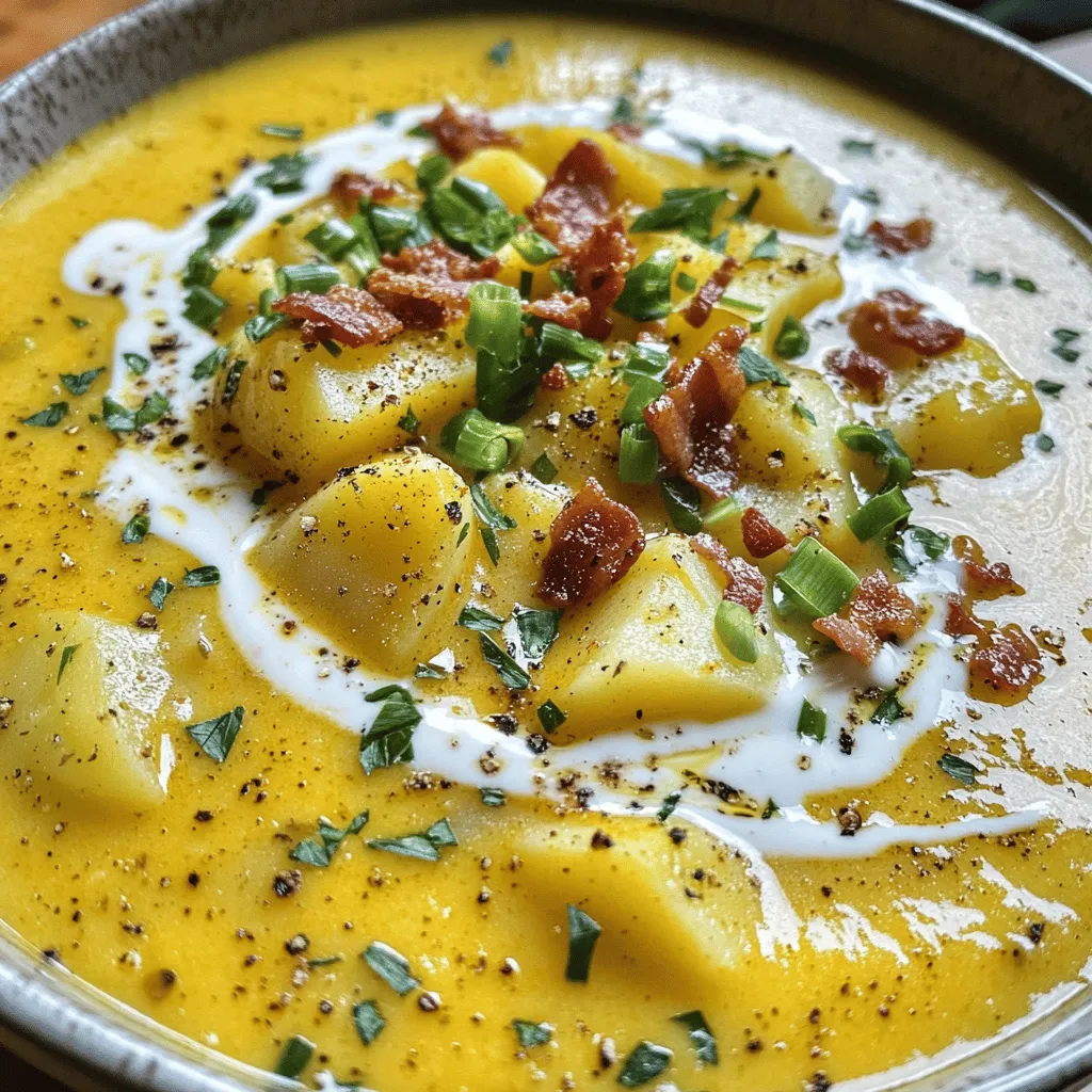 - 4 large russet potatoes, peeled and diced - 1 medium onion, finely chopped - 2 cloves garlic, minced - 1 bell pepper, chopped - 2 stalks celery, diced - 4 cups vegetable broth - 1 cup heavy cream (or coconut cream) - 2 tablespoons Cajun seasoning - 1 teaspoon smoked paprika - 1 tablespoon olive oil - Salt and black pepper to taste - ¼ cup green onions, sliced (for garnish) - ¼ cup crispy bacon bits (optional, for garnish) Choosing the right ingredients makes all the difference in flavor. I love using russet potatoes for their creamy texture. They blend well and give the soup a hearty base. You can swap them with Yukon Gold if you want a buttery taste. When it comes to Cajun seasoning, fresh is best. The aroma of fresh spices brings life to this dish. If you can't find fresh, dried works too, but ensure it's high quality. The flavor profile in Cajun cooking is bold, with hints of spice and warmth that make every bite satisfying. Using fresh vegetables adds brightness. Fresh garlic and onion not only give depth to the soup, but they also help build the flavor from the start. When you chop the bell pepper and celery, make sure they are even-sized for even cooking. Don't forget the cream! It adds richness. If you're going dairy-free, coconut cream is a great substitute. The slight sweetness balances the spices and creates a wonderful taste. With these choices, you're on your way to a bowl of pure comfort. For the full recipe, follow the steps to bring this dish to life! Sautéing aromatics is a key step. It builds a strong flavor base. Start by heating olive oil in a large pot over medium heat. Add the chopped onion, minced garlic, chopped bell pepper, and diced celery. Stir the mix for about 5 minutes. You want the vegetables soft and fragrant. This step makes the soup richer and more flavorful. Now, it’s time to add the potatoes and broth. Stir in your diced russet potatoes, making sure they are well mixed with the sautéed veggies. Pour in the vegetable broth, then sprinkle in the Cajun seasoning and smoked paprika. Increase the heat to bring the soup to a boil. Once boiling, reduce it to a simmer. Let it cook for about 20 minutes. The potatoes should be tender enough to pierce with a fork. After cooking, you need to blend the soup for a creamy texture. I recommend using an immersion blender for ease. Puree the soup directly in the pot until smooth. If you don’t have one, carefully transfer half the soup to a traditional blender. Blend until smooth, then return it to the pot. Mix well to ensure a nice, creamy consistency. To finish, pour in the heavy cream or coconut cream. Stir gently to combine all flavors. Heat the soup on low for another 5 minutes. This lets the flavors meld. Taste it, and add salt and black pepper as needed. You can also adjust the spice by adding more Cajun seasoning if you like it hot. Serve the soup in warm bowls. Top each bowl with sliced green onions and crispy bacon bits for extra flavor and crunch. For the full recipe, check out the link. Enjoy every bite of this delicious dish! Cajun seasoning is key for rich flavor in Cajun potato soup. This mix usually has paprika, cayenne, garlic, and other spices. You can buy it or make your own. Fresh spices make the soup more vibrant. Always taste as you cook to adjust the spice level to your liking. A pinch more can give your soup the perfect kick. One mistake is overcooking the potatoes. Soft potatoes are great, but mushy ones ruin the soup. Cook them just until tender. They should hold their shape but still be easy to eat. Keep an eye on the time and test them with a fork. This helps you avoid a grainy texture. Cajun potato soup pairs well with crusty bread. A slice of garlic bread adds a tasty crunch. You can also serve it with a fresh side salad for balance. If you like, top each bowl with crunchy bacon bits or green onions. These add flavor and make the dish look beautiful. For the full recipe, check out the detailed cooking steps. {{image_4}} To make Cajun potato soup dairy-free, swap heavy cream for coconut cream. This change keeps the soup rich and creamy without dairy. You can also use vegetable broth instead of chicken broth to keep it vegetarian. Want to add protein? Sausage or chicken works great. If you choose sausage, slice it thin and cook it first. Then, add it when you mix in the potatoes. For chicken, use cooked, shredded chicken. Stir it in near the end to warm it up. If you love heat, add peppers! Jalapeños give a nice kick. Dice them small and sauté with the veggies for a deeper flavor. You can also try habanero peppers for more spice. Adjust the amount to fit your taste. Cajun potato soup lasts about three to five days in the fridge. Store it in an airtight container. Make sure to let it cool before sealing. This keeps the soup fresh and full of flavor. You can freeze Cajun potato soup for up to three months. Use freezer-safe containers for best results. Leave some space at the top of the container. This allows the soup to expand as it freezes. It’s best to freeze it without the cream. Add the cream when you reheat it for a richer taste. Reheat the soup on the stove for even heating. Use low to medium heat. Stir often to prevent sticking. You can also microwave it in a bowl. Heat it in short bursts, stirring in between. This helps avoid hot spots and keeps the flavor intact. If it seems too thick, add a splash of broth or water while reheating. Cajun potato soup is a creamy dish full of flavor. It comes from Louisiana, a place known for its rich cooking. This soup mixes hearty potatoes with spices that give it a kick. You can taste the warmth of Cajun spices with every bite. It’s perfect for cold days or when you want comfort food. The blend of creamy broth and tender potatoes makes it irresistible. Yes, you can change up the vegetables. If you're not a fan of celery or bell pepper, try these: - Carrots for sweetness - Zucchini for a mild taste - Corn for a pop of color - Spinach for added nutrition These swaps will keep the soup fresh and fun. Just remember to chop them small for even cooking. To thicken your soup, you have several options. Here are some easy tips: - Blend half of the soup until smooth. This adds creaminess. - Add a bit of mashed potato. It thickens without changing flavor. - Use cornstarch mixed with water. Stir it in and cook until thick. These methods will help you get the right texture you want. Yes, making the soup ahead is a great idea. It saves time and lets flavors meld. Here’s how to do it: - Cook the soup and let it cool. - Store it in an airtight container in the fridge for up to 3 days. - You can also freeze it for up to 2 months. When you’re ready to eat, just reheat on the stove. Stir well and enjoy! For the full recipe, check the details above. Cajun potato soup is a warm, hearty dish filled with flavor. We covered the ingredients and shared tips for selecting the best ones. I also shared step-by-step cooking methods for perfect creaminess. You can easily customize it for a vegetarian meal or add meat for extra taste. Remember to store leftovers properly to keep them fresh. Enjoy your cooking journey, and let the flavors inspire you!