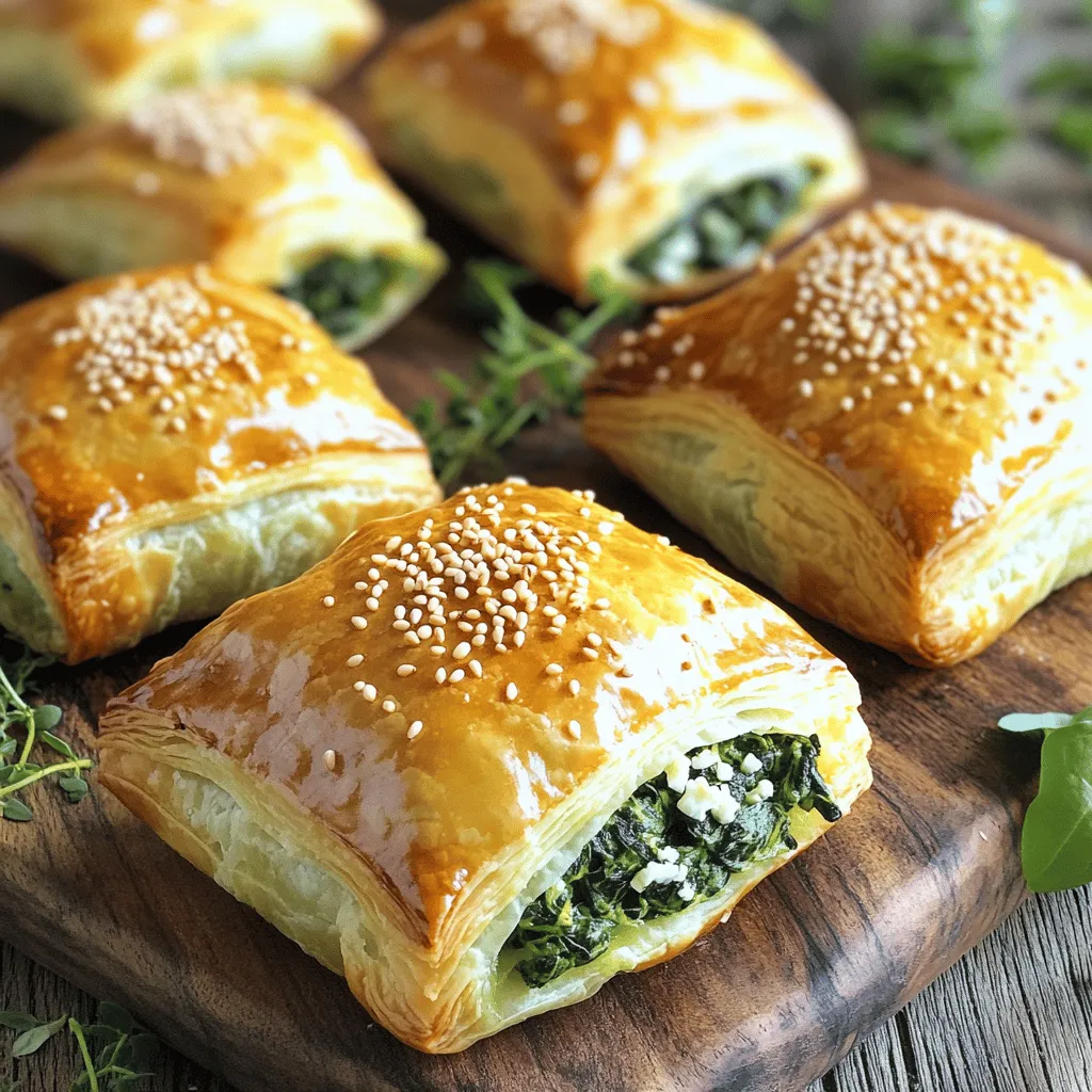 - Puff Pastry: What to Choose For this recipe, select a good-quality puff pastry. You can find it in the freezer section. Look for brands that use real butter. This will give your pastry a rich taste and flaky texture. Each package usually contains two sheets. Thaw them in the fridge overnight or for about 30 minutes at room temperature. - Fresh Spinach: Quantity & Preparation You need 2 cups of fresh spinach, finely chopped. Make sure to wash the spinach well to remove any dirt or grit. You can use baby spinach for a milder flavor, or regular spinach for a more robust taste. After washing, chop the leaves into small pieces. This helps the spinach cook evenly and fit well inside the pastry. - Feta Cheese: Types and Flavor Profiles For the best taste, use 1 cup of crumbled feta cheese. Feta can be made from sheep's milk, goat's milk, or cow's milk. Each type has a unique flavor. Sheep's milk feta is creamier, while goat’s milk feta offers a tangy bite. For a stronger flavor, look for feta that’s been aged longer. You can also try flavored feta, like those with herbs or spices, for a twist in your dish. This recipe combines these ingredients to create a delightful savory treat. For the full recipe, check the details above and get cooking! 1. Preheat your oven to 400°F (200°C). This hot temperature is key for a crispy crust. 2. Clear your kitchen space. Gather all your tools and ingredients, so you’re ready to cook. 1. In a large skillet, add 2 tablespoons of olive oil. Heat it over medium heat. 2. Add 1 small chopped onion. Sauté for about 3-4 minutes until it’s soft and clear. 3. Next, add 2 minced garlic cloves. Cook for 1 more minute until the garlic smells great. 4. Now stir in 2 cups of finely chopped spinach. Cook it for 2-3 minutes until it wilts. Then, remove the skillet from heat and let it cool. 1. On a floured surface, roll out the thawed puff pastry. Each package has 2 sheets, so you will get plenty of pastry. 2. Cut each sheet into quarters. This gives you 4 squares per sheet. 3. Spoon the cooled spinach and feta filling into the middle of each square. 4. Fold the corners of each square over the filling to form triangles or rectangles. Pinch the edges to seal them well. 1. Line a baking sheet with parchment paper. Place the filled pastries on it. 2. Brush the tops with the beaten egg. This helps them turn golden brown. 3. Optionally, sprinkle sesame seeds on top for extra crunch. 4. Bake in the oven for 20-25 minutes. Check for a golden brown color and puffiness. Following these steps will help you create a delicious and visually appealing dish. Be sure to check the [Full Recipe] for more tips and details. Enjoy your cooking! To get that golden brown finish, watch the egg wash. Brush it evenly on the pastry tops. This simple step gives your pastries a rich color. Bake them until they puff up and turn golden. This usually takes about 20-25 minutes at 400°F (200°C). Keep an eye on them towards the end to avoid burning. Balancing fillings is key. The feta cheese adds a salty note, while the spinach offers earthiness. Add salt and pepper to taste, but don’t go overboard. Too much salt can overwhelm the flavors. A teaspoon of dried oregano gives it a nice herbal touch. You’ll need a few tools for this recipe. A large skillet is great for sautéing. A mixing bowl helps combine your filling ingredients. Use a rolling pin to roll out the puff pastry smoothly. A baking sheet lined with parchment paper helps with easy cleanup. Avoid common mistakes by not overfilling the pastries. Leave some space at the edges to seal them well. If you don’t seal the edges tightly, the filling might leak out during baking. Also, make sure your oven is fully preheated. This helps the pastries cook evenly. For the full recipe, check the detailed instructions above. {{image_4}} Adding Other Greens: What Works You can mix in other greens for more flavor. Kale, Swiss chard, or arugula work well. Just chop them finely, like spinach. They add color and nutrients. You can also use herbs like parsley or dill for a fresh taste. Alternative Cheeses: Flavor Swaps Feta is great, but other cheeses can add fun twists. Try goat cheese for a tangy bite. Cream cheese gives a smooth texture. Cheddar adds a sharp flavor that many love. Mix and match to find your favorite combo! Ideal Pairings for Side Dishes These pastries shine with simple sides. A fresh salad with lemon dressing works perfectly. You can also serve them with a side of tzatziki for a cooling dip. Roasted vegetables add color and nutrition to your plate. Presentation Ideas for Events To impress guests, arrange the pastries on a colorful platter. Add fresh herbs around them for a pop of green. You can even sprinkle some sesame seeds on top for a nice touch. This makes your dish look as good as it tastes! To keep your savory spinach and feta puff pastry fresh, follow these tips: - Best Practices for Refrigeration: Let the pastries cool completely. Place them in an airtight container. Store them in the fridge for up to three days. If you expect to eat them later, avoid stacking them to keep them from getting soggy. - How to Reheat Without Losing Crispiness: Preheat your oven to 350°F (175°C). Place the pastries on a baking sheet. Heat for about 10-15 minutes. This method keeps the pastry crisp and the filling warm. Freezing is a great way to save your tasty puff pastries for later. - Proper Freezing Techniques: After baking, let the pastries cool completely. Wrap each pastry in plastic wrap. Then, place them in a freezer bag. You can freeze them for up to two months without losing quality. - Thawing and Cooking Frozen Pastry: When ready to eat, remove the desired number of pastries from the freezer. Thaw them in the fridge overnight. For a quick option, you can bake them straight from the freezer. Just add 5 more minutes to the baking time. This way, you'll enjoy delicious pastries any time! How to Make Puff Pastry from Scratch? Making puff pastry from scratch takes time and patience. You need flour, butter, salt, and water. Start by mixing flour and salt. Cut in cold butter until it looks like crumbs. Slowly add cold water to form a dough. Chill the dough, then roll it out. Fold it several times to create layers. Chill again, then roll out for use. Can I Use Frozen Spinach Instead of Fresh? Yes, you can use frozen spinach. It’s quick and easy. Just thaw the spinach first. Squeeze out excess water to avoid a soggy filling. Frozen spinach saves time, but fresh has a brighter taste. Choose based on what you have. What Are the Nutrition Facts for Savory Spinach and Feta Puff Pastry? This recipe serves eight. Each serving has about 200 calories. It contains protein, fiber, and vitamins from spinach and feta. Puff pastry adds carbs and fat. For exact nutrition, check the labels of your ingredients. How Long Do Leftovers Last in the Fridge? Leftovers last about three days in the fridge. Store them in an airtight container. Reheat in the oven to keep them crispy. You can also freeze them for up to a month. Just make sure they cool before freezing. For the full recipe, you can refer to the earlier sections. This blog post covered how to make a tasty spinach and feta puff pastry. You learned about key ingredients, the steps for cooking, and tips to enhance flavor. I shared ways to customize your filling and how to store leftovers properly. In summary, enjoy cooking this dish your way. Experiment with flavors and share it at gatherings. Cooking is fun, and each bite will bring smiles.