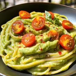 - Ripe avocados - Whole wheat pasta - Fresh lemon juice - Garlic - Basil leaves - Olive oil - Parmesan cheese - Cherry tomatoes - Red pepper flakes To create creamy avocado pasta, start with ripe avocados. They add rich creaminess and healthy fats. Then, use whole wheat pasta for a wholesome base. Fresh lemon juice brightens the dish and balances flavors. Next, don’t skip the garlic. It brings a nice, savory taste to the sauce. Fresh basil leaves add a lovely herby note. Extra-virgin olive oil ties everything together and gives a smooth texture. For those who want to elevate their dish, consider adding Parmesan cheese. It adds depth and a savory kick. Cherry tomatoes provide a pop of color and freshness. If you like some heat, red pepper flakes can spice things up. For the full recipe, check the details above. Enjoy making this dish with simple and fresh ingredients! - Bring a large pot of salted water to a boil. - Add 12 ounces of whole wheat pasta. Cook until al dente, about 8-10 minutes. - Before draining, reserve 1 cup of pasta water. Drain the pasta and set it aside. - In a food processor, combine: - 2 ripe avocados, pitted and flesh scooped - 3 cloves garlic, minced - 2 tablespoons fresh lemon juice - 1/4 cup fresh basil leaves - 1/4 cup extra-virgin olive oil - Blend until smooth. Scrape down the sides as needed. - In a large bowl, add hot drained pasta to the sauce. - Toss gently to coat the pasta evenly with the avocado sauce. - If the sauce is thick, add reserved pasta water, one tablespoon at a time. Blend until you reach your desired creaminess. - Season with sea salt and freshly cracked black pepper to taste. - If you want a richer flavor, fold in 1/4 cup grated Parmesan cheese. Enjoy making this creamy avocado pasta with the full recipe for more details! To make your creamy avocado pasta just right, you need to focus on the sauce's thickness. If your sauce is too thick, it won't coat the pasta well. You can fix this by adding the reserved pasta water. Start with one tablespoon at a time. Blend after each addition until you reach your desired creaminess. Adding cheese can boost the richness of your dish. Parmesan cheese adds a savory note that blends well with the avocado. You can also play with seasoning. Try adding a pinch of garlic powder or some fresh herbs. Taste as you go to find what you love. When serving your creamy avocado pasta, think about how it looks. Use deep bowls to hold the pasta. Garnish with halved cherry tomatoes for color. You can also add a few whole basil leaves on top. A light drizzle of olive oil can make your dish shine. These small details make your meal look and taste even better. For the full recipe, check out the earlier sections! {{image_4}} You can switch up the pasta type in this recipe. Whole wheat pasta works well, but you can use gluten-free pasta or any shape you love. Try penne or fusilli for a fun twist. Adding protein can make the dish heartier. Consider cooked chicken, shrimp, or chickpeas. These options pair nicely with the creamy avocado sauce. To make your creamy avocado pasta more exciting, add spices and herbs. A pinch of garlic powder or onion powder can boost flavor. Fresh herbs like parsley or cilantro can also add brightness. Adding veggies is a great way to enhance nutrition. Try mixing in spinach, peas, or bell peppers. These colorful additions can make your dish more vibrant and tasty. For gluten-free options, use gluten-free pasta. This swap ensures everyone can enjoy the dish. For a vegan version, skip the Parmesan cheese or use a dairy-free alternative. If you want to cut back on fat or calories, use less olive oil or skip the cheese. You can still enjoy a creamy texture by using more avocado or adding a bit of vegetable broth instead. Explore these variations to make your creamy avocado pasta fit your tastes and needs. For the full recipe, check out the main section. To keep your creamy avocado pasta fresh, store leftovers in an airtight container. Place the pasta in the fridge right after serving. This method keeps the dish tasty for up to 2 days. Remember, avocado can brown quickly, so enjoy it soon! If you want to save it longer, you can freeze the sauce and pasta separately. Cooked pasta freezes well, but the sauce may change texture. For best flavor, freeze them in sealed bags or containers. Use within a month for the best taste. To reheat your pasta, use a skillet on low heat. Add a splash of water or olive oil to keep it moist. Heat until warm but do not overcook. Aim for a temperature of about 165°F. This helps maintain the creamy texture and flavor. You can easily make creamy avocado pasta vegan. Simply skip the Parmesan cheese. You can replace it with nutritional yeast for a cheesy taste. For added flavor, try using miso paste or tahini. These options give a nice depth without animal products. Yes, you can prepare the sauce ahead of time. Store it in an airtight container in the fridge. To keep it fresh, add a little lemon juice on top. This will help prevent browning. Use the sauce within two days for the best taste and texture. Pair creamy avocado pasta with a light salad or garlic bread. A simple arugula salad adds a nice peppery kick. For drinks, try a crisp white wine or sparkling water. These choices balance the rich flavors of the pasta. Enjoy your meal! In this post, we explored creamy avocado pasta, highlighting key ingredients and steps. We covered how to make the sauce, cook the pasta, and combine them perfectly. We also shared tips for creamy texture and flavor tweaks. Remember, you can customize this dish with different proteins and veggies. Leftovers can be stored easily, and reheating is simple. Enjoy this dish in many ways, from a quick lunch to a dinner feast. Creating this pasta dish will surely impress anyone at your table.