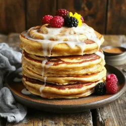 - 1 cup all-purpose flour - 1 tablespoon granulated sugar - 1 teaspoon baking powder - 1/2 teaspoon baking soda - 1/4 teaspoon salt - 1 cup buttermilk - 1 large egg - 2 tablespoons unsalted butter, melted - 1 tablespoon vanilla extract The main ingredients give the pancakes their fluffy texture. All-purpose flour forms the base. Granulated sugar adds sweetness. Baking powder and baking soda help the pancakes rise. Buttermilk keeps them moist and gives a nice tang. The egg binds everything together. Unsalted butter adds richness, while vanilla gives a comforting flavor. - 1/4 cup brown sugar, packed - 1 tablespoon ground cinnamon - 2 tablespoons unsalted butter, softened The cinnamon swirl mixture brings the magic! Brown sugar gives a deep flavor, while ground cinnamon adds warmth. Softened butter helps the swirl stick to the pancakes. You get that classic cinnamon roll taste with every bite. - 4 oz cream cheese, softened - 1 cup powdered sugar - 2 tablespoons milk - 1/2 teaspoon vanilla extract The cream cheese glaze is the final touch. Softened cream cheese adds creaminess. Powdered sugar sweetens it up nicely. A splash of milk makes the glaze pourable. Vanilla extract rounds out the flavors. Drizzling this over the pancakes makes them even more special. This recipe is a great way to start your day. For the full details, check the Full Recipe. Enjoy making these delightful treats! 1. Mixing dry ingredients: Start by taking a large mixing bowl. Add 1 cup of all-purpose flour, 1 tablespoon of granulated sugar, 1 teaspoon of baking powder, 1/2 teaspoon of baking soda, and 1/4 teaspoon of salt. Whisk them together until they are well combined. Make sure there are no lumps. 2. Combining wet ingredients: In another bowl, mix 1 cup of buttermilk, 1 large egg, 2 tablespoons of melted unsalted butter, and 1 tablespoon of vanilla extract. Whisk this mixture until smooth and well blended. 3. Combining dry and wet mixtures: Slowly pour the wet ingredients into the dry mix. Gently stir with a spatula until just combined. It’s okay if there are a few lumps. This helps keep your pancakes fluffy. 1. Mixing the ingredients for the swirl: In a small bowl, combine 1/4 cup of packed brown sugar, 1 tablespoon of ground cinnamon, and 2 tablespoons of softened unsalted butter. Mix these until you create a smooth paste. 2. How to properly swirl the mixture: Using a piping bag or squeeze bottle, swirl the cinnamon mixture over the pancake batter once you pour it onto the skillet. Aim for a decorative spiral pattern to make it pretty. 1. Preheating skillet or griddle: Preheat a non-stick skillet or griddle over medium heat. Lightly grease it with butter or cooking spray to keep the pancakes from sticking. 2. Cooking time and flipping tips: Pour about 1/4 cup of pancake batter onto the skillet. Cook for about 2-3 minutes until bubbles form on the surface. Carefully flip the pancakes and cook for another 2-3 minutes until golden brown. Repeat this with the remaining batter. For more detailed instructions, check the Full Recipe. To make sure your pancakes are fluffy, avoid overmixing the batter. When you combine the wet and dry ingredients, stir gently. Leave a few lumps; they help the pancakes rise. You can tell when pancakes are done by looking for bubbles on the surface. Once you see them, it's time to flip. Cook them until golden brown on both sides. Swirling the cinnamon mixture is key to a great look and taste. Use a piping bag or a squeeze bottle for the best results. This way, you can create a nice spiral. Be careful not to use too much cinnamon mixture; too much can make the pancakes too sweet. A common mistake is swirling after the batter sets. Always swirl while the batter is still wet for the best effect. The cream cheese glaze is a star. If it’s too thick, add a bit more milk to reach your desired thickness. For a fun twist, try adding different flavors to the glaze. You can mix in a bit of lemon juice or even maple syrup for a unique taste. This will make your pancakes even more special. Remember, the glaze should be smooth and creamy to drizzle easily over your pancakes. For the full recipe, check the complete guide. {{image_4}} You can make your cinnamon roll pancakes healthier with these easy swaps: - Whole wheat flour options: You can use whole wheat flour instead of all-purpose flour. This change adds fiber and nutrients. Start with half whole wheat and half all-purpose for a lighter texture. - Dairy-free substitutions: Use almond milk or oat milk instead of buttermilk. For the cream cheese glaze, you can try a dairy-free cream cheese. These swaps keep the taste while being gentle on the tummy. Add fun twists to your cinnamon roll pancakes with these ideas: - Adding nuts or fruits to the batter: Chopped walnuts or pecans add crunch. You can also mix in blueberries or sliced bananas for sweetness. These additions make each pancake unique. - Spice variations for the cinnamon swirl: Try adding nutmeg or allspice to the cinnamon swirl. This adds warmth and depth to the flavor, making your pancakes even more delightful. Toppings can turn your pancakes into a grand feast: - Fresh fruits, whipped cream, or nuts: Top your pancakes with fresh strawberries or raspberries for a burst of flavor. A dollop of whipped cream adds creaminess, while nuts give a nice crunch. - Alternate drizzles like chocolate or caramel: Instead of cream cheese glaze, drizzle melted chocolate or caramel sauce. This gives a sweet twist that will please any sweet tooth. For the full recipe, check out the detailed instructions to create these amazing pancakes! After you enjoy your cinnamon roll pancakes, store any leftovers in the fridge. Place them in an airtight container to keep them fresh. You can store pancakes for up to three days. To reheat pancakes, use a microwave or a skillet. For the microwave, warm them for about 20-30 seconds. If you use a skillet, heat it on medium low and warm each side for about one minute. You can also freeze leftover pancakes. Just stack them with parchment paper between each one. Store them in a freezer bag for up to two months. Leftover pancakes are great for a quick breakfast. You can enjoy them cold or reheat them. Drizzle a little cream cheese glaze on top for extra flavor. You can also turn pancakes into a fun breakfast sandwich. Just add some fruit or yogurt between two pancakes for a tasty treat. Yes, you can make the pancake batter ahead of time. Just mix the dry ingredients and wet ingredients separately. Keep them in the fridge until you are ready to cook. This helps save time in the morning. When you are ready to cook, combine the wet and dry ingredients and stir gently. This keeps the pancakes fluffy and light. You can tell if your pancakes are done by looking for bubbles on the surface. When the bubbles pop and stay open, it’s time to flip them. After flipping, cook until both sides are golden brown. You can also use a toothpick to check the center. If it comes out clean, your pancakes are ready! Yes, you can substitute buttermilk easily. If you don’t have any, use milk with a splash of vinegar or lemon juice. Let it sit for a few minutes to sour. You can also use yogurt or sour cream mixed with a little water. These options work well and give a nice flavor to the pancakes. For the full recipe, check out the details above. In this blog post, we explored how to make delicious pancakes with a sweet cinnamon swirl and creamy glaze. We covered the essential ingredients, step-by-step cooking instructions, and helpful tips for the perfect result. Remember, don’t overmix for fluffiness, and adjust the glaze to your taste. Feel free to try healthier options or add fun flavors like fruits or nuts. These pancakes are not just breakfast; they are a treat to enjoy anytime. Now, get ready to impress with your cooking skills!