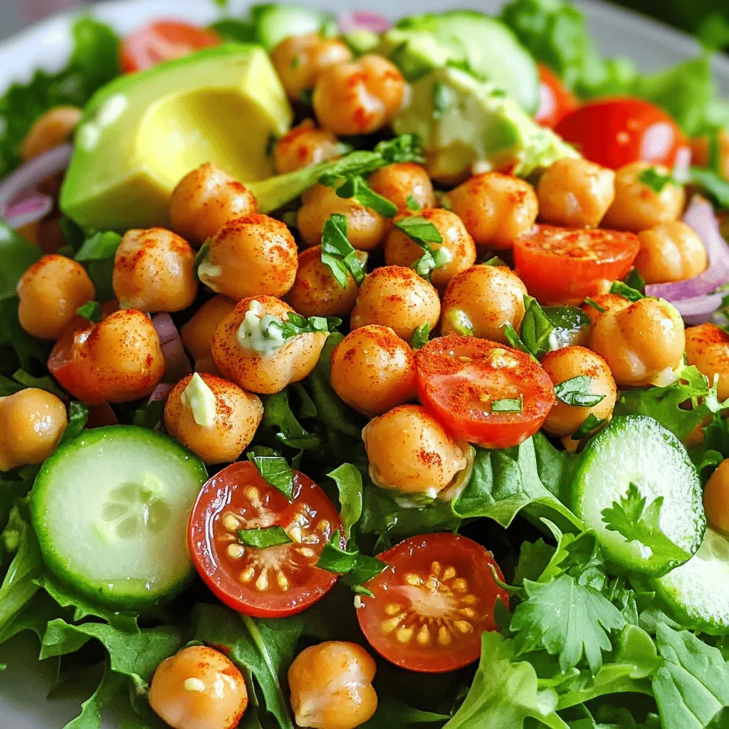 - 1 can (15 oz) chickpeas - 4 cups assorted mixed greens - 1 cup cherry tomatoes - 1 medium cucumber - ½ ripe avocado - ½ red onion - 2 tablespoons extra virgin olive oil - 1 teaspoon smoked paprika - 1 teaspoon garlic powder - Sea salt and black pepper - Juice of 1 fresh lemon - 2 tablespoons tahini - 1 tablespoon water - Fresh parsley, finely chopped I love using chickpeas in my cooking. They are not just tasty; they are also packed with protein and fiber. For this crispy chickpea salad, I start with one can of chickpeas. Make sure to drain and rinse them well. This step helps remove extra salt and gives a fresh taste. For the greens, I use four cups of assorted mixed greens. You can use spinach, arugula, or romaine. Each gives a different flavor and texture. Next, one cup of cherry tomatoes adds sweet juiciness. I cut them in half to make them easier to eat. A medium cucumber adds a nice crunch. I like to dice it into bite-sized pieces. Then, I grab half a ripe avocado. It adds creaminess that balances the crispiness of the chickpeas. I also include half a red onion. I slice it thin for a mild onion flavor. For the dressing, I mix the juice of one fresh lemon with two tablespoons of tahini. This adds a nutty taste. One tablespoon of water helps thin the dressing. Finally, I sprinkle fresh parsley on top. This adds a pop of color and freshness. For the full recipe, check the guide in the article. - Preheat the oven to 400°F (200°C). This heat helps the chickpeas get crispy. - In a bowl, combine the chickpeas with olive oil and spices. Mix well until coated. - Spread the chickpeas on a baking sheet. Ensure they are in one layer. Bake for 20-25 minutes. - For the best crispness, shake the pan halfway through baking. This helps them cook evenly. - In a large bowl, combine mixed greens, cherry tomatoes, cucumber, red onion, and avocado. Toss gently. - For the dressing, whisk together lemon juice and tahini until smooth. Add water to reach your desired thickness. - Season the dressing with salt and pepper. Once the chickpeas are ready, let them cool a bit. - Drizzle the dressing over the salad and toss gently. Top with warm, crispy chickpeas. - Finish with freshly chopped parsley for a burst of flavor. Follow these steps for a delightful meal. For more details, check the Full Recipe. To make your crispy chickpeas shine, even seasoning is key. Start by tossing them well with olive oil and spices. This ensures every chickpea gets a flavorful coat. It might look like a lot of seasoning, but trust me, it enhances every bite. Drying the chickpeas is also important. After rinsing, pat them dry with a towel. Extra moisture can stop them from getting crispy. This small step makes a big difference in texture. When making the dressing, you may want to adjust the consistency. If it is too thick, add a little more water. A thinner dressing coats the salad well and adds great flavor. For flavor enhancements, consider adding herbs or spices. A dash of cumin or a sprinkle of dill can change the game. Experiment with your favorite flavors for a unique twist. To enhance visual appeal, serve the salad in a large bowl or a pretty platter. Arrange the colorful ingredients neatly. A little effort here makes the dish more inviting. For gatherings, top the salad with extra cherry tomatoes or avocado. This not only looks great but also adds extra freshness. You want your salad to be as beautiful as it is tasty! Check out the Full Recipe for more details on how to prepare this delicious dish. {{image_4}} You can easily change the greens in this salad. Try kale, cabbage, or romaine for a fun twist. You can also add bell peppers or carrots for extra crunch. Instead of chickpeas, you can use black beans or lentils. They add protein and a different taste. If you want a new dressing, try a yogurt-based one or a zesty vinaigrette. You can even mix in some mustard or honey for a sweet touch. Spice it up with cayenne or chili powder for a kick. These options can change the flavor profile of your salad. For more protein, add grilled chicken, shrimp, or boiled eggs. These pair well with the crispy chickpeas. If you want a hearty meal, toss in quinoa or farro. This makes the salad more filling and satisfying. You can mix and match to find your favorite combo. Check out the [Full Recipe] to explore all these fun variations! To keep your crispy chickpea salad fresh, store each part separately. Place the salad greens in a clean, dry container. This way, they stay crisp. For the chickpeas, use an airtight container. If you store them with the salad, they may get soggy. Keep the dressing in a small jar in the fridge. This salad will last about 3 days in the fridge. Make sure it stays in an airtight container. For longer storage, avoid freezing. Freezing can ruin the texture of the salad and chickpeas. It's best to enjoy this dish fresh. To reheat the crispy chickpeas, use the oven. Preheat to 350°F (175°C) and bake for about 5-10 minutes. This keeps them crunchy. If the salad sits for a while, toss it gently before serving. Add a splash of fresh lemon juice for a bright taste. You can also drizzle a bit of dressing on top. Remember, for the full recipe, check the earlier section! Yes, you can make crispy chickpeas ahead of time. Store them in an airtight container. They stay crispy for about 2-3 days. To keep them fresh, avoid moisture. You can re-crisp them in the oven if needed. Just heat them at 350°F (175°C) for a few minutes. This ensures a crunchy texture. Chickpeas are very healthy and packed with nutrients. They are high in protein and fiber. This helps you feel full and satisfied. Chickpeas also support digestion and can lower cholesterol. They contain vitamins and minerals like folate, iron, and magnesium. Eating chickpeas can help with weight management and heart health. This salad is already vegan-friendly! All the ingredients are plant-based. Chickpeas, greens, and veggies are perfect for a vegan diet. The dressing, made with tahini and lemon, is also vegan. Just check that your tahini is pure and free of animal products. Yes, this salad is gluten-free! All ingredients, including chickpeas and vegetables, do not contain gluten. Always check labels on packaged goods. Some dressings or tahini brands may have gluten. For full safety, use certified gluten-free products if you have a gluten allergy. This blog post covers a delicious chickpea salad packed with healthy ingredients. You learned how to bake chickpeas for crispness and make a tasty dressing. I also shared tips for variations, storage, and FAQs to help you along the way. Making this salad can be simple and fun. Experiment with ingredients and enjoy your own twist! A well-prepared salad can be a nutritious meal for everyone.