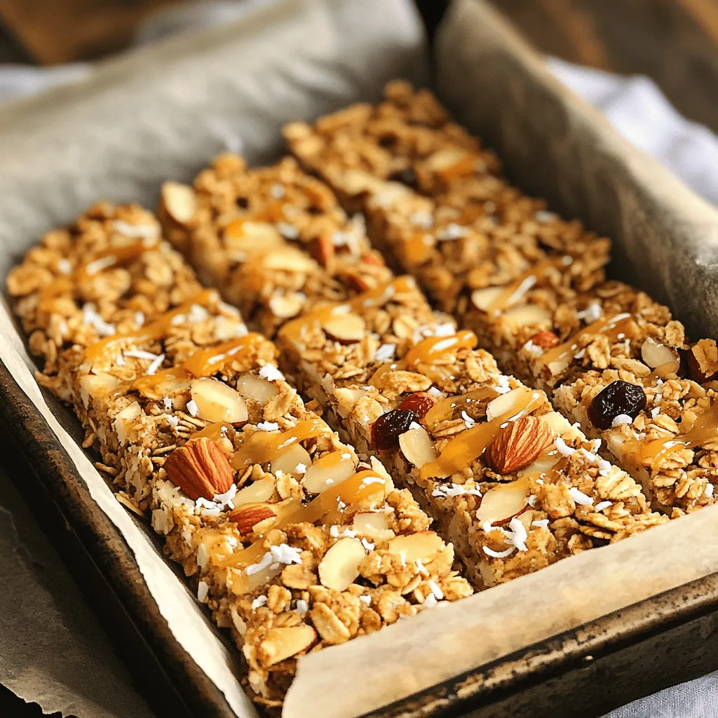 To make nutty granola bars, gather these important items: - 2 cups rolled oats - 1 cup mixed nuts (almonds, walnuts, pecans, roughly chopped) - 1/2 cup honey or maple syrup - 1/2 cup nut butter (peanut or almond) - 1/4 cup unsweetened shredded coconut - 1/2 cup dried fruits (raisins, cranberries, or chopped apricots) - 1/4 teaspoon salt - 1/2 teaspoon ground cinnamon - 1/2 teaspoon pure vanilla extract These ingredients work together to create a chewy, tasty snack. The oats provide a great base. The nuts add crunch and healthy fats. Honey or maple syrup sweetens the bars while binding them. You can add extra flavors or textures to your granola bars. Consider these options: - 1/4 cup chocolate chips or cacao nibs - 1/4 cup seeds (pumpkin or sunflower) - 1/2 teaspoon nutmeg for warmth - A handful of nutmeg or ginger for spice Feel free to mix and match these add-ins. They can make your bars unique and fun. These bars can fit many diets. They are naturally gluten-free if you choose certified oats. If you want a vegan option, use maple syrup and a plant-based nut butter. For nut allergies, you can replace nuts with seeds. This way, you can still enjoy a great snack without worry. For the full recipe, head to the recipe section above. Start by gathering all your ingredients. You need: - 2 cups rolled oats - 1 cup mixed nuts (almonds, walnuts, pecans, roughly chopped) - 1/2 cup honey or maple syrup - 1/2 cup nut butter (peanut or almond) - 1/4 cup unsweetened shredded coconut - 1/2 cup dried fruits (raisins, cranberries, or chopped apricots) - 1/4 teaspoon salt - 1/2 teaspoon ground cinnamon - 1/2 teaspoon pure vanilla extract First, preheat your oven to 350°F (175°C). Line a 9x9-inch baking pan with parchment paper. Make sure the paper hangs over the sides. This will help you lift the bars out later. In a large bowl, mix the rolled oats, chopped nuts, shredded coconut, dried fruits, salt, and ground cinnamon. Stir well so everything is combined. In a separate microwave-safe bowl, mix the honey and nut butter. Heat it for 20-30 seconds until warm. Stir in the vanilla extract after it is warm. Next, pour this warm mixture over the dry ingredients. Use a spatula or wooden spoon to mix until everything is coated. It should stick together nicely. Transfer the mixture into your lined baking pan. Press it down firmly to create an even layer. Bake it in the preheated oven for 20-25 minutes. The edges should look golden brown. After baking, take it out and let it cool in the pan on a wire rack. This cooling step is important to help the bars set. Once cool, use the parchment paper to lift out the slab. Cut it into bars or squares. Store them in an airtight container to keep them fresh. Enjoy your healthy snack anytime! For the full recipe, check out the complete details above. To get the best texture for your nutty granola bars, the key is to press the mixture firmly into the pan. This helps the bars hold together. Make sure to bake them until the edges turn golden brown for a nice crunch. Letting them cool completely in the pan is crucial. If you cut them too soon, they may crumble. You can easily swap ingredients in this recipe to fit your taste. If you don't have mixed nuts, use your favorite nut or seed. Sunflower seeds work well too. For sweeteners, maple syrup can replace honey. If you want a nut-free option, use sunflower butter instead of nut butter. If your bars crumble, it might be due to not pressing the mixture enough. Try using a larger pan or adding more nut butter to help bind them together. If they are too hard, bake them for less time next time. Adjusting the baking time can change the texture, making them softer or crunchier. {{image_4}} You can change the flavors of your nutty granola bars easily. Add different spices like nutmeg or ginger for a warm taste. You can also swap the honey for flavored syrups, like maple or agave. For a chocolatey twist, stir in some cocoa powder or mini chocolate chips. You can even use flavored nut butters, like cashew or hazelnut, to give a unique taste. If you need a nut-free option, you can still enjoy these bars. Instead of nuts, try using seeds like sunflower or pumpkin seeds. You can also add more oats or use rice cereal for crunch. For flavor, include sunflower seed butter or tahini as a base. These swaps keep the bars tasty and safe for anyone with nut allergies. Want to add protein to your bars? There are many easy ways to do this. You can mix in protein powder to the wet ingredients. Add some hemp seeds or chia seeds to the dry mix for an extra boost. You could also include Greek yogurt in the wet mixture for creaminess and protein. These options make your granola bars even more filling and nutritious. For the full recipe, check out the details above. To keep your nutty granola bars fresh, store them in an airtight container. Choose a cool, dry place. This will help maintain their texture and taste. You can also use parchment paper between bars to prevent sticking. This makes it easy to grab one when you need a snack. You can freeze these bars for long-term storage. First, cut the bars into pieces. Wrap each piece in plastic wrap, then place them in a freezer-safe bag or container. This prevents freezer burn. When you are ready to eat, thaw them in the fridge or at room temperature. Homemade nutty granola bars last about one week at room temperature. If you keep them in the fridge, they stay good for two weeks. Freezing extends their life to three months. Always check for any signs of spoilage before eating. Enjoy these tasty snacks knowing they stay fresh! You can easily customize your nutty granola bars. Start by swapping nuts or seeds. Use pumpkin seeds or sunflower seeds instead of nuts. You can also change the dried fruits. Try using apricots, dates, or figs. For a sweeter taste, add chocolate chips or nutmeg. Mix in some protein powder for an extra boost. The key is to keep the same ratio of wet to dry ingredients. This way, your bars will still hold together well. Yes, you can make nutty granola bars vegan. Just replace honey with maple syrup or agave nectar. Use a nut butter that fits your diet, like almond or cashew butter. Check the labels to ensure no animal products are in your ingredients. You can also add more seeds and dried fruits for extra flavor. Nutty granola bars offer many health benefits. They provide fiber, which helps digestion. The nuts give you healthy fats and protein. This can keep you full and energized. Dried fruits add natural sweetness and vitamins. Using whole oats adds more nutrients and keeps your heart healthy. Overall, these bars are a great choice for a quick and nutritious snack. You can find the full recipe to create these bars and enjoy their health benefits. Nutty granola bars use simple ingredients and easy steps. We discussed essential components, optional add-ins, and dietary considerations. You learned the steps for preparing, combining, baking, and cooling your bars. I shared tips for perfect texture and common fixes. We explored flavor variations, nut-free options, and protein boosts. Lastly, I covered storage tips and answered common questions. Now, you can make delicious granola bars at home, tailored to your taste! Enjoy your healthy snack.