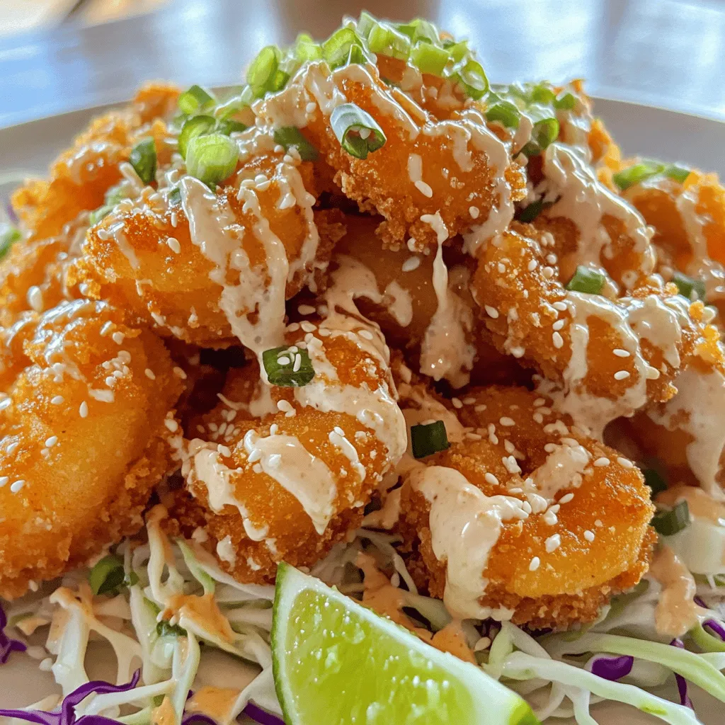 - 1 pound large shrimp, peeled and deveined - 1 cup buttermilk - 1 cup all-purpose flour - 1 cup panko breadcrumbs - 1 teaspoon garlic powder - 1 teaspoon paprika - 1/2 teaspoon cayenne pepper - 1/2 teaspoon salt - 1/2 teaspoon black pepper - For the Bang Bang Sauce: - 1/2 cup mayonnaise - 1/4 cup sweet chili sauce - 1 tablespoon sriracha - 1 teaspoon lime juice - 1 teaspoon honey Bang Bang Shrimp is all about flavor and crunch. The shrimp need to be fresh and juicy. I love using large shrimp. They hold up well during frying. The buttermilk makes them tender and adds taste. Soaking shrimp in buttermilk for 30 minutes is key. Next, the breading is vital. I mix flour with garlic powder, paprika, cayenne, salt, and pepper. It gives the shrimp a nice kick. Panko breadcrumbs add that perfect crunch. They make the shrimp crispy on the outside. Now, let’s talk sauce! The Bang Bang sauce is creamy and sweet. I mix mayonnaise with sweet chili sauce and a touch of sriracha. The lime juice and honey brighten the flavor. This sauce is what makes the dish special. You can find the full recipe to guide you through each step. - Soak shrimp in buttermilk for 30 minutes. - Set up the breading station with flour, panko, and buttermilk. To get the best flavor, soaking shrimp in buttermilk is key. This step helps keep them juicy. After 30 minutes, I prepare my breading station. I use three bowls. In the first bowl, I mix flour with spices. The spices add a nice kick. In the second bowl, I place panko breadcrumbs. The third bowl stays filled with buttermilk. - Dredge shrimp in the seasoned flour, then in the buttermilk, and finally in the panko breadcrumbs. For breading, I start with the flour mixture. I coat each shrimp well. Next, I dip it back in the buttermilk. Finally, I roll it in panko breadcrumbs. This creates a crunchy coating. - Heat oil to 350°F (175°C) for frying. - Fry shrimp for 2-3 minutes until golden brown. I heat oil in a deep pan. I check the temperature with a thermometer. At 350°F, the oil is ready. I carefully add shrimp, not to overcrowd the pan. I fry them for 2-3 minutes on each side. Once golden brown, I remove them and let them drain on paper towels. - Whisk together all sauce ingredients until smooth. To make the Bang Bang sauce, I grab a small bowl. I add mayonnaise, sweet chili sauce, sriracha, lime juice, and honey. I whisk them together until smooth. This sauce brings all the flavors together. - Toss fried shrimp in sauce and serve on a platter. Now comes the fun part! I place the fried shrimp in a large bowl. I drizzle the Bang Bang sauce over them. Then, I gently toss to coat each shrimp. Finally, I serve them on a platter. These shrimp look fantastic and taste even better. For the full recipe, check out the details above! To fry shrimp just right, keep an eye on the oil temperature. I recommend using a thermometer. You want the oil at 350°F (175°C). This heat cooks the shrimp quickly and makes them crispy. If the oil is too cool, the shrimp will soak up oil and become greasy. If too hot, they may burn. Avoid overcrowding the pan. Fry in small batches to ensure even cooking. This way, each shrimp gets enough space to fry properly. You can customize the Bang Bang sauce to fit your taste. Adjust the sriracha for more or less heat. Start with one tablespoon, then add more if you like it spicy. Using fresh lime juice adds brightness to the sauce. It balances the creaminess of the mayonnaise and sweet chili sauce. A little squeeze goes a long way! For a fun presentation, serve the Bang Bang shrimp on a bed of shredded cabbage. This adds a nice crunch to each bite. Garnish with green onions or sesame seeds for extra flavor and color. A lime wedge on the side makes it look great and gives a zesty touch. These tips will help you create a delicious dish that impresses everyone. For the full recipe, check out the details above! {{image_4}} To spice things up, you can add more heat. Try using cayenne or even ghost pepper. Just a pinch can make a big difference. Adjust the amount based on your taste. You can also add hot sauce to the Bang Bang sauce for extra flavor. If you want a different crunch, switch up the coating. Use crushed cornflakes or tortilla chips instead of panko. Both options give a unique texture. They add a fun twist to the classic recipe. Experiment with your favorite crunch and find what you love best. Bang Bang shrimp is versatile. Pair it with rice for a hearty meal. A fresh salad can lighten up the dish. You can also use it as a taco filling. Just add some toppings like lettuce and salsa. The options are endless, and each choice enhances the shrimp's flavor. For the full recipe, check out Bang Bang Shrimp Delight. Refrigerate leftovers in an airtight container for up to 2 days. Make sure you let them cool before sealing. This helps keep the shrimp tasty and fresh. If you want them to last longer, consider freezing them. For the best texture after reheating, use the oven or air fryer. Preheat your oven to 350°F (175°C). Place the shrimp on a baking sheet and heat for about 10 minutes. If you use an air fryer, set it to 350°F and cook for 5-7 minutes. This method keeps them crispy and delicious. Freezing pre-cooked shrimp and sauce separately is a great option for future meals. Wrap the shrimp in plastic wrap and place them in a freezer bag. Store the Bang Bang sauce in a sealed container. When you’re ready to enjoy, thaw everything in the fridge overnight before reheating. This way, you can savor your Bang Bang Shrimp again anytime! Bang Bang Shrimp is a tasty appetizer. It features crispy shrimp tossed in a creamy sauce. The dish is famous for its unique blend of sweet and spicy flavors. You can find it in many restaurants. The crunchy texture and rich sauce make it hard to resist. To make Bang Bang Shrimp healthier, you can bake instead of frying. Baking uses less oil, which lowers fat content. You can also use less sauce or make a lighter version. Try Greek yogurt instead of mayonnaise in the sauce. This swap adds protein and cuts calories. Yes, you can use frozen shrimp! Just remember to thaw them first. Place the shrimp in the fridge overnight for best results. If you're short on time, you can run them under cold water. Ensure they're fully thawed before cooking to keep them tender. Bang Bang Shrimp pairs well with many side dishes. Try serving it over rice or a fresh salad. You can also use it as a filling for tacos. For drinks, a light beer or a fruity cocktail enhances the flavors. To crank up the heat, add more cayenne pepper to the shrimp coating. You can also increase the sriracha in the sauce. If you're brave, try adding hot sauce or chili oil. Adjust the spice level to match your taste buds. For a fiery kick, mix in some jalapeños! Bang Bang Shrimp is a fun and tasty dish you can easily make at home. We covered the key ingredients, step-by-step cooking instructions, and some neat tips to get it just right. You can even switch things up with variations or enhance the sauce to match your taste. Whether you’re serving it as an appetizer or a main dish, this recipe brings excitement to your table. Enjoy your delicious Bang Bang Shrimp and impress everyone with your cooking skills!