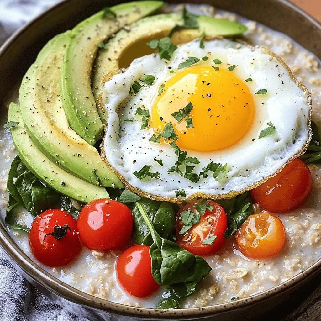 To make savory oatmeal with egg, you need these core items: - 1 cup rolled oats - 2 cups vegetable broth (or water) - 1 large egg - 1 medium ripe avocado, sliced - 1/2 cup cherry tomatoes, halved - 1 cup fresh baby spinach - 1 tablespoon olive oil - 1 tablespoon soy sauce (or tamari for a gluten-free option) - 1/2 teaspoon garlic powder - 1/4 teaspoon black pepper - Salt to taste - Fresh herbs (like cilantro or parsley) for garnish These ingredients form the base of your dish. The rolled oats provide a hearty texture. Vegetable broth adds depth, while fresh veggies bring color and nutrients. You can customize your savory oatmeal with these optional add-ins: - Spices and seasoning variations: Consider adding chili flakes for heat or smoked paprika for a smoky touch. - Cheeses and other protein options: A sprinkle of feta or shredded cheese can add creaminess. You can also add cooked bacon or sausage for more protein. These extras let you tailor the dish to your taste. You can explore different flavors and make it your own. Try the [Full Recipe] for step-by-step guidance. To make savory oatmeal, start with the rolled oats. Use 1 cup of oats and 2 cups of vegetable broth or water. 1. Pour the broth into a medium pot and heat it on high. Wait until it boils. 2. Once boiling, add the rolled oats. Lower the heat and let them simmer for about 5 minutes. Stir them now and then. The oats should become creamy and soft. 3. To add flavor, mix in 1 tablespoon of soy sauce and 1/2 teaspoon of garlic powder. Taste it to see if you need more salt or pepper. Now, let’s cook the egg. You can make it sunny side up or over easy. Each style has its charm. - For sunny side up, crack the egg into a hot skillet. Let it cook without flipping until the white sets but the yolk stays runny. - For over easy, cook the egg on one side, then gently flip it to cook the other side for a minute. Sprinkle a little salt and black pepper on the egg while it cooks. This will enhance its taste. Once the egg is done, you can use the same skillet to cook your veggies. Add 1 cup of fresh baby spinach and 1/2 cup of halved cherry tomatoes. Stir them for about 1-2 minutes until the spinach wilts and the tomatoes soften. Now, let’s plate this delicious meal! Spoon the creamy oats into a bowl. Top with the sautéed spinach, tomatoes, and the perfectly cooked egg. Finish it by placing sliced avocado on top and adding fresh herbs for a tasty touch. For the full recipe, check the previous section. This dish is not just a treat for your taste buds but also a feast for the eyes! To get the best texture for your savory oatmeal, stick to the cooking times. Cook the oats for about five minutes. If you want creamier oats, simmer them longer, but watch closely. Adding a bit more broth or water during cooking can help. You want them soft but not mushy. Stir often to keep them from sticking to the pot. Combining savory elements makes your dish more exciting. Use fresh vegetables like spinach and tomatoes. They add color and taste. Avocado brings creaminess, while soy sauce adds depth. Adjust the seasoning to your liking. If you prefer less salt, skip the soy sauce or use a low-sodium version. For dietary needs, you can swap ingredients. Use gluten-free oats for a gluten-free option. Replace the egg with a tofu scramble for a vegan choice. You can also try different toppings like feta cheese or roasted nuts to change the flavor. Explore your kitchen and have fun with it! {{image_4}} You can make savory oatmeal even better by mixing in different vegetables. Try adding sautéed mushrooms, bell peppers, or zucchini. Each veggie brings its own flavor and texture to the dish. Spinach is great, but kale offers a heartier bite. You can also introduce various sauces and toppings. A drizzle of hot sauce adds spice. A spoonful of pesto gives a fresh taste. If you want something creamy, try a dollop of yogurt or sour cream. Each choice turns your savory oatmeal into a new meal. If you need gluten-free options, use gluten-free oats and tamari instead of soy sauce. This way, you can enjoy the same great taste without gluten. For a vegan version, skip the egg and add a scoop of nutritional yeast for a cheesy flavor. You can also use tofu or tempeh to add protein. This keeps the meal filling and tasty while meeting your dietary needs. You can find the full recipe for savory oatmeal with egg to explore all these ideas. To keep your savory oatmeal fresh, store it in an airtight container. This helps prevent it from drying out. Make sure to let it cool to room temperature before sealing. Place the container in the fridge. It will stay good for about three days. If you want to keep it longer, consider freezing it. Just make sure to use a freezer-safe container. When you are ready to eat, you can reheat your oatmeal on the stove or in the microwave. For the stove, add a splash of broth or water to help restore the creaminess. Heat it over low heat, stirring often. In the microwave, use a microwave-safe bowl. Cover the bowl to keep moisture in. Heat in short bursts, stirring in between, until warm. These methods will help bring back the texture and flavor. Enjoy your meal! To make savory oatmeal with egg, follow these basic steps: 1. Boil Broth: Start by boiling 2 cups of vegetable broth or water in a saucepan. 2. Add Oats: Once the broth boils, add 1 cup of rolled oats. Reduce the heat and let it simmer for about 5 minutes. 3. Cook Egg: While the oats cook, heat a small skillet with 1 tablespoon of olive oil. Crack 1 large egg into the skillet and cook it to your liking. 4. Mix in Seasoning: Stir in 1/2 teaspoon of garlic powder and 1 tablespoon of soy sauce into the oats. 5. Add Veggies: Toss in 1 cup of fresh spinach and 1/2 cup of halved cherry tomatoes to the skillet until they soften. 6. Assemble Dish: Serve the oats in a bowl topped with the egg, sautéed veggies, and sliced avocado. This dish is quick and easy, making it perfect for breakfast. Yes, you can prep this dish ahead of time. - Storage: Store cooked oats and veggies in separate airtight containers in the fridge. - Meal Prep: You can cook the oats and store them for up to 3 days. However, it's best to cook the egg fresh when you're ready to eat. You can customize your savory oatmeal with many toppings. Here are some ideas: - Protein: Try adding crumbled feta, shredded chicken, or smoked salmon. - Veggies: Include roasted bell peppers, zucchini, or mushrooms for extra flavor. - Spices: Experiment with chili flakes, paprika, or fresh herbs like basil or chives. These toppings can enhance the taste and make each bowl unique. For the full recipe, check out the [Full Recipe]. Savory oatmeal with egg is easy to make and fun to customize. You start with rolled oats, then add broth and fresh veggies for a tasty base. Cooking the egg to your liking adds extra delight. Remember to experiment with spices and other toppings to make it your own. Store leftovers properly to keep them fresh for your next meal. With these tips, you can enjoy this dish in many ways. Embrace the flavors and get creative with your savory oatmeal!