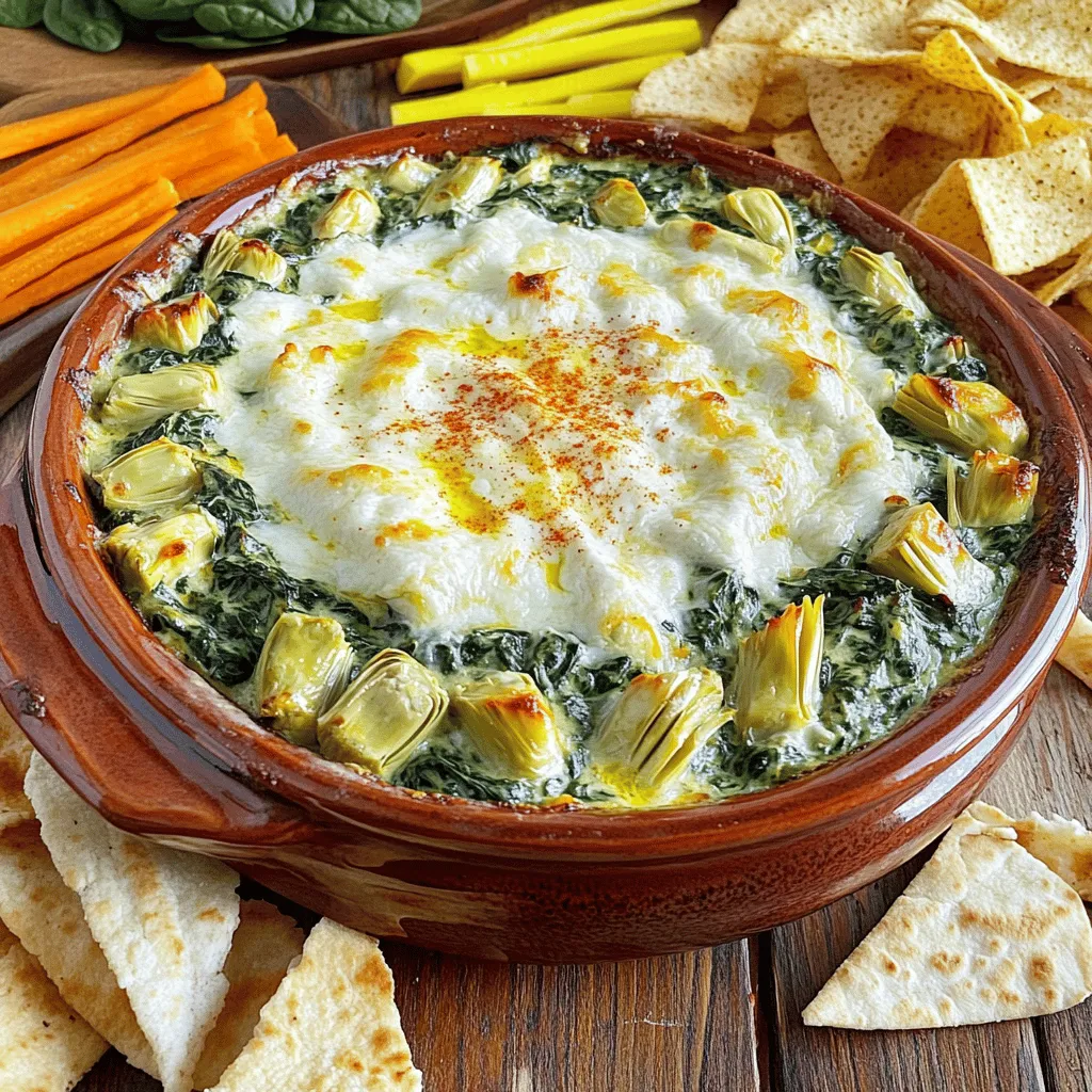 - 1 cup fresh spinach, finely chopped - 1 cup canned artichoke hearts, thoroughly drained and coarsely chopped - 1 cup cream cheese, softened to room temperature - 1/2 cup sour cream, preferably full-fat for extra creaminess - 1/2 cup mayonnaise, for a luscious texture - 1 cup shredded mozzarella cheese, plus extra for topping if desired - 1/2 cup grated Parmesan cheese, with a bit reserved for garnish - 2 cloves garlic, finely minced - 1 teaspoon fresh lemon juice, to brighten the flavors - Salt and freshly ground black pepper to taste - Extra mozzarella cheese - Paprika - Fresh parsley Creamy spinach artichoke dip has a rich and hearty taste. The fresh spinach pairs perfectly with the artichoke hearts. Cream cheese makes the dip smooth and creamy. Sour cream adds a tangy touch, while mayonnaise gives it a rich feel. Mozzarella cheese melts beautifully, creating a gooey texture. Parmesan cheese adds a salty kick. Minced garlic brings depth, while lemon juice brightens the flavors. When you gather these ingredients, you set the stage for a dish that everyone will love. You can also sprinkle extra mozzarella on top before baking. Paprika adds color and a hint of spice. Fresh parsley makes it look bright and fresh. For the full recipe, look to the section above. Enjoy the process of making this tasty dip! - Preheating the Oven First, set your oven to 350°F (175°C). This step warms up the oven for baking. - Mixing Creamy Base In a medium bowl, blend the softened cream cheese, sour cream, and mayonnaise. Use a spatula or hand mixer. Mix until smooth, with no lumps left. - Incorporating Spinach and Artichokes Add the finely chopped spinach and the drained artichoke hearts to the creamy mix. Then, stir in the minced garlic and lemon juice. Season with salt and pepper. Mix everything well so each bite is full of flavor. - Pouring and Spreading the Mixture Next, pour the dip mixture into a greased baking dish. Spread it out evenly with a spatula. This ensures even baking. - Baking Time Place the dish in the preheated oven. Bake for 20-25 minutes. Look for a bubbly dip with a lightly golden top. This means it’s ready! You can find the full recipe for this delicious dip above. Dairy-Free Options You can make this dip dairy-free by using plant-based cream cheese. Look for brands that offer a similar texture. Use coconut yogurt instead of sour cream for a creamy touch. For the mozzarella, try dairy-free cheese shreds. Check for options that melt well. Low-Fat Alternatives If you want to lighten this dish, replace cream cheese with low-fat cream cheese. Greek yogurt can replace sour cream for added protein. You can also use light mayonnaise. These swaps keep the flavors without the extra calories. Ensuring Creaminess To keep your dip creamy, make sure all dairy products are at room temperature before mixing. This helps them blend smoothly. Stir gently when adding spinach and artichokes, so you keep some texture. Avoid over-mixing to prevent a grainy dip. Achieving Perfect Bake Bake your dip at 350°F (175°C) for 20-25 minutes. This ensures it heats evenly. Watch for a golden top and bubbling edges. If you like a crispier top, add more cheese during the last few minutes. Let it cool for five minutes before serving to set properly. For more detailed steps, check the Full Recipe. {{image_4}} To make your creamy spinach artichoke dip even more exciting, try adding some flavorful twists. Here are two fun options: - Spicy Spinach Artichoke Dip: Want some heat? Add diced jalapeños or a pinch of cayenne pepper. These ingredients give the dip a nice kick. You can also mix in some crushed red pepper flakes for extra spice. - Cheesy Mediterranean Twist: For a Mediterranean flair, add sun-dried tomatoes, black olives, and feta cheese. These ingredients bring a bright taste and a unique texture to the dip. The salty flavor of feta pairs wonderfully with spinach and artichokes. Now that you have a delicious dip, how do you serve it? Here are some tasty ideas: - Dippers to Pair: Serve your dip with a variety of dippers. Pita chips, tortilla chips, and fresh vegetable sticks like carrots, celery, and bell peppers work well. You can also use bread slices or crostini for a heartier option. - Presentation Ideas: For a lovely display, serve the dip in a decorative bowl or right in the baking dish. Before serving, sprinkle extra grated Parmesan cheese and a dash of paprika on top. This adds color and flavor. Garnish with fresh parsley to make it look even more inviting. Enjoy the flavors! For the complete recipe, check out the [Full Recipe]. How do I store leftovers? After enjoying your creamy spinach artichoke dip, let it cool to room temperature. Then, place it in an airtight container. Store it in the fridge for up to four days. If you notice any change in smell or texture, do not eat it. Always trust your senses. How do I freeze and reheat? To freeze the dip, first cool it completely. Then, transfer it to a freezer-safe container. You can also use a freezer bag. Label it with the date. It will stay good for about three months. When you want to enjoy it again, thaw it overnight in the fridge. To reheat, place it in an oven-safe dish and warm it at 350°F (175°C) for about 20 minutes. Stir it halfway through for even heating. Enjoy that creamy goodness just like fresh! For the full recipe, check the earlier section. Yes, you can make this dip ahead of time. Prepare the dip and place it in a baking dish. Cover it tightly with plastic wrap or foil. Store it in the fridge for up to two days. When you're ready to bake it, take it out and let it sit at room temperature for about 30 minutes. This helps it bake evenly. Homemade spinach artichoke dip lasts about three to four days in the fridge. Store it in an airtight container. If you want to keep it longer, you can freeze it for up to three months. Just thaw it in the fridge before reheating. If you don't have artichokes, try using cooked spinach or sun-dried tomatoes. Both add great flavor. You can also use roasted red peppers for a sweet twist. Just chop them finely and mix them in with the other ingredients. To spice up the dip, add diced jalapeños or crushed red pepper flakes. You can also mix in a splash of hot sauce for extra heat. Taste as you go to find your perfect balance of flavors. Yes, this spinach artichoke dip is gluten-free! All the main ingredients, like spinach and cheese, are naturally gluten-free. Just be sure to check any store-bought items, like mayonnaise or sour cream, to confirm they are gluten-free. Enjoy with your favorite gluten-free dippers! For the Full Recipe, check out the earlier sections. This blog post covered how to make a tasty spinach artichoke dip. You learned about key ingredients and step-by-step instructions for preparation and baking. I shared tips for substitutions and cooking techniques to help you succeed. Variations offered fun twists, while storage info showed how to keep leftovers fresh. Enjoy experimenting with different flavors and serving ideas. This dip is sure to please everyone at your next gathering!