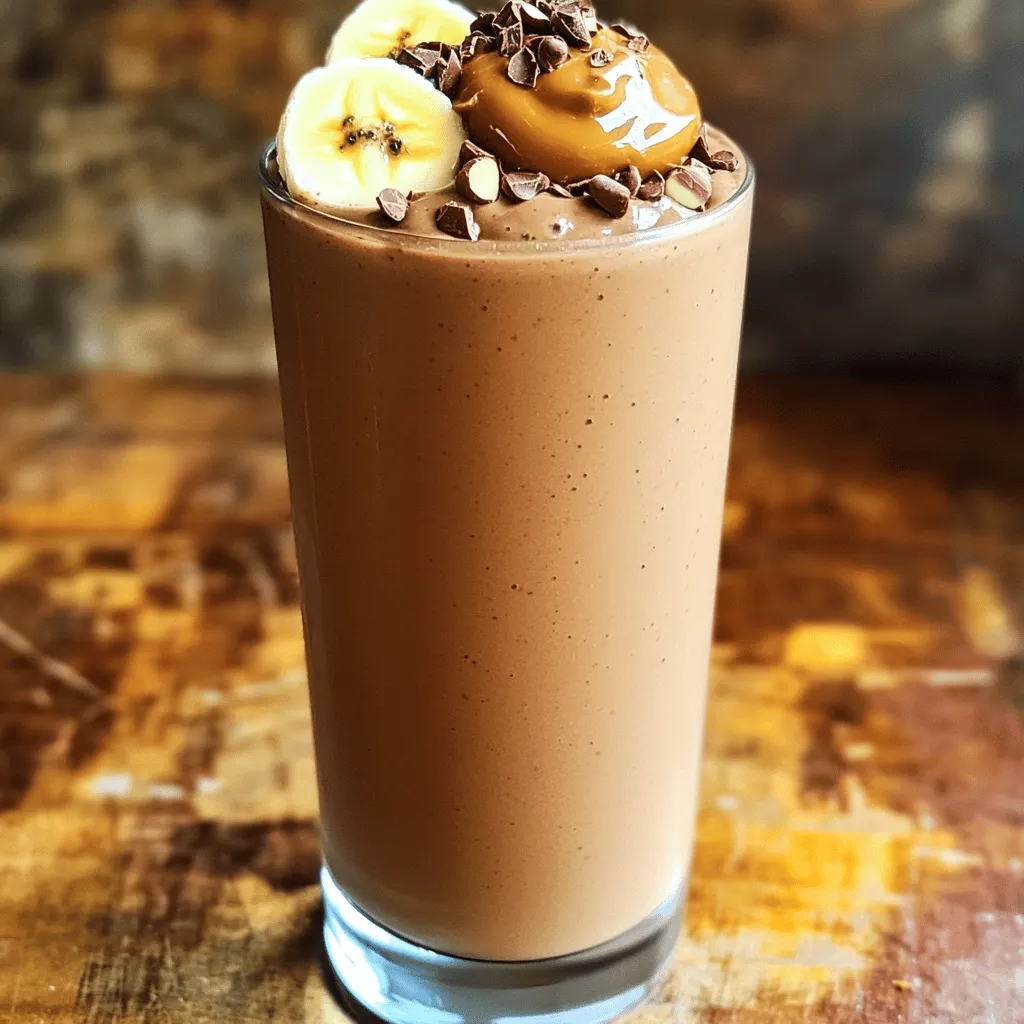 - 2 ripe bananas (previously frozen) - 1 cup unsweetened almond milk - 2 tablespoons high-quality cocoa powder - 1 tablespoon almond butter - 1 tablespoon maple syrup - 1/2 teaspoon pure vanilla extract - A pinch of fine sea salt - Ice cubes (optional) To make the perfect chocolate banana smoothie, gather these ingredients. Start with ripe bananas. Freezing them adds a creamy texture. Use almond milk, but any milk works great. Quality cocoa powder gives the best chocolate flavor. Almond butter adds richness, but peanut butter is a fun swap. Maple syrup sweetens the drink, and adjusting it is easy. Vanilla extract boosts the taste, while sea salt enhances all the flavors. Lastly, add ice cubes if you want a thicker smoothie. For the full recipe, check out the Choco-Banana Bliss Smoothie! Start by peeling the frozen bananas. This step is easy but crucial. Once peeled, slice the bananas into smaller chunks. This helps them blend well. Next, measure out the other ingredients. You need one cup of unsweetened almond milk. Grab your cocoa powder, almond butter, maple syrup, vanilla extract, and sea salt. Make sure your workspace is neat for easy mixing. Now, add all your ingredients into the blender. Toss in the banana chunks first. Then, pour in the almond milk. Next, add the cocoa powder, almond butter, maple syrup, vanilla, and sea salt. Blend the mixture on high speed. Keep blending until it is smooth and creamy. You might need to stop the blender once to scrape down the sides. This ensures everything mixes well. After blending, it’s time to taste your smoothie. If you want it sweeter, add more maple syrup. Blend again if you add anything new. Once you are happy with the taste, pour the smoothie into a tall glass or a bowl. For a fun touch, you can add a dollop of almond butter on top. Garnish with cocoa nibs or slices of banana. This makes your Choco-Banana Bliss Smoothie look even more tempting. You can find the full recipe above to enjoy this delightful drink! Choosing ripe bananas is key for flavor and sweetness. Look for bananas with brown spots. These spots mean they are sweet and soft, perfect for smoothies. If you want an even creamier drink, freeze the bananas ahead of time. Frozen bananas blend well and add thickness. I recommend using unsweetened almond milk. It has a mild taste and adds creaminess without extra sugar. Almond milk is also lighter than regular milk. This makes your smoothie healthy and refreshing. If you prefer, you can pick other milk types, like oat or soy. To achieve a creamy texture, start with the bananas at the bottom of the blender. This helps them blend smoothly. Add your other ingredients on top. Blend on high speed until the mixture is completely smooth. Pause to scrape down the sides if needed. This ensures everything blends well. If you like a thicker smoothie, add ice cubes. Toss them in after blending the main ingredients. Blend again until the ice is fully mixed in. This gives your smoothie a frosty feel. Garnishing your smoothie can make it look more appealing. Try adding a dollop of almond butter on top. You can also sprinkle cocoa nibs or add banana slices for color. For serving, use a tall glass or a bowl. A bowl lets you add toppings like granola or nuts. It also makes a fun breakfast option. Don't forget a colorful straw for sipping! This simple touch can make your smoothie even more enjoyable. {{image_4}} You can easily make this smoothie vegan. Start by swapping the almond milk for any plant-based milk. Use peanut butter instead of almond butter for a richer taste. Maple syrup is already vegan, but feel free to adjust the amount based on your sweet tooth. For a creamy texture, you can add a spoonful of coconut yogurt. This keeps your smoothie rich and tasty while staying plant-based. Want to boost your protein intake? Add protein powder to your smoothie. A scoop of chocolate protein powder pairs well with the banana and cocoa. If you prefer a creamier texture, Greek yogurt works great too. It adds protein and a nice tang. Blend everything until smooth, and enjoy your protein-packed treat! You can change the flavor easily. Try using different nut butters, like cashew or sunflower seed butter. Each nut butter gives a unique twist to your smoothie. You can also add spices for extra warmth. A dash of cinnamon or nutmeg can enhance the chocolate flavor. Just sprinkle a little in before blending, and you’ll have a delightful twist on your smoothie! For the full recipe, check out Choco-Banana Bliss Smoothie. To store your leftover smoothie, pour it into a glass or jar. Seal it tightly with a lid. Keep it in the fridge for up to 24 hours. Smoothies may separate over time. Just stir or shake before drinking. This helps mix the ingredients back together. You can freeze your smoothie for later. Pour it into ice cube trays or freezer bags. This way, you can make smoothie pops or quick single servings. When you're ready to drink it, thaw it overnight in the fridge. You can also blend it directly from frozen for a thick treat. For best results, use glass jars or BPA-free plastic containers. Mason jars work great for smoothies. They seal well and are easy to clean. Ensure your container is freezer-safe if you plan to freeze your smoothie. This prevents any cracking or damage while frozen. Yes, you can use fresh bananas. However, your smoothie will differ. Frozen bananas create a creamy texture. They also chill the drink without extra ice. Fresh bananas make the smoothie thinner. You may want to add some ice if using fresh bananas. Try it both ways to see what you like best! To make your smoothie sweeter, use natural sweeteners. Maple syrup is a great choice. You can add more to your taste. Other options include honey or agave. If you want a fruitier flavor, add dates. Just blend them in with the other ingredients. Always taste your smoothie before serving. You can adjust the sweetness easily! There are many ways to boost your smoothie’s nutrition. Here are some ideas: - Chia seeds: Great for fiber and omega-3s. - Spinach: Adds vitamins without changing the taste. - Protein powder: Perfect for a post-workout drink. - Nutmeg or cinnamon: Adds flavor and health benefits. - Greek yogurt: Increases creaminess and protein. Feel free to mix and match these extras. They can make your Choco-Banana Bliss Smoothie even better! For the full recipe, check out the main section. This blog post offered a simple guide to making a delicious chocolate banana smoothie. We explored key ingredients and step-by-step instructions, including tips for the best texture. I shared variations to suit different diets and preferences, along with storage tips for leftovers. Enjoy the creamy taste and adjust it to your liking. With this recipe, you can easily create a tasty treat that fits your needs. Happy blending!