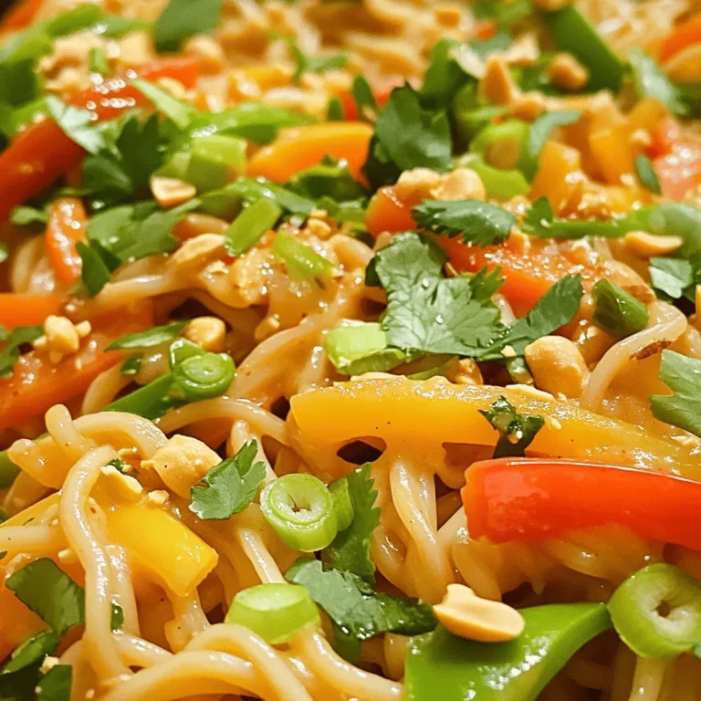 - 8 oz rice noodles - 1 cup bell peppers (mixed colors), thinly sliced - 1 cup carrots, julienned - 1 cup snap peas, trimmed - 1/4 cup green onions, chopped - 1/4 cup roasted peanuts, roughly chopped - 1 tablespoon sesame oil - 2 cloves garlic, minced - 1 tablespoon fresh ginger, minced - 1/4 cup creamy peanut butter - 3 tablespoons soy sauce - 1 tablespoon sriracha (adjust to taste) - 1 tablespoon lime juice - Salt and black pepper to taste - Fresh cilantro, for garnish (optional) For this recipe, I love using fresh veggies. They add color and crunch. The rice noodles give a soft base. Don't forget the roasted peanuts; they add a nice crunch. The peanut butter adds creaminess to the sauce. The sesame oil brings a nutty flavor to the mix, while garlic and ginger give it a warm, spicy kick. Adjust the sriracha for your spice level. If you want more heat, add a bit more. You can make this dish your own. Swap out the veggies or add protein. Check out the Full Recipe for more details on how to prepare this vibrant meal. To start, bring a large pot of water to a boil. Add 8 oz of rice noodles. Cook them until they are al dente, following the package instructions. This usually takes about 4-6 minutes. Once cooked, drain the noodles in a colander. Rinse them under cold water to stop the cooking. This step keeps the noodles from sticking together. In a roomy skillet, heat 1 tablespoon of sesame oil over medium-high heat. Once the oil is hot, add 2 minced cloves of garlic and 1 tablespoon of minced fresh ginger. Stir for about 30 seconds until they smell nice. Next, toss in 1 cup of thinly sliced bell peppers, 1 cup of julienned carrots, and 1 cup of trimmed snap peas. Stir-fry the veggies for 3-4 minutes. You want them tender but still crisp. Grab a small bowl and whisk together 1/4 cup of creamy peanut butter, 3 tablespoons of soy sauce, 1 tablespoon of sriracha, and 1 tablespoon of lime juice. Mix until smooth. If your sauce is too thick, add warm water a bit at a time. Adjust it until you like the consistency. Now, add the cooked noodles to the skillet with the vegetables. Pour the peanut sauce over everything. Toss it all together until the noodles are well coated. Heat through for 2-3 minutes. You want everything nice and warm. Finally, stir in 1/4 cup of chopped green onions and 1/4 cup of roughly chopped roasted peanuts. Give it a taste and add salt and black pepper as needed. You can find the full recipe for Spicy Thai Peanut Noodles online for more details. To make the best spicy Thai peanut noodles, focus on the noodles first. Cook the rice noodles according to the package. Aim for an al dente texture. This means they should be firm but not hard. Overcooking can lead to mushy noodles. After cooking, rinse them under cold water. This halts the cooking and keeps them from sticking. Balancing flavors is key. Start with a base of peanut butter and soy sauce. Adjust the spice with sriracha. If it's too spicy, add more peanut butter or lime juice. If it’s too sweet, a dash of soy sauce can help. Taste as you go, and don’t be afraid to change things up! Serving your noodles well can make a big difference. Use bright bowls to highlight the colors of the dish. Place the noodles in the center, then arrange the vegetables around them. This creates a beautiful dish that invites you to dig in. Garnishing is also important. Sprinkling fresh herbs brightens the flavors. Add crushed peanuts for texture. A drizzle of sriracha can also enhance the visual appeal. A little lime wedge on the side can add a splash of color. If you want to double the recipe, it’s simple. Just multiply each ingredient by two. Make sure you have a big enough pot for the noodles. A larger skillet or wok helps with the stir-frying. This dish is perfect for meal prep. Cook a big batch, then store it in the fridge. It tastes great the next day and makes for easy lunches. Just reheat it in the microwave or on the stove. Enjoy your delicious, easy meal anytime! {{image_4}} You can easily add protein to your spicy Thai peanut noodles. Try chicken, shrimp, or tofu. For chicken, cook it in the skillet before adding the veggies. Shrimp cooks fast, so toss it in with the vegetables. Tofu is great for a vegetarian option. Use firm tofu, drain it, and cut it into cubes. Sauté it until golden for a nice texture. Vegetarian alternatives are simple. You can use tempeh or chickpeas for plant-based protein. Both options work well and absorb flavors nicely. Feel free to swap out vegetables based on what you have. Broccoli, zucchini, or mushrooms can work great too. You can also mix in spinach or kale for a boost of nutrients. Seasonal vegetables add freshness. In summer, use fresh corn or cherry tomatoes. In winter, try root veggies like sweet potatoes or butternut squash. If you need a gluten-free meal, there are easy swaps. Use gluten-free soy sauce or tamari in place of regular soy sauce. For the noodles, look for rice noodles made from 100% rice. Check the label to be sure they are gluten-free. When prepping, keep your work area clean. Use separate utensils for gluten-free items. This helps avoid cross-contamination. Enjoy your dish worry-free with these simple adjustments! To keep Spicy Thai Peanut Noodles fresh, store them in an airtight container. Place them in the fridge right after they cool. This helps keep them safe to eat. You can keep them for 3 to 5 days. If you notice any strange smell or mold, throw them away. You can freeze these noodles if you have extra. First, let them cool completely. Then, place them in a freezer-safe bag or container. Remove as much air as possible. The noodles can last up to 2 months in the freezer. To keep the taste and texture, freeze the sauce separately. This way, you can enjoy the flavors fresh when you reheat them. To reheat, use the stovetop or microwave. The stovetop method keeps the noodles from getting too soft. Warm a pan over low heat and add a splash of water. Stir until heated through. For the microwave, place the noodles in a bowl. Add a little water, then cover loosely. Heat in short bursts, stirring in between. This helps keep the noodles moist and tasty. Enjoy your quick meal! Yes, you can prep many ingredients ahead of time. Cook the noodles and store them in the fridge. You can cut the veggies and keep them in an airtight container. Mix the peanut sauce and store it separately. When you want to eat, just stir-fry the veggies and heat everything together. This method saves time on busy days. If you need a nut-free option, try sunflower seed butter or tahini. Both give a creamy texture and good flavor. You can also use soy nut butter. Just make sure to check for allergens if you serve it to others. Yes, Spicy Thai Peanut Noodles can be gluten-free. Use rice noodles instead of wheat noodles. For the sauce, choose a gluten-free soy sauce or tamari. Always read labels to avoid hidden gluten in sauces and ingredients. The spice level depends on how much sriracha you add. If you love heat, add more sriracha. For less heat, start with a small amount and taste as you go. You can also add a dash of chili flakes for extra kick. Absolutely! You can add broccoli, zucchini, or bok choy. Spinach or kale also works great. Adding more veggies boosts nutrition and color. Just make sure to cut them small so they cook evenly with the noodles. Spicy Thai Peanut Noodles are easy to make and packed with flavor. You learned key ingredients, cooking steps, and tips to perfect your dish. By customizing toppings and proteins, you can make it your own. Storing and reheating methods ensure you enjoy leftovers too. Experiment and find your favorite mix! Cooking can be fun, and these noodles show that. Try it out and savor each bite. This meal is sure to please.