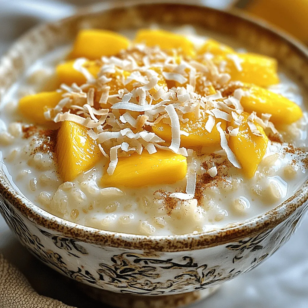 - 1 cup Arborio rice - 4 cups creamy coconut milk - 1/2 cup granulated sugar - 1/4 teaspoon fine sea salt - 1 teaspoon pure vanilla extract - 1/2 teaspoon ground cinnamon - 1/4 cup unsweetened shredded coconut (toasted for topping) - Fresh mango slices or a medley of berries (for garnishing) Coconut milk rice pudding is a simple yet rich dish. The ingredients shine through. Arborio rice is key. It absorbs the coconut milk well, creating a creamy texture. The coconut milk adds a lovely flavor. It makes the pudding taste tropical and sweet. Sugar balances the richness. You can adjust it to your taste. The pinch of salt brings out the other flavors. Vanilla and cinnamon add warmth and depth. Topping with toasted coconut gives a nice crunch. Fresh fruit like mango or berries brightens the dish. It adds color and flavor. For the full recipe, visit the section titled "Coconut Dream Rice Pudding." You will find all the tasty details there. This pudding is perfect for any time. It's sure to please everyone! - Rinse Arborio rice until water is clear. - Drain excess water. To start, rinsing the Arborio rice is key. It removes extra starch that can make the pudding too sticky. You want the water to run clear. After rinsing, drain the rice in a fine-mesh strainer. This simple step helps ensure a creamy texture. - Combine ingredients in saucepan. - Simmer and stir to prevent sticking. - Cover and cook on low heat. Next, you’ll combine the rinsed rice, coconut milk, sugar, and salt in a medium saucepan. Heat this mixture over medium heat. Stir it often so it doesn’t stick. Once you see bubbles, reduce the heat to low. Cover the pan tightly and let it cook for 30 to 35 minutes. Stir every now and then. The rice should be soft, and the pudding should thicken nicely. - Add vanilla and cinnamon. - Adjust sweetness to taste. - Cool before serving. When the pudding is done, remove it from heat. Stir in pure vanilla extract and ground cinnamon. Taste it and add more sugar if you want it sweeter. Let it cool a bit before serving. You can enjoy it warm or chill it for a cool treat. For a lovely finish, serve it in bowls topped with toasted coconut, fresh mango slices, or colorful berries. This makes it not just tasty but also beautiful. You can find the Full Recipe to create this delightful dish. Stirring is key to making creamy rice pudding. It helps keep the rice from sticking to the bottom of the pan. As you cook, check the heat. If the pudding bubbles too much, lower the heat. This keeps it from burning and helps the rice cook just right. Garnishes make your pudding shine. I love using toasted coconut for crunch. Fresh mango slices or mixed berries add color and flavor. Serve the pudding in pretty bowls. A decorative platter makes it even more inviting. Sprinkling extra coconut on top brings a nice touch. Cooking rice is simple, but common mistakes can spoil the dish. Avoid overcooking the rice; it can turn mushy. Undercooking can leave you with hard bits. Always measure your ingredients. Using the wrong ratios can lead to a pudding that’s too runny or too thick. For the full recipe, check out the details above. {{image_4}} You can easily make this rice pudding vegan. Simply swap out the sugar for agave or maple syrup. These options add a nice sweetness without using granulated sugar. You can also explore alternative dairy options. For instance, almond or soy milk can work too, but they will change the flavor slightly. If you want a gluten-free treat, ensure all your ingredients are gluten-free. The Arborio rice and coconut milk are naturally gluten-free. Just check the labels of any added ingredients, like the vanilla extract or sweeteners. This way, you can enjoy this dessert without worry. To make this pudding unique, try adding different spices. A pinch of nutmeg or cardamom can elevate the taste. You can also infuse the pudding with fruit flavors. For instance, mix in some mashed bananas or pureed mango while cooking. This adds a lovely twist to the creamy base. Explore these variations to make your coconut milk rice pudding truly your own. For the complete recipe, visit the Full Recipe section. To keep your coconut milk rice pudding fresh, use airtight containers. Glass containers work best. They do not retain odors and are easy to clean. Make sure the pudding is cool before sealing it. This step helps prevent moisture buildup inside the container. In the fridge, your rice pudding lasts about 3 to 5 days. Store it in the same airtight container. You can freeze coconut milk rice pudding, but it may change in texture. When you thaw it, it might be a bit grainy. To freeze, place it in a freezer-safe container, leaving some space for expansion. It can last up to 2 months in the freezer. The best methods to reheat pudding are on the stove or in the microwave. For the stove, place the pudding in a saucepan over low heat. Stir frequently to prevent sticking. For the microwave, use a microwave-safe bowl and heat in 30-second intervals, stirring in between. Add a splash of coconut milk if the pudding seems too thick. Enjoy your creamy treat warm! Yes, you can use regular milk. However, the taste will change. Coconut milk gives a rich, creamy flavor. It also adds a hint of sweetness. Regular milk is lighter and less sweet. The texture may not be as thick and creamy. If you want a similar taste, try using full-fat milk. This recipe is great for special diets. It is vegan since it uses coconut milk. You can also make it gluten-free. Just ensure all your ingredients are gluten-free. If you want to cut sugar, use agave or maple syrup instead. This makes it healthier and still tasty. Yes, you can make this pudding ahead of time. Cook it and let it cool. Then, store it in the fridge. It stays fresh for about 3 to 5 days. When you are ready to serve, add your toppings. If you want to reheat, do it gently on low heat. Enjoy it warm or cold. For more tips, check the Full Recipe. This blog post covers all you need for delicious coconut milk rice pudding. We discussed the easy steps to make it, key ingredients to use, and tips to avoid common mistakes. You can even explore fun variations like vegan options or different flavors. Remember, stir well and check cooking times for the best results. Enjoy this treat topped with fresh fruit or toasted coconut. Now you have the tools to create a creamy, tasty dessert. Happy cooking!