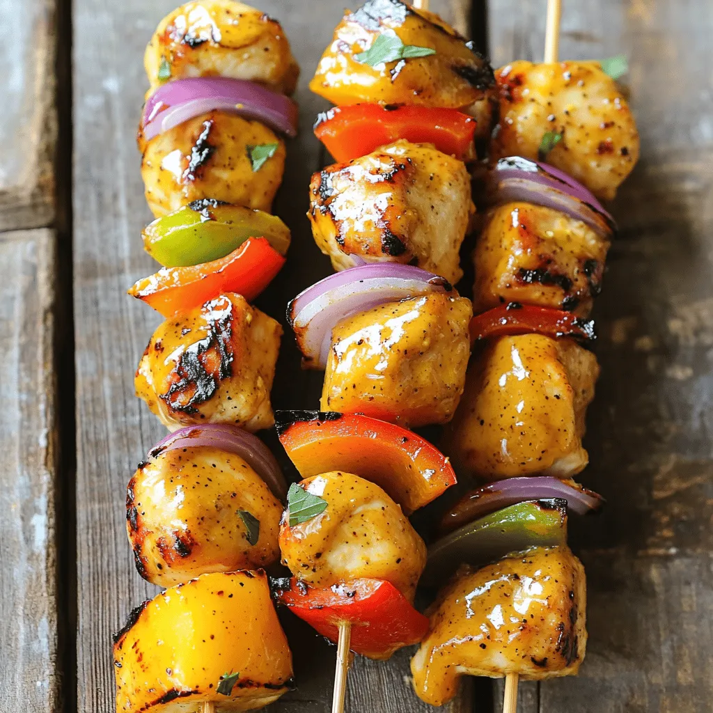 - Chicken breast cubes - Marinade components: - 2 tablespoons honey - 2 tablespoons Dijon mustard - 1 tablespoon olive oil - 1 teaspoon garlic powder - 1 teaspoon onion powder - Salt and pepper to taste - Vegetables for skewering: - 1 bell pepper (any color), cut into 1-inch pieces - 1 red onion, cut into wedges - Skewers (wooden or metal) I love using chicken breast for these skewers. It cooks fast and stays juicy. The marinade is simple but adds a lot of flavor. Honey gives it sweetness while Dijon gives it a nice kick. Olive oil helps keep everything moist. The garlic and onion powders add depth. Salt and pepper round out the taste. For veggies, I like bell peppers and red onion. They add color and crunch. You can mix colors for a fun look. Wooden skewers work great, but metal ones last longer. Just soak wooden skewers in water for an hour to avoid burning. You can find the full recipe [here]. Enjoy grilling these tasty honey mustard chicken skewers! To make the marinade, grab a medium mixing bowl. Combine these ingredients: - 2 tablespoons honey - 2 tablespoons Dijon mustard - 1 tablespoon olive oil - 1 teaspoon garlic powder - 1 teaspoon onion powder - Salt and pepper to taste Use a whisk to mix well. You want a smooth, even texture. A smooth marinade helps coat the chicken fully. This way, every bite will burst with flavor. Add the chicken breast cubes to the marinade. Make sure each piece is coated well. Cover the bowl with plastic wrap or a lid. Let the chicken marinate in the fridge for at least 30 minutes. If you want even more flavor, try marinating for up to 2 hours. The longer the chicken sits, the more flavor it absorbs. Now, it’s time to assemble your skewers. Grab your skewers and start threading the marinated chicken. Alternate the chicken with pieces of bell pepper and red onion. This adds color and flavor to the skewers. Preheat your grill or grill pan over medium-high heat. When ready, place your skewers on the grill. Grill them for about 10-12 minutes. Turn them often to cook evenly. The chicken should be cooked through and reach an internal temperature of 165°F (75°C). Enjoy the delicious grill marks! For the full recipe, check out the Honey Mustard Chicken Skewers . You can cook honey mustard chicken skewers in different ways. If you don't have a grill, try the oven or stovetop. To use the oven, preheat it to 400°F (200°C). Place the skewers on a baking sheet lined with foil. Bake for about 15-20 minutes, flipping halfway through. For stovetop cooking, use a grill pan over medium heat. Sear the skewers for about 10-12 minutes, turning to get nice marks. To achieve perfect grill marks, make sure your grill is hot. Place the skewers on the grill and don’t move them for the first 3-4 minutes. This gives them time to sear well. Then, turn them gently to create those beautiful lines. To add some extra flavor, you can mix in spices. Try paprika for a smoky taste or cumin for warmth. A pinch of cayenne pepper can add heat if you like spice. You can also use alternative sweeteners in the marinade. Maple syrup or agave nectar works great if you prefer something different. These options still keep the sweetness but change the spice profile a bit. Serving is just as important as cooking! For a great look, serve the skewers on a large platter. You can use fresh herbs like parsley or cilantro for color. Arrange the skewers in a fan shape or in a circle for a fun display. Add a small bowl of honey mustard sauce for dipping. This makes it easy for guests to grab and dip. You can also serve the skewers with sides like a fresh salad or grilled veggies. This adds balance to the meal and makes it more inviting. {{image_4}} You can change the taste of your honey mustard chicken skewers easily. Try different marinades to mix things up. For a sweet twist, add more honey or maple syrup. If you like heat, add chili flakes or sriracha for a spicy kick. A tangy twist can come from adding lemon juice or balsamic vinegar. You can also use different types of meat. Chicken is great, but beef or shrimp works too. Just remember, cooking times will change. Always check for doneness to keep your meal safe and tasty. If you need gluten-free options, this recipe is already safe. Just ensure your Dijon mustard is gluten-free. For a low-carb meal, skip the veggies or choose low-carb ones like zucchini or mushrooms. For vegetarians or vegans, use firm tofu or tempeh. Marinate it just like the chicken. You can also try using seitan, which has a great texture. Grill the skewers just like you would with meat for a delicious and filling meal. To keep your honey mustard chicken skewers fresh, store them properly. First, let the skewers cool to room temperature. Then, place them in an airtight container. You can refrigerate them for up to three days. If you want to keep them longer, freeze the skewers. Wrap them tightly in plastic wrap and then place them in a freezer bag. They can last up to three months in the freezer. When reheating, avoid drying out your chicken. The best way is to use an oven. Preheat it to 350°F (175°C). Place the skewers on a baking sheet. Cover them with foil to lock in moisture. Heat for about 10-15 minutes or until warmed through. You can also use a microwave. Just cover the skewers with a damp paper towel. Heat them for 1-2 minutes, checking often. This keeps them juicy and tasty. For more tips, check the Full Recipe. You can use other types of mustard if you don’t have Dijon. Some good choices are: - Yellow mustard - Spicy brown mustard - Honey mustard Each option gives a different taste. Experiment to find what you like best! I recommend marinating the chicken for at least 30 minutes. If you want even more flavor, try marinating it for up to 2 hours. This time lets the chicken soak in all the yummy flavors. Yes, you can prepare these skewers ahead of time! You can marinate the chicken and keep it in the fridge. Just remember to assemble the skewers before grilling. This saves time and makes meal prep easier. For the full recipe, check out the details above! This blog post covers how to make delicious chicken skewers. We discussed the ingredients, marinade, grilling steps, and tips for better flavor. Remember, marinating boosts taste, and don’t skip the veggies. Explore variations to suit your needs, like gluten-free or vegan options. Proper storage ensures freshness, and reheating keeps them tasty. Enjoy your cooking!