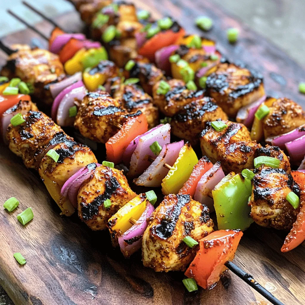 - 1.5 lbs chicken breast, cut into 1-inch cubes - 2 tablespoons extra virgin olive oil - 1 tablespoon low-sodium soy sauce - 1 tablespoon apple cider vinegar - 3 cloves garlic, finely minced - 1 tablespoon fresh ginger, grated - 2 teaspoons ground allspice - 1 teaspoon dried thyme - 1 teaspoon cayenne pepper (adjust for spice preference) - 1 teaspoon ground cinnamon - 1 teaspoon freshly cracked black pepper - Sea salt, to taste The chicken breast serves as the main protein in this dish. Its mild taste pairs well with the bold jerk flavors. The jerk marinade is a mix of spices and condiments. This marinade gives the chicken its signature kick. Each ingredient plays a role in making the dish vibrant and tasty. - 1 large bell pepper (yellow or red), cut into 1-inch chunks - 1 medium red onion, cut into 1-inch chunks - 2 green onions, thinly sliced for garnish Adding bell peppers and red onions brings color and crunch. You can also add fruits like pineapple for a sweet touch. Use fresh herbs for extra flavor on top of the skewers. - Grill - Skewers (wooden or metal) - Marinade bowl A good grill helps achieve those perfect char marks. Make sure to soak wooden skewers to prevent burning. A large bowl is needed for mixing and marinating the chicken. These tools are essential for creating a delicious meal. You can find the full recipe here to guide you through each step of making these flavorful Caribbean jerk chicken skewers! To start, mix the marinade ingredients. In a large bowl, whisk together: - 2 tablespoons extra virgin olive oil - 1 tablespoon low-sodium soy sauce - 1 tablespoon apple cider vinegar - 3 cloves garlic, minced - 1 tablespoon fresh ginger, grated - 2 teaspoons ground allspice - 1 teaspoon dried thyme - 1 teaspoon cayenne pepper - 1 teaspoon ground cinnamon - 1 teaspoon black pepper - A pinch of sea salt This mix is your jerk marinade. It’s bold and full of flavor. Next, add the chicken cubes. Make sure each piece is well-coated in the marinade. Cover the bowl with plastic wrap. Let it sit in the fridge for at least 2 hours. For more flavor, marinate it overnight. Now, let’s put the skewers together. If you use wooden skewers, soak them in water for 30 minutes. This helps prevent burning. Start by threading the marinated chicken onto the skewer. Then, add bell pepper chunks and red onion pieces. Alternate these ingredients until the skewer is full. This adds color and flavor to each bite. When you’re ready to cook, preheat the grill to medium-high heat, around 400°F (200°C). Place the skewers on the grill. Cook them for about 10-15 minutes. Turn them often for even cooking. The chicken should reach an internal temperature of 165°F (75°C). After grilling, let the skewers rest for a few minutes. This lets the juices settle. Finally, sprinkle sliced green onions on top for a fresh touch. For the complete recipe, refer to the Full Recipe. For the best flavor, marinate your chicken for at least 2 hours. I often recommend marinating overnight for deeper taste. If you like it spicy, increase the cayenne pepper. For a milder dish, cut back on it. You can also add more ginger for a fresh kick. To keep your skewers from sticking, oil the grill grates before cooking. You can use a paper towel dipped in oil to do this. For great grill marks, cook the skewers at medium-high heat. Rotate them every few minutes to get even char marks. These skewers pair well with rice, grilled corn, or a fresh salad. For a fun twist, serve them with tropical fruit salsa. Place the cooked skewers on a bright platter with fresh greens. Add lime wedges for a zesty touch. For a pop of color, sprinkle some sliced green onions on top. You can find the Full Recipe [here](#). {{image_4}} You can easily switch out chicken for other proteins. Shrimp works great because it cooks fast. Simply marinate the shrimp in the same jerk mix. Tofu is another option for a plant-based twist. Use firm tofu and press it to remove extra water. Cut it into cubes and let it soak in the marinade. Both shrimp and tofu absorb the flavors well. You can add more excitement to your skewers by using different fruits or spices. Pineapple and mango add a sweet touch. These fruits caramelize nicely on the grill, enhancing the dish. Try adding lime juice for extra zing or fresh herbs like cilantro for a fresh taste. If you like more heat, try adding more cayenne or even a splash of hot sauce. You can cook your jerk skewers in different ways. Grilling is the classic method and adds a nice smoky flavor. Preheat the grill to medium-high heat. Turn the skewers often for even cooking. You can also bake them in the oven. This method is easier, especially if you don't have a grill. Set your oven to 400°F (200°C) and place the skewers on a baking sheet. Bake for about 15-20 minutes, turning halfway. Both methods work well, so pick your favorite! For more tips, check out the Full Recipe. To store your cooked skewers, let them cool first. Place them in an airtight container. They stay fresh in the fridge for up to 3 days. Wrap them tightly with plastic wrap or foil for best results. For marinated chicken, cover the bowl with plastic wrap. You can keep it in the fridge for up to 2 days before cooking. If you want to freeze ungrilled skewers, place them in a freezer-safe bag. Squeeze out as much air as possible. They can last for up to 3 months in the freezer. To thaw, transfer them to the fridge overnight. For reheating, grill them on medium heat for about 10-12 minutes. Make sure the chicken reaches 165°F (75°C) inside. You can find the full recipe for these delicious skewers in the article. Caribbean jerk seasoning is a spice mix that packs a punch. It often includes: - Allspice - Thyme - Garlic - Ginger - Cayenne pepper - Black pepper These spices create a bold flavor. The mix varies by region and chef. Some add brown sugar or citrus for sweetness. The result is a sweet, spicy, and smoky taste. This seasoning makes jerk chicken a favorite dish. To check if your chicken is done, use a meat thermometer. The safe internal temperature is 165°F (75°C). Insert the thermometer into the thickest part of the chicken. Avoid touching the bone for an accurate reading. If you don’t have a thermometer, check that the juices run clear. There should be no pink meat visible. Yes, you can prepare the skewers ahead of time. Here are some tips: - Marinate the chicken for up to 24 hours. - Assemble the skewers and cover them well. - Store them in the fridge until ready to grill. This saves time on busy days. Plus, the flavors develop more with time. Just don’t freeze them after they are assembled. Cook them fresh for the best taste. For the full recipe, visit the provided link. You now know how to make flavorful Caribbean jerk chicken skewers. We covered key ingredients, from chicken to jerk marinade. I shared tips for marinating and grilling to get great results. Remember, you can customize the skewers using different proteins and fruits. Proper storage ensures you enjoy leftovers later. With this guide, you can impress friends and family at your next gathering. Enjoy your cooking and the tasty flavors of the Caribbean!