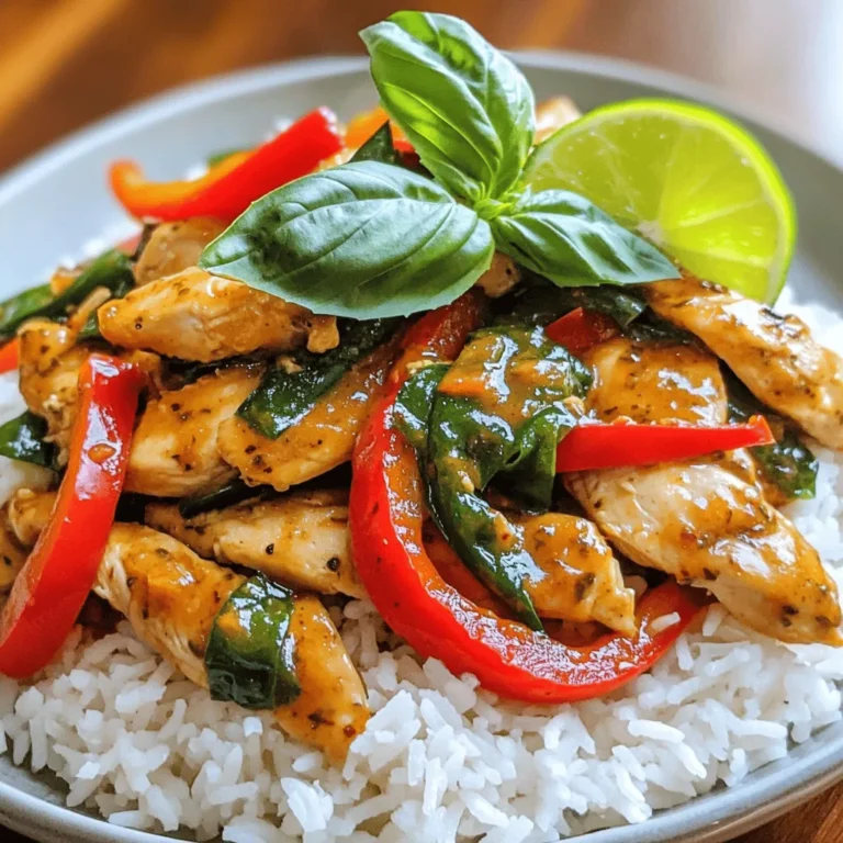- Chicken: thighs or breasts - Aromatics: garlic, Thai bird's eye chilies - Vegetables: red bell pepper, fresh Thai basil - Sauces: soy sauce, oyster sauce, fish sauce - Seasonings: sugar, black pepper I love the fresh and bold flavors in this dish. The chicken gives you protein, while the Thai basil adds a nice touch. When you use Thai bird's eye chilies, you get that real kick. Fresh garlic boosts the aroma and taste. The red bell pepper not only tastes good but also adds color. You can use either chicken thighs or breasts. Thighs are juicier, but breasts are leaner. I often choose thighs for a rich flavor. The key sauces here are soy sauce, oyster sauce, and fish sauce. They blend well to create a savory base. Sugar balances the heat, and black pepper adds depth. - Jasmine rice - Lime slices I always serve this dish with jasmine rice. The rice soaks up the sauce and cools the spice. A squeeze of lime adds a zesty twist. You can also add lime slices on the side for extra flavor. This makes each bite brighter and more refreshing. For the full recipe, check out the [Full Recipe]. - Prepare your ingredients: Slice chicken and vegetables. - Measure sauces and seasonings. Start by slicing the chicken into thin strips. This helps it cook quickly. Next, cut your red bell pepper into julienne strips. You want them to be long and thin. Now, take the garlic and finely mince it. If you like spice, slice the Thai bird's eye chilies, too. Once your ingredients are ready, measure out the sauces. You will need soy sauce, oyster sauce, and fish sauce. Don’t forget the sugar and black pepper! This will help balance the flavors. - Heat oil and sauté aromatics. - Cook chicken and add vegetables. - Mix sauces and combine with chicken. - Incorporate Thai basil and serve. First, grab a large skillet or wok. Heat the vegetable oil over medium-high heat until it shimmers. Add the minced garlic and sliced chilies. Sauté them for about 30 seconds. You want them fragrant but not burnt. Now, turn the heat to high and add the sliced chicken. Stir-fry it for 5 to 7 minutes. You want the chicken to be fully cooked and golden brown. Next, toss in the julienned red bell pepper. Stir-fry for 2 to 3 minutes. The pepper should be tender but still crisp. In a small bowl, whisk together the soy sauce, oyster sauce, fish sauce, sugar, and black pepper. Pour this sauce over the chicken and veggies. Gently toss everything together. Cook for another 2 minutes to let the flavors mix well. Finally, add the fresh Thai basil leaves. Stir gently until they wilt. This will release their lovely aroma. Serve the spicy basil chicken right away over jasmine rice. Enjoy the vibrant colors and rich flavors of your dish! For detailed cooking steps, check the Full Recipe. High heat is key for stir-frying. It cooks the chicken fast and keeps it juicy. Use a wok or a large skillet. Heat the oil until it shimmers. This shows it's hot enough. To finely mince garlic, use a sharp knife. Press the garlic clove with the flat side of the knife. Then, chop it into small pieces. For chilies, slice them thinly. Remove seeds if you want less heat. You can adjust spice levels easily. Just add more or fewer chilies based on your taste. If you want more heat, add an extra chili. For less heat, skip the seeds or cut back on the amount. A splash of lime juice can brighten the dish. Add it just before serving. The lime juice brings a fresh flavor that pairs well with the spicy chicken. Enjoy this dish with jasmine rice for a perfect meal. Check out the Full Recipe for more details. {{image_4}} If you want to switch things up, try using tofu or shrimp instead of chicken. Tofu gives a nice texture and soaks up flavors well. Just make sure to press it to remove extra water. For shrimp, use large, peeled shrimp. Cook them for a shorter time, about 3-4 minutes, until they turn pink. This keeps your dish quick and tasty. You can also add more vegetables to your Spicy Thai Basil Chicken. Green beans add a nice crunch and color. Slice them thin and toss them in with the chicken. Carrots are another great choice. Cut them into thin matchsticks. They add sweetness and look lovely in the dish. Feel free to get creative and use whatever you have on hand! If you need a gluten-free version, there are easy swaps. Instead of soy sauce, use tamari. It has a similar taste and works well. For oyster sauce, look for gluten-free brands or make your own. Combine soy sauce, sugar, and a bit of mushroom for a great taste. These swaps keep your dish flavorful and safe for those avoiding gluten. For the full recipe, refer to the [Full Recipe]. Store leftover Spicy Thai Basil Chicken in an airtight container. Make sure it cools down first. It stays fresh in the fridge for up to three days. This way, you keep the flavors intact without losing taste. To freeze, let the chicken cool completely. Place it in a freezer-safe bag or container. Remove as much air as possible to prevent freezer burn. It can last up to three months in the freezer. When ready to eat, just thaw it overnight in the fridge. To reheat, use a pan on medium heat. Add a splash of water or broth to keep it moist. Stir until heated through. You can also use a microwave. Cover it with a damp paper towel to keep it from drying out. Enjoy your meal just like the first time! For the full recipe, check back at the beginning of this article. Thai basil has a unique taste. It is sweet and spicy with a hint of anise. Regular basil is milder and more peppery. You can use Thai basil in many dishes. It adds depth, especially in stir-fries and soups. The leaves are thicker than regular basil, making them great in hot dishes. Yes, you can find Spicy Thai Basil Chicken in many Thai restaurants. It is a popular dish loved by many. Most Thai places have it on their menu. You can order it spicy or mild, based on your taste. Look for it in local takeout options or dine-in menus. To reduce the heat, use fewer Thai bird's eye chilies. You can also remove the seeds from the chilies. Another tip is to add more bell peppers or sugar. This will balance the spice while keeping the flavor. Serve it with jasmine rice to help cool down the dish. Spicy Thai Basil Chicken is healthy and full of flavor. The chicken provides protein for muscle growth. Thai basil is rich in vitamins A and K, which help your eyes and bones. Garlic can boost your immune system. Overall, this dish is a tasty way to enjoy nutrients. Spicy Thai Basil Chicken is a tasty dish. You learned about the key ingredients, like chicken and fresh basil. I shared easy steps for cooking it perfectly. Tips for adjusting spice and using other proteins make it fun. You can store leftovers well and even reheat them nicely. This dish brings a burst of flavor to your table. You can customize it to fit your taste. Now, it's time to try making it for yourself! Enjoy the process and the delicious results.