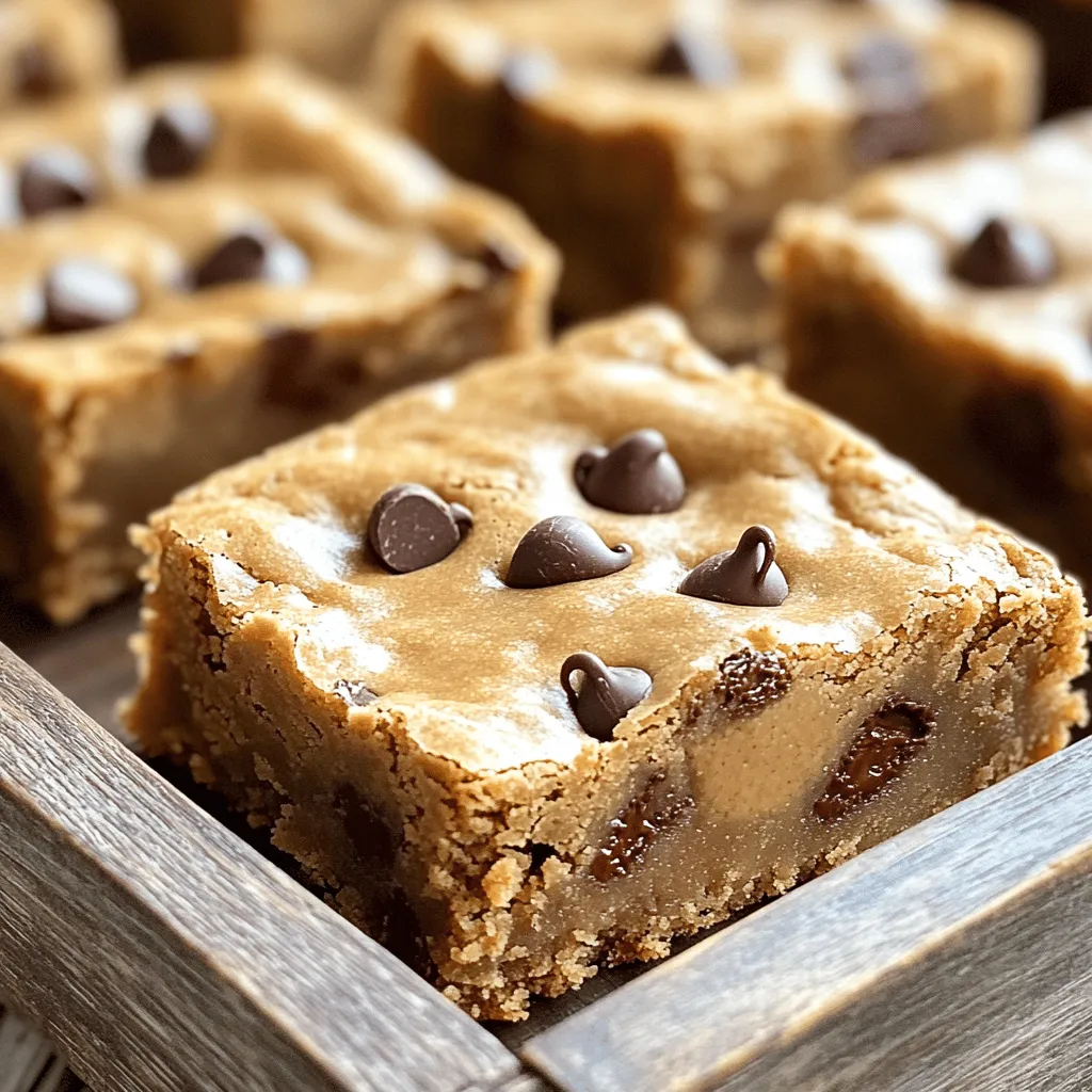 - 1 cup creamy peanut butter - 1/2 cup unsalted butter - 1 cup brown sugar - 1/2 cup granulated sugar - 2 large eggs - 1 teaspoon pure vanilla extract - 1 1/2 cups all-purpose flour - 1 teaspoon baking powder - 1/2 teaspoon fine salt - 1 cup chocolate chips Using fresh ingredients is key to great blondies. Fresh peanut butter gives a smooth texture and rich taste. I recommend brands like Jif or Skippy for creamy peanut butter. These brands blend well and taste amazing. For chocolate chips, go for semi-sweet or dark chips. Ghirardelli and Nestlé are both great choices. Their chocolate melts nicely and adds depth to your blondies. Always check the expiration dates on your ingredients. This ensures the best flavor and texture in your treats. - Preheat your oven to 350°F (175°C). - Prepare a 9x9 inch baking dish. Use butter to grease it or line it with parchment paper. This makes for easy removal later. - In a large mixing bowl, combine 1/2 cup softened unsalted butter with 1 cup creamy peanut butter. Use a hand mixer or a spatula to beat them together until smooth. The mix should look fluffy, like a creamy cloud. - Gradually add in 1 cup packed brown sugar and 1/2 cup granulated sugar. Mix until light and airy. - Add 2 large eggs, one at a time. Beat well after each egg for even mixing. Stir in 1 teaspoon pure vanilla extract to boost flavor. - In another bowl, whisk together 1 1/2 cups all-purpose flour, 1 teaspoon baking powder, and 1/2 teaspoon fine salt. This step helps the blondies rise evenly. - Slowly add the dry mix to the wet ingredients. Stir gently until just combined. Do not overmix; this keeps the blondies tender. - Carefully fold in 1 cup of chocolate chips. Make sure they spread throughout the batter. - Pour the rich batter into the prepared dish. Use a spatula to spread it evenly. - Bake for 25-30 minutes. The top should turn golden brown. To check if they’re done, insert a toothpick into the center. It should come out with a few moist crumbs. - Once baked, let them cool in the pan for about 10 minutes. Then move them to a wire rack to cool completely. - Cut into 16 squares. Enjoy your peanut butter chocolate chip blondies! They are ideal for sharing or enjoying alone. For the full recipe, refer to the earlier section. To make your blondies soft and chewy, use room temperature ingredients. This includes butter, eggs, and peanut butter. They mix better and create a smoother batter. When mixing, be gentle. Overmixing can make them tough. For a great presentation, serve blondies on a nice plate. You can dust them with powdered sugar for a fancy touch. They pair well with vanilla ice cream or a drizzle of chocolate sauce. A cup of milk or coffee makes a perfect drink choice. Avoid overbaking your blondies. Check them a few minutes early. A toothpick should come out with a few moist crumbs, not wet batter. Mix your ingredients evenly but avoid overmixing. This keeps your blondies light and fluffy. For a full recipe, click [Full Recipe]. {{image_4}} You can change up the flavors of your blondies. Try adding nuts like walnuts or pecans. They give a nice crunch and extra taste. You can also swap in white chocolate chips for a sweeter twist. If you're feeling adventurous, try swapping peanut butter for almond or cashew butter. This swap gives a new flavor and texture. Each nut butter brings its own charm to the dish, so have fun experimenting! If you need gluten-free blondies, use almond flour instead of regular flour. Almond flour gives a great texture and taste. It keeps the blondies soft and chewy. For those who follow a vegan diet, you can replace eggs with flaxseed meal or applesauce. Use 1 tablespoon of flaxseed meal mixed with 3 tablespoons of water for each egg. This will help bind the ingredients together. These modifications make the recipe more inclusive while keeping it tasty and fun. For the Full Recipe, check out the detailed instructions and enjoy baking! To keep your peanut butter chocolate chip blondies fresh, follow these tips: - Cool completely: Always let your blondies cool fully before storing. - Use an airtight container: Store them in a container with a tight seal. This keeps them soft. - Layer with parchment: If stacking, place parchment paper between layers to prevent sticking. - Room temperature: Keep them at room temperature for up to 4 days. For longer storage, consider refrigeration. This option can extend freshness for about a week. Freezing blondies lets you enjoy them later. Here’s how: - Wrap tightly: Use plastic wrap to wrap each blondie. You can also use aluminum foil. - Place in a container: Put the wrapped blondies in a freezer-safe container. - Label and date: Mark the container with the date so you know when to enjoy them. To thaw, take them out of the freezer and leave them at room temperature. For best texture, you can warm them in the microwave for a few seconds before eating. This brings back their soft, gooey goodness. Enjoy your treats whenever you crave them! Yes, you can use natural peanut butter, but it changes the blondies. Natural peanut butter has more oil and less sugar. This can make the texture more crumbly and less sweet. Creamy peanut butter blends better with the other ingredients. For best results, stick to creamy peanut butter. If your blondies turn out dry, try these tips: - Add moisture: Mix in extra peanut butter or a splash of milk. - Check baking time: Do not overbake them. The center should be soft. - Store properly: Keep them in an airtight container. This helps retain moisture. Blondies will stay fresh for about 3 to 5 days at room temperature. If you keep them in the fridge, they last about a week. Store them in an airtight container to keep them soft. Yes, you can double the recipe! Use a larger pan, like a 9x13 inch one. Make sure to check the baking time. It may take a few more minutes to bake through. Always test with a toothpick to see if they're done. For the full recipe, visit the [Full Recipe] link. This blog post shows you how to make perfect blondies. We discussed key ingredients, like creamy peanut butter and brown sugar. Quality matters, so use fresh and trusted brands. Follow the clear steps for mixing and baking to ensure great texture. Remember to store them properly, and they’ll stay fresh longer. With variations and tips, you can make these blondies your own. Enjoy the process, and let your creativity shine. Happy baking!