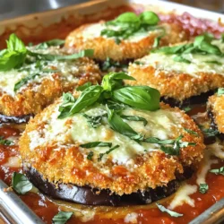 To make a delightful Eggplant Parmesan Bake, gather these key ingredients: - 2 medium eggplants, sliced into 1/2-inch rounds - 1 teaspoon salt - 2 cups marinara sauce (preferably homemade or high-quality) - 2 cups shredded mozzarella cheese - 1 cup grated Parmesan cheese - 1 cup Italian-seasoned breadcrumbs - 3 tablespoons fresh basil, chopped (plus extra for garnish) - 1 teaspoon garlic powder - 1 teaspoon dried oregano - 1/2 teaspoon black pepper - 2 large eggs, beaten - Olive oil for drizzling These ingredients create layers of flavor and texture, making the dish truly irresistible. You can enhance your Eggplant Parmesan Bake by adding a few optional ingredients: - Sliced mushrooms for an earthy flavor - Spinach or kale for added greens - Zucchini slices for extra veggies - Red pepper flakes for a bit of heat - A splash of red wine in the sauce for depth These add-ins can transform your bake into a unique creation. For the best flavors and quality, consider these brands: - Marinara Sauce: Rao's Homemade or Barilla - Mozzarella Cheese: Galbani or Sargento - Parmesan Cheese: BelGioioso or Kraft Grated Parmesan - Breadcrumbs: Progresso or Ian's Using high-quality ingredients will take your Eggplant Parmesan Bake to the next level. For the full recipe, check the detailed instructions to create this satisfying meal. First, I slice the eggplants into 1/2-inch rounds. Next, I sprinkle salt evenly over the slices. This step helps to draw out moisture and any bitterness. I let them sit for about 30 minutes. After that, I rinse the slices under cold water. This washes off the excess salt. I then pat them dry with a clean towel. This ensures they are ready for frying. I mix together the beaten eggs, garlic powder, dried oregano, and black pepper in a shallow bowl. This egg mixture coats the eggplant. I dip each slice into the mixture, making sure it is fully covered. Then, I press the slice into Italian-seasoned breadcrumbs, covering all sides. In a large skillet, I heat olive oil over medium heat. I fry the breaded slices for 3-4 minutes on each side. They should turn golden brown. Once done, I transfer them to a plate lined with paper towels to soak up extra oil. In a 9x13-inch baking dish, I start with a layer of marinara sauce. I then add a layer of sautéed eggplant slices. I sprinkle some mozzarella and Parmesan cheese over them, along with chopped basil. I repeat this layering until I use all the ingredients. I finish with a final layer of marinara sauce topped with more mozzarella and Parmesan cheese. I cover the dish tightly with aluminum foil and bake it in a preheated oven at 375°F for 25 minutes. After that, I remove the foil and bake for another 15 minutes. This allows the cheese to bubble and turn golden. Once baked, I let it cool for about 10 minutes before slicing. This makes my Eggplant Parmesan Bake ready to serve! You can find the Full Recipe for detailed steps. To get that perfect, crunchy texture, focus on the breading. Start by ensuring your eggplant slices are dry after rinsing. This helps the egg mixture stick better. Dip each slice in the egg wash and let the excess drip off. Then, coat it in breadcrumbs thoroughly. Press down gently to ensure the breading adheres well. For extra crunch, repeat the egg and breadcrumb steps. You can also use panko breadcrumbs for more texture. To bake your Eggplant Parmesan evenly, layer the ingredients carefully. Make sure to spread the marinara sauce evenly over the bottom of the dish. This prevents sticking and helps with moisture. When layering, avoid crowding the eggplant slices. Give them space so heat can circulate. Cover the dish with foil to trap steam during the first bake. This keeps the eggplant moist and helps it cook through. Remove the foil later to allow the cheese to brown and bubble nicely. To reduce the natural bitterness of eggplant, start with salting. When you sprinkle salt on the slices, it draws out moisture and bitterness. Let them sit for about 30 minutes before rinsing. After rinsing, pat the slices dry. You can also choose younger eggplants, as they tend to be less bitter. If you still find bitterness, try soaking the slices in milk for 30 minutes before breading. This extra step can help improve the flavor. {{image_4}} You can make your Eggplant Parmesan Bake heartier by adding ground meat. Ground beef, turkey, or sausage work well. Start by cooking the meat in a skillet until it’s browned. Then, drain any fat. Mix the meat with your marinara sauce before layering it. This adds rich flavor and protein. The meat will also make the dish more filling and satisfying. To make a vegan version, swap out the cheeses and eggs. Use vegan mozzarella and Parmesan cheese for a similar taste. For the egg replacement, you can use chickpea flour mixed with water. This mix binds the breadcrumbs to the eggplant slices well. Make sure to check the marinara sauce for dairy, as some brands add cheese. With these swaps, you can enjoy a delicious vegan Eggplant Parmesan Bake without losing flavor. Cheese plays a big role in the taste of Eggplant Parmesan Bake. Try different cheeses to shake things up. For a sharper flavor, use aged provolone or gouda. If you enjoy tanginess, consider feta or goat cheese. Mixing cheeses can also create a unique blend. Combine mozzarella with ricotta for a creamy texture. Each choice brings a new twist to this classic dish, making it fun to experiment. For the full recipe, check out the detailed instructions above. After enjoying your Eggplant Parmesan Bake, let it cool down. Once it’s at room temperature, cover it tightly with plastic wrap or foil. You can also transfer it to an airtight container. This keeps the flavors fresh and helps avoid drying out. Store it in the fridge for up to four days for the best taste. To reheat your Eggplant Parmesan Bake, the oven works best. Preheat it to 350°F (175°C). Place the dish in the oven, covered with foil, to keep it moist. Heat for about 20 minutes or until it is hot all the way through. If you want a crispy top, remove the foil for the last 5 minutes. You can also use a microwave for quick reheating, but the oven maintains better texture and flavor. Yes, you can freeze Eggplant Parmesan Bake! If you want to freeze it, do so before baking. Wrap it tightly in plastic wrap and then in foil. This prevents freezer burn and keeps it fresh. You can freeze it for up to three months. To bake from frozen, remove the wrap and cover it with foil. Bake it at 375°F (190°C) for about an hour. Remove the foil for the last 15 minutes to let the cheese bubble up nicely. You can serve Eggplant Parmesan Bake with many sides. A fresh green salad pairs well with it. A simple mix of lettuce, tomatoes, and cucumbers works great. Garlic bread adds a nice crunch and flavor. You can also enjoy it with pasta or rice. These options help balance the meal. Try different sides to find your favorite match! Yes, using fresh eggplants from your garden is fantastic! Fresh eggplants are often tastier and more vibrant. Just make sure they are firm and shiny. Pick them when they are young for the best flavor. Older eggplants can be bitter and have more seeds. If you grow them, enjoy the benefits of garden-fresh produce! Making Eggplant Parmesan Bake gluten-free is easy! Simply replace regular breadcrumbs with gluten-free ones. You can also use crushed gluten-free crackers for added flavor. Check the marinara sauce to ensure it is gluten-free. Most store brands are safe, but always read the label. With these swaps, you can enjoy this dish without worry! Eggplant Parmesan Bake is a tasty dish made with simple steps. We explored key ingredients, from the main ones to fun add-ins. You learned easy preparation, cooking techniques, and the best way to layer and bake. I shared tips to avoid bitterness and ensure even baking. You can also try different meats, vegan options, or unique cheeses for variety. Remember, this dish travels well. Store, reheat, or freeze your leftovers without worry. Enjoy your cooking adventure, and create a meal that everyone will love!