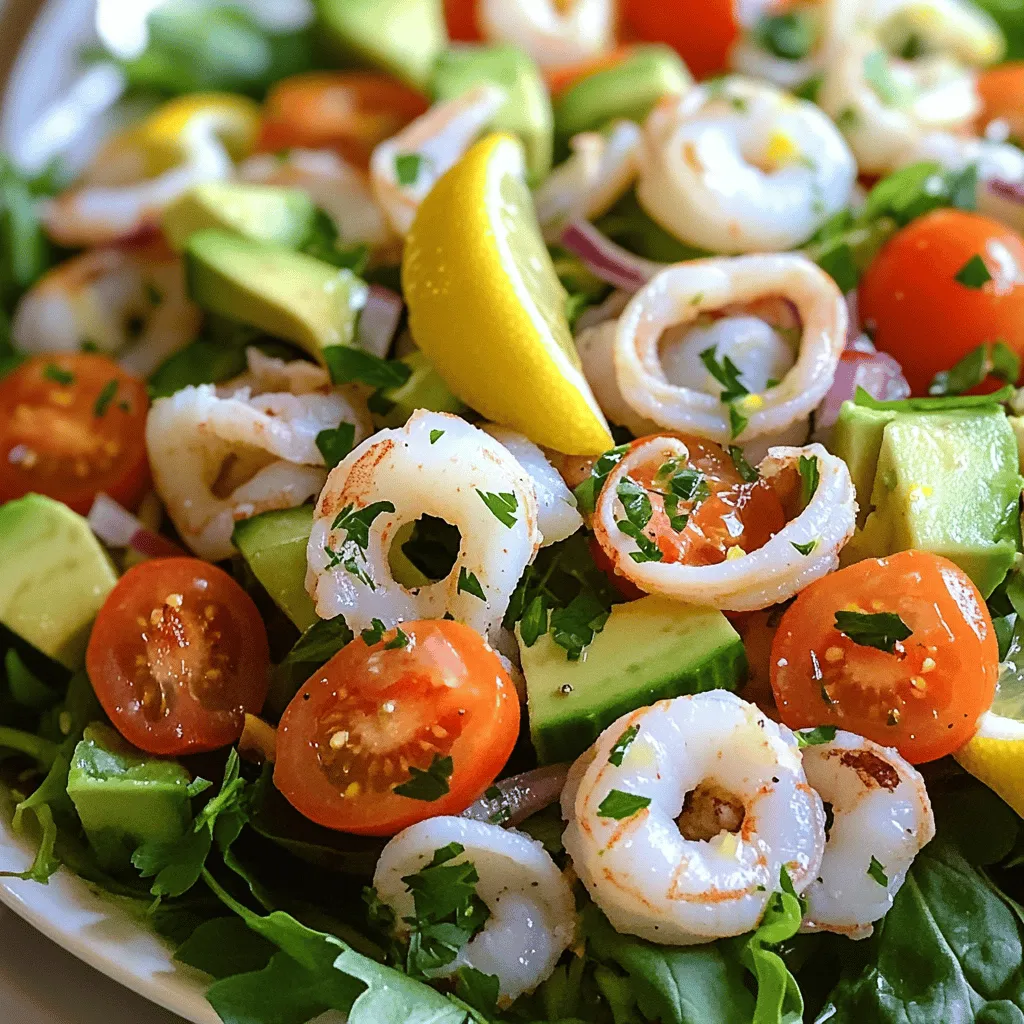 - 1 cup cooked shrimp, peeled and deveined - 1 cup cooked calamari rings - 1 cup fresh crab meat (or imitation crab) - 1 cup cherry tomatoes, halved - 1 cucumber, diced - 1 ripe avocado, diced - 1/4 cup red onion, finely chopped - 1/4 cup fresh parsley, chopped - 2 tablespoons freshly squeezed lemon juice - 2 tablespoons extra virgin olive oil - Salt and freshly ground black pepper to taste When you gather these ingredients, think about freshness. Fresh seafood adds great taste. I love using cooked shrimp, calamari rings, and crab meat for a nice mix. You can use imitation crab to save time. Next, let’s add some crunch and color with fresh vegetables. Cherry tomatoes bring sweetness, while cucumber adds a nice crunch. Avocado gives creaminess and richness to the salad. Red onion adds a bit of bite, and fresh parsley brings brightness. For the dressing, we keep it simple. Fresh lemon juice and extra virgin olive oil make a zesty blend. Season with salt and pepper to enhance all the flavors. This balance of seafood, fresh vegetables, and a bright dressing makes the salad refreshing. Check out the Full Recipe for complete instructions and tips! First, gather your cooked shrimp, calamari, and crab meat. In a large bowl, combine them. Gently toss to mix. This step sets a solid base for your seafood salad. Next, it’s time for the veggies. Add halved cherry tomatoes, diced cucumber, diced avocado, finely chopped red onion, and chopped parsley. Stir carefully to keep everything intact. Each vegetable brings its own flavor to the salad. Now, grab a small bowl. Whisk together two tablespoons of lemon juice and two tablespoons of olive oil. Mix until well combined. The dressing adds brightness and richness to your salad. Drizzle the dressing over your seafood and veggies. Season with salt and pepper to taste. Gently mix everything together. Be careful not to smash the avocado. Once done, serve on a bed of mixed greens for a beautiful presentation. Enjoy your fresh and flavorful seafood salad! Check out the Full Recipe for more tips. To make your seafood salad shine, focus on texture. First, avoid mashing the avocado. Use a gentle touch when mixing. You want nice, chunky pieces for a creamy feel. Next, use fresh ingredients for better flavor. Fresh seafood and crisp veggies keep the salad vibrant and tasty. How you serve your salad matters. Try serving it on mixed greens for a pop of color. The greens add a nice base and a fresh crunch. Garnish your dish with lemon wedges and herbs. This adds brightness and makes the salad look inviting. Timing is key for freshness. To keep your seafood salad at its best, assemble it right before serving. This way, the ingredients stay crisp and flavorful. If you need to prep, chop your veggies early but wait to mix everything until you're ready to eat. {{image_4}} You can easily switch up the seafood in this salad. Try using lobster for a touch of luxury. Scallops add a sweet flavor and tender bite. You can even mix in different types of fish, like salmon or tuna. These swaps keep the dish fresh and exciting. Dressings can change the whole taste of your salad. You might enjoy a creamy dressing, like a mayo-based one. It makes the salad rich and smooth. On the other hand, oil-based dressings offer a light and zesty taste. You can also add herbs like dill or basil for extra flavor. For those who like heat, a spicy dressing can really wake up your dish. Do not be afraid to get creative with added ingredients. Fruits like mango or orange bring a sweet twist. They contrast nicely with the seafood's salty taste. Nuts can add a great crunch. Try using toasted walnuts or almonds for a nutty flavor. These additions make your seafood salad unique and fun to eat. To keep your seafood salad fresh, store it in the fridge. Use an airtight container. This helps keep air out and prevents spoilage. Eat leftovers within two days for the best taste and safety. If you find the salad too wet, drain off excess liquid before storing. While I don’t recommend freezing seafood salad, you can freeze the seafood separately. First, place it in a freezer-safe bag. Remove all air to prevent freezer burn. When ready to use, thaw in the fridge overnight. For the best flavor, use thawed seafood in soups or stir-fries. Your seafood salad stays fresh for about two days in the fridge. Check for any off smells or signs of spoilage before eating. If you notice any change in texture or smell, it’s best to toss it out. Fresh ingredients mean a better salad! Enjoy the flavors while they last. For the full recipe, visit Ocean Delight Seafood Salad. Yes, you can use frozen seafood. First, you need to thaw it. Place the seafood in the fridge overnight. If you're short on time, place it under cold running water for about 30 minutes. After thawing, pat the seafood dry with a paper towel. This helps remove excess moisture. Dry seafood mixes well with other ingredients and keeps the salad crisp. This seafood salad is quite healthy. It is low in calories and high in protein. The shrimp and crab provide lean protein. Fresh veggies add fiber and vitamins. Avocado gives you healthy fats. The lemon juice and olive oil dressing offers antioxidants. Overall, this salad supports a balanced diet and a healthy lifestyle. Yes, you can prep some parts in advance. Prepare the seafood and chop the veggies a day before serving. Store them in separate airtight containers in the fridge. Mix them together just before serving for the best taste and freshness. Dressing can also be made ahead, but add it right before serving to keep the salad crisp. You can find the Full Recipe for more details. This seafood salad combines tasty seafood and fresh veggies for a bright dish. You mix cooked shrimp, calamari, and crab with crunchy vegetables like cucumber and cherry tomatoes. Adding a lemon and olive oil dressing makes it refreshing. Try new seafood or dressings for variety. Remember to use fresh ingredients and keep the salad chilled. This method keeps your salad delicious and fun. Enjoy creating your own unique version!