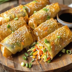 To make tasty air fryer veggie spring rolls, gather these main ingredients: - 1 cup shredded cabbage - 1 cup shredded carrots - 1/2 cup bean sprouts - 1/2 cup finely chopped bell peppers (any color for a vibrant look) - 1/4 cup chopped green onions - 2 cloves garlic, minced or grated - 1 tablespoon soy sauce - 1 teaspoon sesame oil - 1 package of spring roll wrappers (approximately 8-10 wrappers) - Cooking spray or olive oil for brushing - Salt and freshly ground black pepper, to taste These fresh veggies create a colorful filling that pops with flavor. You can add more ingredients for a unique twist. Here are some options: - Fresh herbs like cilantro or basil for a fragrant touch - Sliced mushrooms for an earthy flavor - Cooked shrimp or chicken for extra protein - Cooked rice noodles to make the filling heartier - Red pepper flakes for a bit of heat Feel free to mix and match based on your tastes. Dipping sauces can take your spring rolls to the next level. Here are some great choices: - Soy sauce for a classic taste - Sweet chili sauce for a sweet and spicy kick - Peanut sauce for a creamy texture - Hoisin sauce for a rich, sweet flavor Try one or combine a few for an exciting snack experience! For the full recipe, check the details above. To make the filling, start by gathering your ingredients. You will need: - 1 cup shredded cabbage - 1 cup shredded carrots - 1/2 cup bean sprouts - 1/2 cup finely chopped bell peppers (any color for a vibrant look) - 1/4 cup chopped green onions - 2 cloves garlic, minced or grated - 1 tablespoon soy sauce - 1 teaspoon sesame oil - Salt and freshly ground black pepper, to taste In a large bowl, combine the cabbage, carrots, bean sprouts, bell peppers, green onions, and garlic. Mix them well. This helps all the flavors blend together. Next, drizzle the soy sauce and sesame oil over the mix. Add salt and pepper to taste. Toss everything with a spatula or your hands until it's fully combined. Now it's time to wrap your filling. Take a spring roll wrapper and lay it flat. Position it like a diamond with one corner pointing toward you. Spoon about 2 tablespoons of your veggie filling near that corner. Fold the corner over the filling and tuck it in snugly. Next, roll it halfway up. Then, fold the side corners inward to enclose the filling. Finally, keep rolling tightly until the spring roll is sealed. Repeat these steps for the remaining wrappers and filling. Before cooking, preheat your air fryer to 375°F (190°C) for about 5 minutes. This step ensures even cooking. Lightly spray or brush each spring roll with cooking spray or olive oil. This will help them get crispy. Place the spring rolls in the air fryer basket in a single layer. Make sure they have space between them. Cook the spring rolls for 12-15 minutes. Remember to turn them halfway through the cooking time. When they are golden brown and crispy, they are ready to eat. Carefully take them out and let them cool for a few minutes before serving. This will make them even crispier! For the full recipe, refer to the earlier section. Enjoy your crunchy and tasty snack! To get that crunchy bite, start with dry veggies. Excess moisture makes spring rolls soggy. Lightly spray or brush olive oil on the rolls before cooking. This oil helps create a golden crust. Preheating the air fryer is key too. It makes sure the rolls cook evenly. Keep space between each roll in the basket. This way, hot air flows and crisps them up well. One common mistake is using too much filling. If you pack them too tight, they won’t cook right. The wrapper can also tear. Another mistake is not sealing the rolls properly. If they open up, the filling spills out. Lastly, avoid overcrowding the air fryer. Cooking in batches gives the best results. For a vegan option, use tofu instead of meat. You can also add mushrooms for a hearty texture. If you want gluten-free, try rice paper wraps. They work great too! For a spicy kick, add chili flakes to the filling. Experiment with herbs like cilantro or basil for fresh flavors. Whatever you choose, have fun with it! Check out the Full Recipe to dive deeper into these tasty spring rolls. {{image_4}} You can easily adapt this recipe to fit your taste. Use different veggies like zucchini or mushrooms. You can also add spinach or kale for extra nutrition. Try sweet potatoes for a sweeter flavor. Each vegetable brings its unique taste and texture. Mix and match to find your perfect combo! Want to make your spring rolls heartier? Add protein! Tofu works great. Simply cube it and sauté until golden before adding it to your veggie mix. If you prefer chicken, use cooked, shredded chicken. Mix it in with the veggies. This adds flavor and makes your snack more filling. Enhance your spring rolls with spices and herbs. Add ginger for a zesty kick. Fresh cilantro or basil can brighten the flavors. You can also sprinkle in some chili flakes for heat. Adjust the seasonings to suit your taste. Experiment with different combinations to create a new flavor each time! For the full recipe, check out the complete guide above. If you have leftover spring rolls, store them in an airtight container. Place a paper towel inside to absorb moisture. This helps keep them crisp. Store them in the fridge for up to three days. To reheat, preheat your air fryer to 375°F (190°C). Place the spring rolls in the air fryer for about 5-7 minutes. This method keeps them crunchy. Avoid using the microwave, as it can make them soggy. You can freeze uncooked spring rolls for later use. Lay them in a single layer on a baking sheet. Once frozen, transfer them to a freezer bag. They can last up to three months. Cook from frozen in the air fryer without thawing for about 15-20 minutes. Follow the Full Recipe for best results! You can make spring rolls in a deep fryer or on a stovetop. For deep frying, heat oil in a pot to 350°F (175°C). Carefully add the spring rolls and fry until golden brown, around 4-6 minutes. If using the stovetop, heat a pan with oil over medium heat. Place the spring rolls in the pan and cook, turning often, until they are crispy. This method gives a lovely crunch, just like the air fryer. Yes, you can mix and match veggies! Try using zucchini, mushrooms, or spinach. Broccoli florets or corn also add a nice touch. Just remember to chop them small so they fit well inside the wrapper. The more colorful the filling, the more fun your spring rolls will look. Serve your spring rolls on a pretty platter. Pair them with a small bowl of soy sauce, sweet chili sauce, or peanut sauce for dipping. Adding some sesame seeds or chopped green onions on top makes them look even better. Enjoy them warm for the best taste! If you're looking for a full recipe, check the link for the complete details. You learned how to make tasty air fryer veggie spring rolls. We covered the main ingredients, tips for crispiness, and how to avoid common mistakes. You can add protein or change flavors for variety. Proper storage and reheating keep rolls fresh and crunchy. Now, you can enjoy this dish anytime. Try your own ideas and have fun with it! Cooking should be exciting and creative.
