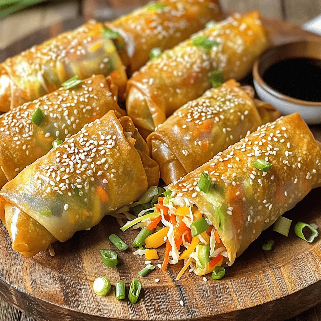 To make tasty air fryer veggie spring rolls, gather these main ingredients: - 1 cup shredded cabbage - 1 cup shredded carrots - 1/2 cup bean sprouts - 1/2 cup finely chopped bell peppers (any color for a vibrant look) - 1/4 cup chopped green onions - 2 cloves garlic, minced or grated - 1 tablespoon soy sauce - 1 teaspoon sesame oil - 1 package of spring roll wrappers (approximately 8-10 wrappers) - Cooking spray or olive oil for brushing - Salt and freshly ground black pepper, to taste These fresh veggies create a colorful filling that pops with flavor. You can add more ingredients for a unique twist. Here are some options: - Fresh herbs like cilantro or basil for a fragrant touch - Sliced mushrooms for an earthy flavor - Cooked shrimp or chicken for extra protein - Cooked rice noodles to make the filling heartier - Red pepper flakes for a bit of heat Feel free to mix and match based on your tastes. Dipping sauces can take your spring rolls to the next level. Here are some great choices: - Soy sauce for a classic taste - Sweet chili sauce for a sweet and spicy kick - Peanut sauce for a creamy texture - Hoisin sauce for a rich, sweet flavor Try one or combine a few for an exciting snack experience! For the full recipe, check the details above. To make the filling, start by gathering your ingredients. You will need: - 1 cup shredded cabbage - 1 cup shredded carrots - 1/2 cup bean sprouts - 1/2 cup finely chopped bell peppers (any color for a vibrant look) - 1/4 cup chopped green onions - 2 cloves garlic, minced or grated - 1 tablespoon soy sauce - 1 teaspoon sesame oil - Salt and freshly ground black pepper, to taste In a large bowl, combine the cabbage, carrots, bean sprouts, bell peppers, green onions, and garlic. Mix them well. This helps all the flavors blend together. Next, drizzle the soy sauce and sesame oil over the mix. Add salt and pepper to taste. Toss everything with a spatula or your hands until it's fully combined. Now it's time to wrap your filling. Take a spring roll wrapper and lay it flat. Position it like a diamond with one corner pointing toward you. Spoon about 2 tablespoons of your veggie filling near that corner. Fold the corner over the filling and tuck it in snugly. Next, roll it halfway up. Then, fold the side corners inward to enclose the filling. Finally, keep rolling tightly until the spring roll is sealed. Repeat these steps for the remaining wrappers and filling. Before cooking, preheat your air fryer to 375°F (190°C) for about 5 minutes. This step ensures even cooking. Lightly spray or brush each spring roll with cooking spray or olive oil. This will help them get crispy. Place the spring rolls in the air fryer basket in a single layer. Make sure they have space between them. Cook the spring rolls for 12-15 minutes. Remember to turn them halfway through the cooking time. When they are golden brown and crispy, they are ready to eat. Carefully take them out and let them cool for a few minutes before serving. This will make them even crispier! For the full recipe, refer to the earlier section. Enjoy your crunchy and tasty snack! To get that crunchy bite, start with dry veggies. Excess moisture makes spring rolls soggy. Lightly spray or brush olive oil on the rolls before cooking. This oil helps create a golden crust. Preheating the air fryer is key too. It makes sure the rolls cook evenly. Keep space between each roll in the basket. This way, hot air flows and crisps them up well. One common mistake is using too much filling. If you pack them too tight, they won’t cook right. The wrapper can also tear. Another mistake is not sealing the rolls properly. If they open up, the filling spills out. Lastly, avoid overcrowding the air fryer. Cooking in batches gives the best results. For a vegan option, use tofu instead of meat. You can also add mushrooms for a hearty texture. If you want gluten-free, try rice paper wraps. They work great too! For a spicy kick, add chili flakes to the filling. Experiment with herbs like cilantro or basil for fresh flavors. Whatever you choose, have fun with it! Check out the Full Recipe to dive deeper into these tasty spring rolls. {{image_4}} You can easily adapt this recipe to fit your taste. Use different veggies like zucchini or mushrooms. You can also add spinach or kale for extra nutrition. Try sweet potatoes for a sweeter flavor. Each vegetable brings its unique taste and texture. Mix and match to find your perfect combo! Want to make your spring rolls heartier? Add protein! Tofu works great. Simply cube it and sauté until golden before adding it to your veggie mix. If you prefer chicken, use cooked, shredded chicken. Mix it in with the veggies. This adds flavor and makes your snack more filling. Enhance your spring rolls with spices and herbs. Add ginger for a zesty kick. Fresh cilantro or basil can brighten the flavors. You can also sprinkle in some chili flakes for heat. Adjust the seasonings to suit your taste. Experiment with different combinations to create a new flavor each time! For the full recipe, check out the complete guide above. If you have leftover spring rolls, store them in an airtight container. Place a paper towel inside to absorb moisture. This helps keep them crisp. Store them in the fridge for up to three days. To reheat, preheat your air fryer to 375°F (190°C). Place the spring rolls in the air fryer for about 5-7 minutes. This method keeps them crunchy. Avoid using the microwave, as it can make them soggy. You can freeze uncooked spring rolls for later use. Lay them in a single layer on a baking sheet. Once frozen, transfer them to a freezer bag. They can last up to three months. Cook from frozen in the air fryer without thawing for about 15-20 minutes. Follow the Full Recipe for best results! You can make spring rolls in a deep fryer or on a stovetop. For deep frying, heat oil in a pot to 350°F (175°C). Carefully add the spring rolls and fry until golden brown, around 4-6 minutes. If using the stovetop, heat a pan with oil over medium heat. Place the spring rolls in the pan and cook, turning often, until they are crispy. This method gives a lovely crunch, just like the air fryer. Yes, you can mix and match veggies! Try using zucchini, mushrooms, or spinach. Broccoli florets or corn also add a nice touch. Just remember to chop them small so they fit well inside the wrapper. The more colorful the filling, the more fun your spring rolls will look. Serve your spring rolls on a pretty platter. Pair them with a small bowl of soy sauce, sweet chili sauce, or peanut sauce for dipping. Adding some sesame seeds or chopped green onions on top makes them look even better. Enjoy them warm for the best taste! If you're looking for a full recipe, check the link for the complete details. You learned how to make tasty air fryer veggie spring rolls. We covered the main ingredients, tips for crispiness, and how to avoid common mistakes. You can add protein or change flavors for variety. Proper storage and reheating keep rolls fresh and crunchy. Now, you can enjoy this dish anytime. Try your own ideas and have fun with it! Cooking should be exciting and creative.