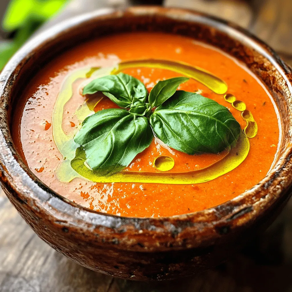 To make a great tomato basil soup, you need a few key ingredients: - 2 tablespoons extra-virgin olive oil - 1 medium onion, finely chopped - 3 cloves garlic, minced - 1 can (28 oz) crushed tomatoes, preferably San Marzano - 2 cups low-sodium vegetable broth - 1 teaspoon granulated sugar - Sea salt and freshly cracked pepper to taste - 1 cup heavy cream (or coconut cream for a vegan alternative) - 1 cup fresh basil leaves, roughly chopped - 1 tablespoon aged balsamic vinegar Olive oil adds a rich flavor. Onions and garlic bring depth to the soup. Crushed tomatoes form the base, giving a sweet and tangy taste. Broth adds liquid and richness. Cream makes the soup smooth, and sugar balances acidity. Seasoning helps enhance all the flavors. Fresh basil is key for this soup. It gives a bright, aromatic flavor. When choosing basil, look for vibrant green leaves without brown spots. Fresh tomatoes also elevate the dish, but use them only if they are in season. Ripe tomatoes add sweetness and depth. If using fresh tomatoes, try to select those that are firm but slightly soft to the touch. If you want a dairy-free version, you can use coconut cream instead of heavy cream. This keeps the soup creamy while adding a hint of coconut flavor. For those watching their sodium intake, use low-sodium broth and skip the added salt. You can also use herbs like oregano or thyme as a twist instead of basil if needed. These substitutions still keep the soup flavorful and enjoyable. - Estimated prep time: 10 minutes - Necessary kitchen tools: - Large heavy-bottomed pot - Cutting board and knife - Measuring spoons - Immersion blender or countertop blender First, heat the extra-virgin olive oil in your pot over medium heat. Once the oil is hot, add the finely chopped onion. Sauté the onion for about five minutes until it turns soft and translucent. This step builds a strong flavor base. Next, introduce the minced garlic. Stir continuously for one minute. Keep an eye on it; you don’t want the garlic to burn. If it starts to brown, remove it from heat right away. Now, it's time to pour in the crushed tomatoes and vegetable broth. Stir in the granulated sugar, sea salt, and cracked pepper. Increase the heat slightly to bring the mixture to a gentle simmer. Let it simmer uncovered for 15 to 20 minutes. Stir occasionally to help the flavors meld together. After simmering, remove the pot from the heat. If you have an immersion blender, blend the soup until it’s smooth and creamy. If you use a countertop blender, let the soup cool slightly first. Transfer it in batches, blending until smooth. Once blended, return the pot to low heat. Gradually stir in the heavy cream (or coconut cream for a vegan option). Gently heat until warmed through, but do not boil. Finally, add the roughly chopped fresh basil leaves and aged balsamic vinegar. Stir well to mix everything in. Taste the soup and adjust the seasoning with more sea salt and pepper if needed. For a complete guide to the recipe, refer to the Full Recipe. To make your tomato basil soup stand out, focus on balanced flavors. Start by adding a pinch of sea salt early in the cooking process. This helps draw out the natural sweetness of the onions and tomatoes. You can also add a teaspoon of sugar to cut acidity, which enhances the soup's taste. Avoid burning garlic by keeping an eye on the heat. Cook it on medium heat for just a minute. If it starts to brown, remove it from the pot right away. Burnt garlic adds a bitter taste that can ruin your soup. Garnishing can elevate your dish. Top your soup with fresh basil leaves for a vibrant touch. A drizzle of olive oil adds richness and a glossy finish. You can also sprinkle some grated cheese, like Parmesan, for added flavor. Serve the soup warm, but not too hot. Aim for a cozy temperature that invites you to enjoy each spoonful. Pair it with crusty garlic bread; it makes for a perfect dipping experience. To enhance the flavor, consider adding spices. A dash of red pepper flakes can bring heat, while a bit of thyme adds depth. Fresh herbs, like oregano or parsley, can introduce new notes that complement the basil. For toppings, think about adding croutons for crunch. A dollop of sour cream or a spoonful of pesto can also provide a delightful contrast to the tomato flavor. These small additions can transform your soup from delicious to gourmet. For the complete cooking experience, refer to the Full Recipe. {{image_4}} For a vegan twist, you can swap heavy cream with coconut cream. This creamy option adds a subtle sweetness and rich texture. It blends perfectly, keeping your soup smooth and satisfying. You might also want to explore different herbs. Try using fresh dill or cilantro instead of basil. These herbs can give your soup a unique taste. They bring fresh notes that can surprise your palate. Adding different vegetables can elevate your soup. Consider tossing in some chopped carrots, bell peppers, or zucchini. These veggies can enhance the flavor and add vibrant colors. You can also infuse your soup with spices. A pinch of red pepper flakes or smoked paprika can change the flavor profile. These spices add warmth and depth, making each bite exciting. When summer arrives, you might want a chilled version. To make this, cool the soup after blending, then refrigerate for a few hours. Serve it cold, garnished with fresh basil. Pairing your soup with side dishes can make a meal complete. Try it with crusty garlic bread or a light salad. These pairings enhance the meal and provide a nice crunch alongside the smooth soup. For the full recipe, check out [Full Recipe]. To keep your homemade tomato basil soup fresh, store it in an airtight container. Refrigerate it right after it cools down. This method helps retain flavor and quality. Your soup will stay good for about 4 to 5 days in the fridge. If you want to keep it longer, freezing is a great option. Pour the cooled soup into freezer-safe bags or containers. Make sure to leave some space for expansion. Frozen soup can last up to 3 months. When you’re ready to enjoy your soup again, there are a few good ways to reheat it. The best method is to use a pot on the stove. Simply pour the soup in and heat it over low to medium heat. Stir it often to make sure it heats evenly. If you need a quick option, you can use the microwave. Just heat it in short bursts, stirring in between. This helps keep the soup smooth. If it gets too thick, add a splash of water or broth to bring back the right texture. Your soup's shelf life depends on how you store it. In the fridge, it lasts about 4 to 5 days. In the freezer, it can stay fresh for 3 months. Always check for signs of spoilage before eating. Look for changes in color or texture. If it smells off or has mold, throw it away. Keeping these tips in mind helps ensure your soup stays delicious. For the full recipe, check out the section above! Can I use fresh tomatoes instead of canned? Yes, you can use fresh tomatoes. I recommend using ripe, juicy tomatoes. They will add a bright flavor. About 2 pounds of fresh tomatoes should work. Just peel and chop them before adding to your pot. How can I make the soup spicier? Want a kick? You can add red pepper flakes or diced jalapeños. Start with a small amount and taste as you go. This way, you can find the right level of heat for your taste. Is this soup gluten-free? Yes, this soup is gluten-free. The main ingredients do not contain gluten. Always check labels on broth and cream for additional safety. Caloric content per serving Each serving has about 300 calories. This can vary based on your cream choice. For a lighter option, use coconut cream or skip the cream altogether. Where to find the best basil? Look for fresh basil at farmers' markets or grocery stores. The best basil has bright green leaves and a strong aroma. If you can, buy it just before cooking for peak flavor. Alternatives for hard-to-find ingredients If you can't find San Marzano tomatoes, use any high-quality canned tomatoes. For basil, try dried basil if fresh isn’t available. It won't taste the same, but it will still add flavor. Homemade tomato basil soup is simple and tasty. We covered key ingredients like fresh basil and creamy textures, plus helpful tips for perfecting flavor. Remember, selecting fresh tomatoes makes a big difference. You can customize this soup with dairy-free options or new spices. Store it properly for the best taste later. Try out the variations for fun twists. Enjoy your cooking journey and make this soup your own. You’ll love the process and the result!