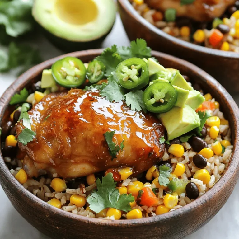 To make Hot Honey Chicken Bowls, you need the right ingredients. Here’s what you will need: - 1 lb boneless, skinless chicken thighs - 2 tablespoons olive oil - 1 teaspoon smoked paprika - 1 teaspoon garlic powder - 1 teaspoon onion powder - 1 teaspoon sea salt - 1/2 teaspoon freshly cracked black pepper - 1/4 teaspoon cayenne pepper (adjust to taste) - 1/3 cup hot honey (store-bought or homemade) - 2 cups cooked brown rice or quinoa - 1 cup corn kernels (freshly cooked or canned) - 1 cup black beans, rinsed and drained - 1/2 cup diced bell pepper (choose red, yellow, or a mix for added color) - 1/4 cup freshly chopped cilantro - Juice of 1 fresh lime These ingredients work together to create a tasty and filling dish. The chicken is the star with a sweet and spicy glaze. The rice or quinoa provides a hearty base. The veggies add color and texture. Garnishes can elevate your dish. Here are some great options: - Sliced jalapeños (for garnish, optional) - Creamy avocado slices (for garnish, optional) These toppings add flavor and make the bowl visually appealing. You can choose what you like best. If you have dietary needs, you can make easy swaps: - Use tofu or tempeh instead of chicken for a plant-based meal. - Try cauliflower rice instead of brown rice or quinoa for a lighter option. - For gluten-free, use certified gluten-free grains and check your hot honey. These substitutions keep the dish tasty while meeting your needs. You can enjoy this dish no matter your diet! Start by making the marinade. In a medium bowl, mix the olive oil, smoked paprika, garlic powder, onion powder, sea salt, black pepper, and cayenne pepper. This mix will give your chicken great flavor. Next, add the chicken thighs to the bowl. Make sure each piece is well-coated with the marinade. Cover the bowl and let it chill in the fridge for at least 30 minutes. If you have more time, letting it sit for two hours will enhance the taste. Now, heat a large skillet over medium-high heat. Once it’s hot, add the marinated chicken thighs. Cook each side for about 6 to 7 minutes. You want them golden brown and fully cooked. The internal temperature should reach 165°F. This step ensures your chicken is juicy and safe to eat. In the last few minutes of cooking, drizzle the hot honey over the chicken. This will create a sweet glaze that caramelizes nicely. While the chicken cooks, prepare the bowl base. In a large bowl, combine the cooked brown rice or quinoa, corn kernels, black beans, diced bell pepper, lime juice, and chopped cilantro. Mix everything well. Taste it and add salt if you want. Once the chicken is done, slice it into strips. Place the chicken on top of the rice and veggie mix. For extra flavor, drizzle any leftover hot honey from the skillet over the bowls. You can also add optional toppings like sliced jalapeños and creamy avocado slices. Enjoy this colorful and tasty dish! For the complete recipe, check out the Full Recipe. To make juicy chicken, start by using thighs instead of breasts. Chicken thighs have more fat and stay moist. Marinate the chicken for at least 30 minutes. This adds flavor and helps keep it tender. When cooking, do not overcrowd the pan. This allows the chicken to brown well. Always check the internal temperature. It should reach 165°F for safety. Let the chicken rest for a few minutes before slicing. This helps keep the juices inside. Having the right tools makes cooking easier and more fun. Here’s what you need: - A medium mixing bowl for marinating - A large skillet for cooking the chicken - A meat thermometer to check doneness - A cutting board for slicing - A sharp knife for easy cutting - Measuring spoons for accurate ingredient amounts These tools help ensure your chicken turns out just right. Presentation matters! Serve the hot honey chicken atop a bed of brown rice or quinoa. This adds texture and flavor. For added color, garnish with diced bell peppers and fresh cilantro. A squeeze of lime juice brightens the dish and adds freshness. If you like a kick, add sliced jalapeños on top. Creamy avocado slices also pair well and provide richness. Drizzle extra hot honey over the bowls for a sweet finish. Enjoy every bite of this tasty dish! For the complete method and ingredients, check out the Full Recipe. {{image_4}} You can swap chicken thighs for chicken breast. This change cuts fat and adds lean protein. Try using cauliflower rice instead of brown rice. It lowers carbs but keeps the meal filling. You can also add more veggies, like spinach or zucchini. This boosts fiber and nutrients without losing flavor. Add fresh herbs like basil or mint for a fresh taste. A sprinkle of feta cheese gives a salty kick. For more heat, mix in crushed red pepper flakes. You can also use different hot honey brands for unique sweetness. Adjust the cayenne pepper to your liking for extra spice. Brown rice is great, but quinoa adds a nutty flavor and is gluten-free. Barley or farro are hearty choices too. For a lighter option, use shredded cabbage as a base. This adds crunch and makes the bowl feel fresh. Explore these options to create your perfect bowl. Check out the Full Recipe for more ideas! To keep your Hot Honey Chicken Bowls fresh, store leftovers in an airtight container. This helps prevent moisture loss and keeps flavors intact. Make sure to let the food cool before sealing it. You can keep them in the fridge for up to three days. When you're ready to enjoy your leftovers, reheat them gently. Use a microwave or a skillet. If using a microwave, cover the bowl to avoid splatter. Heat for about 2-3 minutes, stirring halfway. If using a skillet, warm it over medium heat until heated through. Add a splash of water if needed to keep it moist. You can freeze Hot Honey Chicken Bowls for longer storage. Place the chicken and rice mix in freezer-safe bags. Squeeze out the air to prevent freezer burn. They can last up to three months in the freezer. To eat, thaw in the fridge overnight before reheating. This option is great for meal prep and busy weeks. Hot honey is a mix of honey and chili peppers. It adds a sweet and spicy kick to dishes. To make your own, combine honey with crushed red pepper flakes or fresh chilies. Heat the mixture gently to infuse the flavors. Let it cool, and you have your hot honey ready! Yes, you can! While chicken thighs work great, you can swap them for chicken breasts, pork, or tofu. Each protein will bring its own flavor and texture. Adjust cooking times for different proteins to ensure they're fully cooked. Many sauces can enhance your hot honey chicken bowls. Consider using soy sauce, ranch dressing, or a tangy vinaigrette. These sauces add depth and contrast to the sweet heat of the hot honey. Feel free to mix and match to find your favorite combo! Hot honey chicken bowls can be a healthy option. They include lean protein, whole grains, and fresh veggies. You control the ingredients, so you can keep it light. Use less honey if you prefer lower sugar. Enjoy a balanced meal that satisfies your cravings! Hot Honey Chicken Bowls combine many tasty ingredients and easy steps. You learned about the main ingredients and how to prepare them. I shared tips for juicy chicken and fun serving ideas. Remember, you can adapt this dish to fit your taste or health needs. Whether you are storing leftovers or exploring variations, these bowls are versatile. Enjoy making this meal your own!