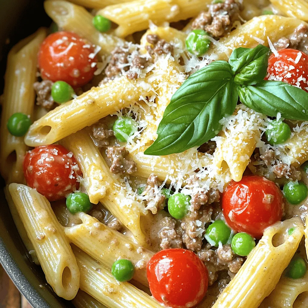 - 1 lb (450g) ground beef - 12 oz (340g) penne pasta - 4 cups beef broth - 1 cup heavy cream - 1 cup cherry tomatoes, halved - 1 medium onion, finely chopped - 3 cloves garlic, minced - 1 tablespoon dried Italian seasoning - Salt and freshly ground black pepper to taste - 2 tablespoons olive oil - 1 cup frozen peas - Grated Parmesan cheese for serving - Fresh basil leaves for garnish (optional) Gather these ingredients before you start cooking. It makes the process smooth and fun. I love using fresh tomatoes for a burst of flavor. You can also adjust the seasonings to fit your taste. If you want a bit more heat, add some red pepper flakes. In this recipe, the ground beef provides protein and flavor. The heavy cream makes the pasta rich and creamy. You can use any pasta shape, but penne holds sauce well. Don’t forget the peas! They add a nice pop of color and sweetness. You can find the full recipe at the end of this section. This dish is perfect for a weeknight dinner. It’s easy to make and tastes great. Enjoy your cooking! - Heat 2 tablespoons of olive oil in a large pot over medium heat. - Add 1 medium onion, finely chopped, and sauté for 3-4 minutes. The onion should turn soft and fragrant. - Next, stir in 3 cloves of minced garlic. Cook for another minute while stirring. This helps to unlock the garlic's flavor without burning it. - Now, add 1 pound of ground beef to the pot. - Use a wooden spoon to break the beef apart. Cook for about 5-7 minutes until it turns brown. - Season with salt, pepper, and 1 tablespoon of dried Italian seasoning. Stir well to mix the flavors. - Pour in 4 cups of beef broth. Bring this mixture to a rolling boil. - Add 12 ounces of penne pasta and 1 cup of halved cherry tomatoes. Stir to combine everything well. - Once it boils, reduce the heat and let it simmer gently. - After about 10-12 minutes, check the pasta. It should be al dente and most of the liquid absorbed. - Stir in 1 cup of heavy cream and 1 cup of frozen peas. Cook for an additional 3-4 minutes until heated through. - Taste and adjust seasoning with more salt and pepper, if needed. For the complete recipe, refer to the section titled Full Recipe. To get the best creaminess in your dish, add the cream slowly. This helps it blend well. Stir gently while adding, so it mixes evenly. If you want a thicker sauce, let it simmer a bit longer. You can also adjust the sauce's thickness with beef broth. If it feels too thick, add a little broth until you reach your desired consistency. To boost the flavor, you can add a pinch of red pepper flakes or a dash of smoked paprika. These spices add warmth and depth. Fresh herbs like thyme or parsley also work well. For a nice finish, top your dish with grated Parmesan cheese. Fresh basil leaves give a pop of color and taste great too. Feel free to switch up the pasta! You can use spaghetti, fusilli, or even whole wheat pasta. Each type brings a unique texture. If you prefer, substitute the ground beef with ground turkey, chicken, or even plant-based meat. These options create a different flavor while still being delicious. {{image_4}} If you want a meatless dish, try using lentils or mushrooms instead of beef. Lentils cook quickly and add a nice texture. Mushrooms bring a rich, earthy flavor. You can use about 1 cup of cooked lentils or 8 ounces of chopped mushrooms. Cook them in the same way as the beef. The dish will still be creamy and delicious! For a gluten-free meal, use gluten-free pasta. There are many great options available now. Choose a shape you like, such as penne or fusilli. Just follow the package instructions for cooking time. The rest of the recipe stays the same. Your creamy beef pasta will still taste amazing! To make the dish even better, try adding spinach or bell peppers. Spinach adds color and nutrients. You can stir in 2 cups of fresh spinach at the end. Bell peppers add crunch and sweetness. Use one medium bell pepper, diced, and add it with the onions. These additions not only boost flavor but also make the dish look more appealing. To store leftovers properly, let the pasta cool first. Place the creamy beef pasta in an airtight container. This helps keep it fresh. Store it in the fridge for up to three days. When you're ready to eat, check for any smell or texture changes before reheating. Freezing cooked pasta is easy. Use a freezer-safe container or a resealable bag. Make sure to remove as much air as possible. Label the container with the date. You can freeze the pasta for up to three months. Keep in mind that the texture may change slightly after thawing. To reheat your pasta, use a pot on low heat. Add a splash of beef broth or cream to keep it moist. Stir slowly until it heats through. You can also use the microwave. Heat it in short bursts, stirring in between. This helps keep the flavors bright and tasty. This dish takes about 30 minutes to make. You need around 10 minutes to prep and 20 minutes to cook. It’s quick and easy, perfect for busy nights. Yes, you can make this dish ahead. Cook the pasta and beef as directed. Cool it down and store it in the fridge for up to three days. When you are ready, just reheat it on the stove. You may need to add a splash of broth to bring back the creaminess. You can pair this dish with several sides. A simple green salad adds freshness. Garlic bread is a great choice for soaking up the creamy sauce. You might also enjoy steamed broccoli or a side of roasted vegetables. Absolutely! You can add spinach, bell peppers, or zucchini. Just chop them up and add them when you stir in the cream and peas. This adds color and boosts the nutrition in your meal. For more ideas, check the Full Recipe for options. This blog post covered all you need to make One-Pot Creamy Beef Pasta. We explored key ingredients, from ground beef to creamy goodness. You learned how to cook each component step by step. We also shared tips to enhance flavor and variations for different diets. With these details, you can create a tasty dish for any occasion. Enjoy experimenting in the kitchen, and make this recipe your own!