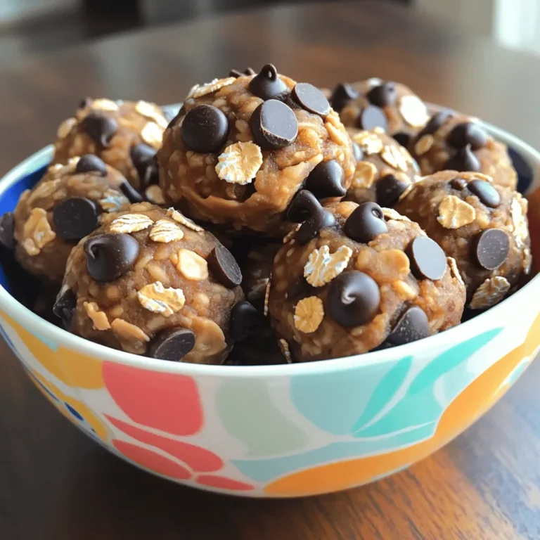 - 1 cup rolled oats - 1/2 cup natural peanut butter - 1/4 cup honey or maple syrup - 1/2 cup chocolate chips - 1/4 cup ground flaxseed - 1/4 teaspoon sea salt - 1/2 teaspoon vanilla extract - Optional additions - Mini marshmallows - Dried fruits (raisins, cranberries, apricots) What are the health benefits of these ingredients? Each ingredient brings something good. - Rolled oats provide fiber and keep you full. - Peanut butter gives protein and healthy fats. - Honey or maple syrup adds natural sweetness. - Chocolate chips offer a tasty treat. - Ground flaxseed is packed with omega-3 fatty acids. - Sea salt balances flavors and helps hydration. - Vanilla extract adds a warm flavor. Each serving has about 100 calories. This makes them a great snack for energy without too many calories. These bites offer a balance of nutrients. They are great for a quick energy boost before or after a workout. You can find the full recipe in the earlier sections to make these delicious bites! To start, grab a large mixing bowl. First, mix the dry ingredients. Add 1 cup rolled oats, 1/4 cup ground flaxseed, and 1/4 teaspoon sea salt. Use a spatula to stir until they are well combined. Next, it's time to combine the wet ingredients. Add 1/2 cup natural peanut butter, 1/4 cup honey or maple syrup, and 1/2 teaspoon vanilla extract to the bowl. Stir vigorously until everything melds into a slightly sticky dough. Now, let’s shape the energy bites. With clean hands, take small amounts of the mixture. Aim for balls about 1 inch in diameter. If the dough is too sticky, dampen your hands lightly. You can also chill the mixture for 15-30 minutes to make it easier to handle. For easier shaping, arrange the energy bites on a parchment-lined baking sheet or a plate. This keeps them from sticking together. Chilling is crucial. Place the tray in the refrigerator and let the bites chill for at least 30 minutes. This helps them firm up and hold their shape. For storing, keep any leftovers in an airtight container in the fridge. They will last up to a week. If you want to keep them longer, freeze them. This way, you’ll have energy snacks ready whenever you need a boost! To make sure your energy bites mix well, start with dry ingredients. In a big bowl, stir rolled oats, flaxseed, and salt. Use a spatula or spoon for even mixing. Next, add peanut butter, honey, and vanilla. Stir until you see a sticky dough. If it feels too sticky, chill it for a bit. This makes it easier to handle. Dampen your hands lightly if needed to avoid a mess. You can boost the flavor by using different types of chocolate. Dark chocolate adds richness, while semi-sweet gives a classic taste. Want to spice things up? Add cinnamon or a dash of almond extract. These small changes can make your bites even more delicious! For a fun presentation, place your energy bites in a bright bowl. Add a sprinkle of chocolate chips on top for flair. Pair these bites with a glass of cold milk or a warm cup of tea. They also go well with fresh fruit or yogurt. Enjoy these snacks any time of day! {{image_4}} You can easily adjust this recipe to fit your diet. If you want a vegan option, simply swap honey for maple syrup. This keeps the bites sweet and plant-based. For those avoiding gluten, use gluten-free oats. They work just as well to hold everything together. Feel free to get creative with flavors. Adding nuts or seeds can give your energy bites a nice crunch. Try almonds, walnuts, or sunflower seeds for added texture. You can also incorporate protein powder if you want an extra boost. Just mix it in with the dry ingredients. Change up the flavors with the seasons. In the fall, consider adding pumpkin spice for a warm, cozy taste. For summer, think about infusing the bites with dried fruits like apricots or peaches. This keeps things fun and fresh, no matter the time of year. To keep your peanut butter chocolate chip energy bites fresh, store them in the refrigerator. Use an airtight container to maintain their taste and texture. This way, they stay moist and ready to eat. Choose a glass or plastic container with a tight lid. This will help keep any odors from other foods away. You can freeze these energy bites for longer storage. To freeze, place them in a single layer on a baking sheet. Once frozen, transfer them to a freezer-safe bag or container. This helps prevent them from sticking together. When you're ready to eat, just take out a few and let them thaw at room temperature. You can also microwave them for a few seconds for a warm treat. When stored properly, these energy bites last about one week in the fridge. If you freeze them, they can last up to three months. Look out for signs of spoilage. If they smell off or have a strange texture, it's best to toss them. Always trust your senses when it comes to food safety. To make these energy bites, follow these easy steps: 1. Gather a large bowl and mix rolled oats, ground flaxseed, and sea salt. 2. Add peanut butter, honey or maple syrup, and vanilla extract. Stir well. 3. Fold in chocolate chips and any optional ingredients like mini marshmallows or dried fruits. 4. Use your hands to form small balls, about 1 inch in size. If sticky, dampen your hands or chill the mix. 5. Place the bites on a parchment-lined sheet and chill for at least 30 minutes. 6. Store leftovers in an airtight container in the fridge for up to a week. You can freeze them too! Yes, you can substitute peanut butter with almond or sunflower seed butter. For sweeteners, honey can be replaced with agave nectar or maple syrup. Choose what suits your taste! These energy bites last up to a week in the fridge. For longer storage, freeze them in an airtight container. They can stay fresh for about three months in the freezer. Yes, they are packed with nutrients! Rolled oats provide fiber, while peanut butter adds protein and healthy fats. Ground flaxseed is rich in omega-3 fatty acids. Enjoy a boost of energy with these tasty bites! Absolutely! You can mix in protein powder while combining the wet and dry ingredients. Start with one scoop and adjust based on your needs. This adds extra protein and keeps you fuller for longer. For the complete recipe, check out the [Full Recipe]. Enjoy your cooking adventure! In this blog, we covered how to make delicious Peanut Butter Chocolate Chip Energy Bites. You learned about the key ingredients, like rolled oats and peanut butter, and their health benefits. I shared step-by-step instructions, helpful tips, and fun variations. These bites are not just tasty but also easy to customize. Remember, you can store them in the fridge or freezer for later use. Enjoy your tasty snacks that energize your day!