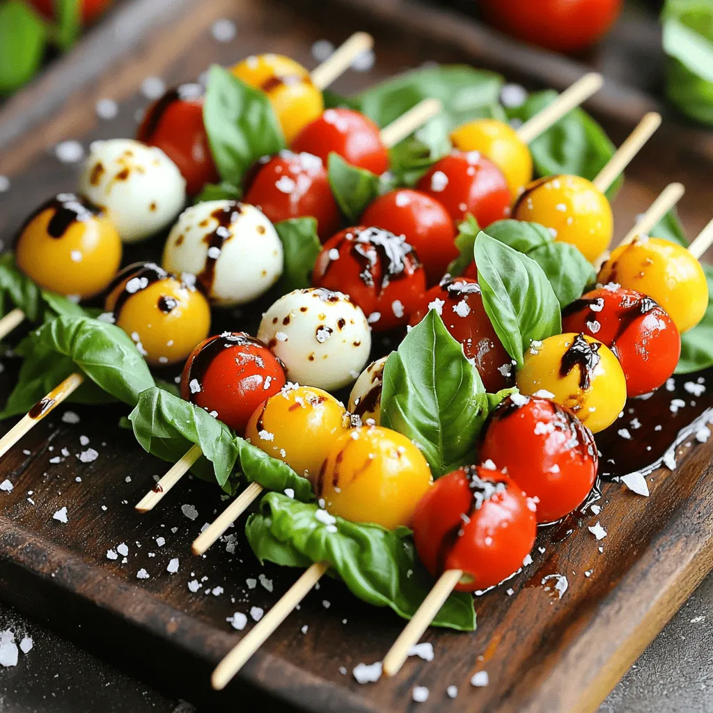 - Cherry tomatoes - Fresh basil leaves - Mini mozzarella balls (bocconcini) When making Caprese Salad Skewers, I rely on fresh ingredients. Cherry tomatoes are juicy and sweet. They provide a bright color and burst of flavor. I choose firm, ripe tomatoes for the best taste. Fresh basil leaves add a lovely herbal note. They also give a wonderful aroma. Finally, I use mini mozzarella balls, or bocconcini. They are creamy and mild, perfect for this dish. - Balsamic glaze - Extra virgin olive oil - Seasoning elements (salt and pepper) Next, I enhance the flavors with a few key elements. I drizzle balsamic glaze over the skewers for sweetness and tang. Extra virgin olive oil adds richness. A sprinkle of salt and freshly cracked black pepper brings out the natural tastes of the fresh ingredients. These simple additions can elevate your skewers. - Wooden skewers or toothpicks - Serving platter To assemble the skewers, I use wooden skewers or toothpicks. They make it easy to create cute and tasty bites. A serving platter is also important. It showcases the colorful skewers and makes them look inviting. For the full recipe, check out Caprese Salad Skewers Delight. - Halve the cherry tomatoes: Start by taking your cherry tomatoes and cutting them in half. This makes them easy to thread on skewers and allows for better flavor release. - Drain the mozzarella balls: If your mozzarella balls are in liquid, drain them well. This keeps the skewers from getting soggy and ensures that every bite is fresh and tasty. - Threading the ingredients: Grab a wooden skewer or a toothpick. Begin by adding one half of a cherry tomato onto the skewer. Next, place a fresh basil leaf, then a mini mozzarella ball. Repeat this process until you have a colorful stack. - Creating a pattern for visual appeal: Aim for three sets of tomatoes, basil, and mozzarella on each skewer. This pattern looks great and makes each bite a burst of flavor. If you're using toothpicks, you can keep it simple with just one set. - Drizzling and seasoning the skewers: Once your skewers are arranged, drizzle high-quality extra virgin olive oil and sweet balsamic glaze over them. This adds a rich flavor and makes them shine. - Serving suggestions: Serve the skewers right away for the best taste. You can also refrigerate them for up to 30 minutes to let the flavors mix. Try garnishing the platter with extra basil leaves or a drizzle of balsamic for an elegant touch. For the full recipe, check out Caprese Salad Skewers Delight. Choosing the right tomatoes is key. I love using ripe cherry tomatoes. Look for bright colors and a little give when you press them. Fresh mozzarella is just as important. Mini mozzarella balls, or bocconcini, should be tender and creamy. Always check for freshness in the packaging. Fresh basil leaves add a burst of flavor. Choose bright green leaves without any brown spots. The taste of fresh basil truly elevates your skewers. When skewering, stability is a must. Start with a tomato, then a basil leaf, and follow with mozzarella. Repeat this pattern for a balanced look. If you want to create a fun design, try alternating colors of tomatoes. This makes for a pretty presentation. Lay the skewers flat on a platter before serving. This keeps them from tipping over and losing their shape. Serve your Caprese Salad Skewers cold or at room temperature. This keeps the flavors fresh and bright. Pair these skewers with a crisp white wine or a sparkling drink. They are perfect for summer parties or picnics. You can even add a light salad on the side for a complete meal. Enjoy these delicious bites with friends and family! {{image_4}} You can switch up the tomatoes in your Caprese salad skewers. Heirloom tomatoes offer a sweet twist. They come in many colors and shapes. This adds fun to your dish. Using plant-based mozzarella is another great option. It fits a vegan diet and tastes good. You can find it in many stores now. Adding olives or pepperoni can spice things up. They provide a nice contrast to the fresh flavors. You can also enhance the taste with herbs. Oregano and thyme work well. Just a sprinkle adds depth and aroma to your skewers. Try mini skewers for a fun appetizer. They are perfect for parties and easy to grab. You can also serve Caprese salad in a bowl. This way, guests can help themselves. It looks great and is easy to mix. For the full recipe, you can check out Caprese Salad Skewers Delight . You can refrigerate assembled skewers for a short time. Keep them in an airtight container. The best time to serve them is within 30 minutes. This way, they stay fresh and tasty. The flavors blend well during this time, adding to the dish's appeal. If you want to save your ingredients, consider freezing them. Tomatoes and mozzarella freeze well if done right. Place them in a sealed bag, pressing out as much air as possible. For leftover ingredients, store them separately. Keep tomatoes, basil, and mozzarella in different containers. This helps maintain their flavors and textures. When you're ready to enjoy stored ingredients, reassemble the skewers. Start by threading the tomatoes, basil, and mozzarella again. If the flavors seem dull, refresh them. A drizzle of olive oil or balsamic glaze can bring back their taste. Enjoy your Caprese Salad Skewers again with a burst of freshness! To keep your Caprese salad skewers fresh, store them in the fridge. Use an airtight container. This helps prevent moisture loss. Always use fresh ingredients when you make them. Fresh basil, ripe tomatoes, and creamy mozzarella taste best. Yes, you can make them ahead! Prepare the skewers a few hours before serving. Just keep them in the fridge. For added flavor, you can marinate the skewers in balsamic glaze. This makes the flavors pop. Caprese salad skewers pair well with many dishes. Consider serving them with crunchy bread or a light salad. For drinks, try sparkling water or white wine. These options balance the flavors nicely. For the complete details, check out the Caprese Salad Skewers Delight full recipe. It guides you through each step and gives you tips for the best results. Caprese salad skewers combine fresh ingredients and simple assembly for a tasty treat. You learned how to prepare cherry tomatoes, mozzarella, and basil while enhancing flavor with balsamic glaze. Effective assembly and presentation techniques add appeal and flavor. Remember, the quality of your ingredients matters. Explore variations and storage tips to keep your skewers fresh. Creating these delightful bites will impress your guests, whether for a party or a cozy meal. Enjoy making and sharing this easy recipe!