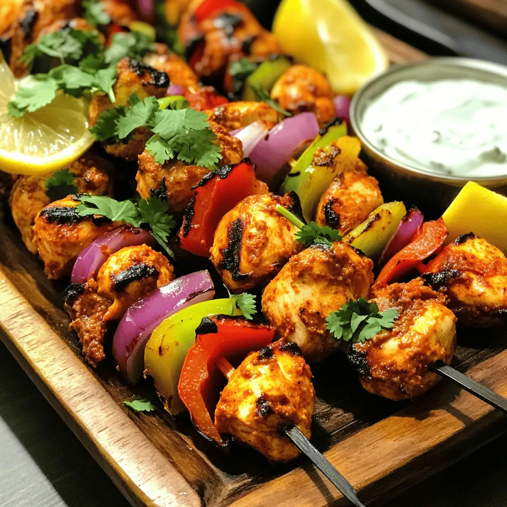 To make Tandoori chicken skewers, you need some key ingredients: - 1 lb (450g) boneless, skinless chicken thighs, cut into 1-inch cubes - 1 cup plain Greek yogurt - 2 tablespoons tandoori masala (store-bought or homemade) - 1 tablespoon ginger-garlic paste - 1 tablespoon fresh lemon juice - 1 tablespoon extra virgin olive oil - 1 teaspoon ground cumin - 1 teaspoon smoked paprika - 1/2 teaspoon cayenne pepper (adjust based on heat preference) - Salt, to taste These ingredients bring great flavor to the chicken. The yogurt helps tenderize the meat and adds creaminess. The marinade is key to a good Tandoori chicken. Here are the ingredients: - 1 cup plain Greek yogurt - 2 tablespoons tandoori masala - 1 tablespoon ginger-garlic paste - 1 tablespoon fresh lemon juice - 1 tablespoon extra virgin olive oil - 1 teaspoon ground cumin - 1 teaspoon smoked paprika - 1/2 teaspoon cayenne pepper - Salt, to taste Mix these well. Marinating is essential. It lets the chicken soak in all the spices. Garnishes are not just for looks; they add flavor too. Use these: - Fresh cilantro, roughly chopped, for garnish - 1 large red onion, cut into wedges - 1 bell pepper (any color), cut into 1-inch squares The onion and bell peppers add color and sweetness. They also make the dish more fun. You can find the full recipe to help you make this dish even more delicious. To make a great marinade, start with a large bowl. Whisk together 1 cup of plain Greek yogurt and 2 tablespoons of tandoori masala. Add 1 tablespoon of ginger-garlic paste, 1 tablespoon of fresh lemon juice, and 1 tablespoon of extra virgin olive oil. Next, mix in 1 teaspoon of ground cumin, 1 teaspoon of smoked paprika, and 1/2 teaspoon of cayenne pepper. Add salt to taste. Make sure the mixture is smooth and well combined. This step is key for a rich flavor. Cut 1 pound of boneless, skinless chicken thighs into 1-inch cubes. Add the chicken to your marinade. Use your hands or a spoon to coat each piece well. Cover the bowl with plastic wrap and place it in the fridge for at least 2 hours. For best results, let it marinate overnight. The longer it sits, the better the flavor. If you use wooden skewers, soak them in water for 30 minutes. This keeps them from burning. Then, preheat the grill or oven to medium-high heat. Take the marinated chicken and thread it onto the soaked skewers. Alternate with red onion wedges and bell pepper squares. This not only looks nice but adds great taste too! Place your skewers on the hot grill or on a baking sheet if you’re using the oven. Cook for about 15 to 20 minutes. Make sure to turn the skewers occasionally. This helps them cook evenly and get a nice char. The chicken should reach an internal temperature of 165°F (75°C). After cooking, take the skewers off the heat. Let them rest for 2 to 3 minutes. This helps keep the chicken juicy. Before serving, sprinkle with fresh cilantro for color. Serve on a vibrant platter with lemon wedges and a side of mint yogurt sauce for dipping. This adds a refreshing touch to your meal. Enjoy the flavors of your Tandoori Chicken Skewers! To make your tandoori chicken skewers sing with flavor, use fresh spices. Fresh spices give a strong taste. Tandoori masala is key. It adds that unique taste we love. Marinate the chicken for at least two hours. Overnight is even better. This lets the flavors soak in deep. Use Greek yogurt in the marinade. It adds creaminess and helps tenderize the chicken. Grilling gives a smoky flavor. It also creates a nice char. Use a grill for that classic taste. If you don't have a grill, an oven works too. Preheat your oven to 400°F (200°C). Place skewers on a baking sheet. Both methods cook the chicken well. Just check the internal temperature. It should reach 165°F (75°C). You need a few tools for the best results. Get some wooden or metal skewers. Wooden skewers should soak in water before grilling. This stops them from burning. Use a mixing bowl for your marinade. A whisk helps blend the ingredients well. A meat thermometer is a must. It ensures your chicken is safe to eat. Lastly, don’t forget a vibrant platter for serving. Your guests will love the look! For a detailed recipe, check the Full Recipe. {{image_4}} If you want a tasty twist, try using paneer or vegetables. Paneer absorbs flavors well. It gets a nice char on the grill. For veggies, use bell peppers, zucchini, or mushrooms. Cut them into bite-sized pieces. Marinate them just like the chicken. This way, you can enjoy the same great taste without meat. You can adjust the heat level to your liking. For spicy tandoori chicken skewers, add more cayenne pepper or use a hotter tandoori masala. If you prefer mild, reduce the cayenne and use less spice. The beauty of this dish is its flexibility. You can make it work for anyone, whether they love heat or not. The marinade is key to great flavor. You can customize it in many ways. For a tangy kick, add more lemon juice or yogurt. For extra depth, mix in fresh herbs like mint or cilantro. You can also experiment with spices. Try adding garam masala or turmeric for a different flavor profile. Check out the full recipe for more details on how to make these skewers shine! After enjoying your tandoori chicken skewers, store any leftovers in a safe way. Place them in an airtight container. This keeps them fresh for up to three days in the fridge. Make sure to let the skewers cool down before sealing them. This helps prevent moisture build-up, which can make the chicken soggy. You can freeze both raw and cooked skewers. For raw skewers, wrap them tightly in plastic wrap, then in foil. This will keep them fresh for up to three months. For cooked skewers, let them cool completely first. Then, place them in a freezer bag. Remove as much air as possible to avoid freezer burn. Cooked skewers can also last up to three months in the freezer. When it's time to enjoy your leftovers, reheating is simple. For cooked skewers, pop them in the oven at 350°F (175°C) for about 10-15 minutes. This warms them evenly. You can also use a microwave, but this may make the chicken less crispy. If you have frozen skewers, let them thaw in the fridge overnight before reheating. This ensures they heat through properly. Tandoori chicken is a popular dish from India. It features chicken marinated in yogurt and spices, then grilled. The marinade often includes tandoori masala, which gives it a rich, smoky flavor. The cooking method helps lock in moisture, making the chicken tender and juicy. You can serve it with naan or rice for a complete meal. Yes, you can use chicken breast for tandoori chicken. However, chicken thighs are juicier and more flavorful. If you choose breasts, consider marinating them for a shorter time. This helps keep them moist during cooking. Marinate the chicken for at least 2 hours. For the best taste, try to marinate it overnight. This gives the spices time to soak into the meat. The longer you let it sit, the more flavorful it becomes. Tandoori chicken skewers go well with various sides. Here are some ideas: - Naan or pita bread - Basmati rice or jeera rice - A fresh salad with cucumber and tomatoes - Mint yogurt sauce for dipping - Roasted vegetables Check the chicken's internal temperature to ensure it is fully cooked. Use a meat thermometer to check that it reaches 165°F (75°C). If you don’t have a thermometer, cut into a piece and ensure the meat is no longer pink inside. Enjoy your tandoori chicken skewers with confidence! For the complete recipe, refer to the Full Recipe. Tandoori chicken skewers combine tasty spices, a rich marinade, and fun cooking methods. Choosing the right ingredients is key to great flavor. Remember, you can make this dish vegetarian with paneer or veggies. Store leftovers well and reheat without losing taste. This dish is great for sharing. With these tips, you’ll impress friends and family. Enjoy your cooking journey!