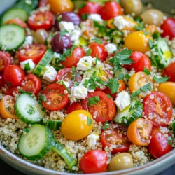 - 1 cup quinoa - 2 cups vegetable broth (or water) - 1 cup cherry tomatoes, halved - 1 cucumber, diced - 1 red bell pepper, diced - 1/2 red onion, finely chopped - 1 cup feta cheese, crumbled - 1/4 cup fresh parsley, finely chopped - 1/4 cup Kalamata olives, pitted and sliced - 3 tablespoons extra virgin olive oil - 2 tablespoons freshly squeezed lemon juice - 1 teaspoon dried oregano - Salt and freshly cracked black pepper to taste Gather these ingredients before you start cooking. Quinoa is the star here. It gives the salad a hearty base. Feta adds a nice salty kick. The veggies bring freshness and crunch. Make sure to use ripe cherry tomatoes and crisp cucumbers for the best taste. Kalamata olives add a delicious briny flavor. Fresh herbs like parsley brighten the dish. Extra virgin olive oil and lemon juice tie all the flavors together. You can find the full recipe for this delightful dish that highlights these ingredients. 1. Rinse your quinoa under cold running water. This helps remove its bitter taste. 2. In a pot, boil 2 cups of vegetable broth or water. Add the rinsed quinoa. 3. Reduce the heat and let it simmer. Cook until all the liquid is absorbed. This takes about 15-20 minutes. 1. In a large bowl, combine 1 cup of halved cherry tomatoes, 1 diced cucumber, 1 diced red bell pepper, 1/2 finely chopped red onion, and 1/4 cup of sliced Kalamata olives. 2. Once the quinoa cools, mix it in with the fresh vegetables. The flavors blend nicely. 1. Drizzle 3 tablespoons of olive oil and 2 tablespoons of lemon juice over the salad. 2. Season with 1 teaspoon of dried oregano, salt, and freshly cracked black pepper. Toss gently to coat everything. 1. Fold in 1 cup of crumbled feta cheese and 1/4 cup of finely chopped fresh parsley. 2. Let the salad rest for at least 15 minutes. This allows the flavors to meld together nicely. For the full recipe, check out the detailed instructions above! To make the best quinoa, rinsing is key. Rinse the quinoa well under cold running water. This step removes its natural bitter taste. It makes the final dish much tastier. For fluffy quinoa, cook it right. Use two cups of vegetable broth or water for one cup of quinoa. Bring the liquid to a rolling boil. Then, add the rinsed quinoa and reduce the heat to a gentle simmer. Cover the pot and let it cook for 15-20 minutes. The quinoa is done when it absorbs all the liquid and looks fluffy. Try not to stir it too much while cooking, as this can make it mushy. Presentation matters. Serve the salad in a large, bright bowl. This will make the colors pop. Garnish with a sprig of parsley and some feta crumbles on top. If you want a fancy touch, use individual bowls. This way, each guest can enjoy their own colorful serving. Pair this salad with grilled chicken or fish for a complete meal. It also goes well with roasted vegetables or a hearty soup. The flavors blend nicely, making a satisfying feast. Quinoa is a superfood. It is high in protein and fiber. It also has essential vitamins and minerals. Feta cheese adds calcium and healthy fats. Together, they make a nutritious base for your salad. The fresh vegetables bring antioxidants. Cherry tomatoes, cucumbers, and bell peppers are full of vitamins. They help fight free radicals and keep your body healthy. Eating this salad is not just tasty; it’s good for you, too. For the full recipe, check out the main section! {{image_4}} You can easily change the vegetables in your salad. Try using: - Zucchini, diced - Carrots, grated - Spinach, chopped These swaps add new colors and flavors. You can also switch up the cheese. If you want a creamier taste, try goat cheese or ricotta. For a sharper flavor, use aged cheddar or blue cheese. You can even change the dressing! Instead of olive oil and lemon juice, use balsamic vinegar or a yogurt-based dressing. These swaps keep the salad exciting and fresh. Making this salad vegan is easy. Just leave out the feta cheese. You can use avocados instead for creaminess. To make it gluten-free, ensure you use certified gluten-free quinoa. For added protein, consider adding grilled chicken or chickpeas. Chickpeas are great for a plant-based option. They give the salad a nice texture and help keep you full. You can mix and match these ideas to fit your diet and taste. Enjoy making this salad just right for you! To keep your savory quinoa salad fresh, store it in an airtight container. This helps to lock in moisture and flavor. Place the container in the fridge right after serving. The salad stays fresh for about three to five days. After this time, the vegetables may lose their crunch, and the flavors may fade. Can you freeze quinoa salad? Yes, but I recommend only freezing the quinoa without the veggies and dressing. The textures of fresh vegetables change when frozen. To freeze, put the cooled quinoa in a freezer-safe bag. Label it with the date and remove as much air as possible. To thaw and refresh frozen salad, move the quinoa to the fridge a day before you want to eat it. This slow thaw keeps it from becoming mushy. Once thawed, mix in fresh veggies and dressing for a tasty meal. Enjoy your delicious dish! For the full recipe, check back to the ingredients section. To cook quinoa perfectly, rinse it well under cold water. This step removes bitterness. Use a ratio of 1 cup quinoa to 2 cups vegetable broth or water. Bring the liquid to a boil, then add the rinsed quinoa. Cover and simmer for about 15 to 20 minutes. The quinoa is ready when it absorbs all the liquid and looks fluffy. Let it cool before mixing it with other ingredients. Yes, you can swap feta cheese with other options. Goat cheese adds creaminess, while mozzarella gives a mild flavor. Parmesan adds a rich taste. For a dairy-free choice, try vegan feta or nutritional yeast for a cheesy flavor without dairy. The savory quinoa salad stays fresh in the fridge for about 3 to 5 days. Store it in an airtight container to maintain its flavor and texture. If you notice any liquids forming, just give it a gentle stir before serving. You can make this salad ahead of time. Prepare it a day before and store it in the fridge. The flavors meld together, making it even tastier. Just add the feta cheese and parsley right before serving for the best texture. Yes, the savory quinoa salad is gluten-free. Quinoa is a gluten-free grain, making it a great choice for those with gluten intolerance. Just ensure that any added ingredients, like olives or dressings, also meet gluten-free standards. This blog post covered a tasty Savory Quinoa Salad with Feta. We explored a list of fresh ingredients and easy steps to make it. I shared tips for cooking perfect quinoa and ideas to store or freeze leftovers. You can adapt the recipe to fit many diets and preferences. In final thoughts, try this salad for a healthy meal. Enjoy the flavors and benefits of each ingredient. Your taste buds and body will thank you!