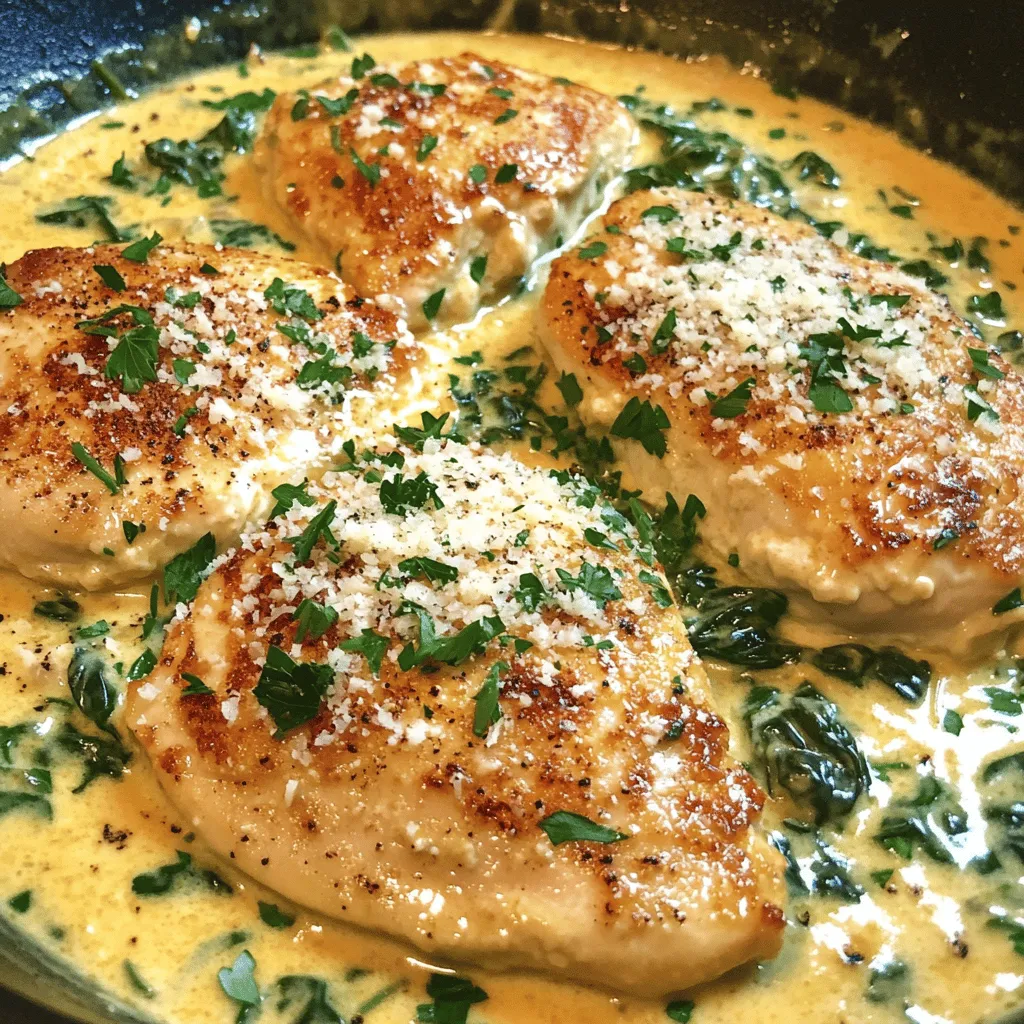 - 4 boneless, skinless chicken breasts - 3 tablespoons olive oil - 4 cloves garlic, minced - 1 cup chicken broth - 1 cup heavy cream - 1 teaspoon dried thyme - 1 teaspoon dried oregano - 1 teaspoon onion powder - Salt and pepper to taste - 1 cup baby spinach - ½ cup grated Parmesan cheese - Fresh parsley, finely chopped, for garnish - Large skillet - Wooden spoon - Measuring cups and spoons - Meat thermometer - Plate for resting chicken Gather all your ingredients first. This keeps the cooking process smooth. For this creamy garlic chicken skillet, you'll want fresh chicken and herbs for the best flavor. The chicken breasts are the star of the dish. They soak up all the tasty sauce. Olive oil adds richness and helps cook the chicken. Garlic gives a punch of flavor. Use minced garlic for a strong taste. Chicken broth adds depth to the sauce. Heavy cream brings creaminess and smoothness. Don't skip the dried thyme and oregano. They add warmth and aroma. Onion powder gives a hint of sweetness. Season with salt and pepper to enhance all the flavors. The baby spinach adds color and nutrition. Grated Parmesan cheese thickens the sauce and adds umami. Finally, fresh parsley brightens the dish with its green touch. Make sure to have the right kitchen tools ready. A large skillet is key for cooking everything in one pan. A wooden spoon helps mix the sauce well. Measuring cups and spoons ensure you add the right amounts. A meat thermometer checks the chicken's doneness. A plate is handy for resting the cooked chicken. With these ingredients and tools, you are set for a fun cooking experience. For the full details on how to prepare this dish, check out the Full Recipe. - First, season your chicken breasts on both sides. Use salt, pepper, thyme, and oregano. Make sure each piece gets a good coat for the best flavor. - Next, heat 3 tablespoons of olive oil in a large skillet over medium-high heat. Wait until the oil shimmers before adding the chicken. - Now, place the seasoned chicken breasts in the hot skillet. Sear them for 6-7 minutes on each side. Look for a nice golden color and ensure they reach an internal temperature of 165°F. Once done, take them out and set them aside on a plate. - In the same skillet, lower the heat to medium. Add 4 cloves of minced garlic to the pan. Sauté for about 1 minute. You want the garlic to smell wonderful but not burn. - Carefully pour in 1 cup of chicken broth. Stir with a wooden spoon to deglaze the skillet. Scrape up any tasty bits stuck to the bottom. Let this mix simmer for 2-3 minutes to blend the flavors. - Next, add 1 cup of heavy cream and 1 teaspoon of onion powder to the skillet. Stir well and allow it to simmer for 3-4 minutes. You want the sauce to thicken a bit. - Stir in 1 cup of baby spinach. Cook for just 1 more minute. You want the spinach to wilt and turn bright green. - Now, fold in ½ cup of grated Parmesan cheese. Keep stirring until it melts into the sauce. Taste and adjust with more salt or pepper if you wish. - Return the seared chicken breasts to the skillet. Spoon some of that creamy sauce over the top. Let everything heat together for about 2 minutes. - Before you serve, garnish with freshly chopped parsley. This adds color and a fresh taste to your dish. For the full recipe, check out the complete instructions to make this creamy garlic chicken skillet. To get the best sear on your chicken, start with a hot skillet. Heat olive oil over medium-high heat. When the oil shimmers, add the chicken. Sear each side for 6-7 minutes. This gives a nice golden color. Make sure the internal temperature reaches 165°F for safe eating. Season the chicken well with salt, pepper, thyme, and oregano. This mix brings out great flavor. To thicken your sauce, let it simmer longer. As it cooks, the liquid reduces and gets creamier. If the sauce is too thin, try adding a bit more Parmesan cheese. This will help with thickness and taste. Always taste your sauce before serving. Adjust with a pinch of salt or pepper to balance the flavor. Serve the creamy garlic chicken over mashed potatoes. This pairing works well with the rich sauce. You can also add steamed veggies on the side. These bright colors contrast nicely. For garnish, sprinkle fresh parsley on top. It adds a pop of color and freshness to your dish. You want your meal to look as good as it tastes! For the full recipe, check out the details above. {{image_4}} You can customize this dish in many ways. For proteins, try turkey or pork instead of chicken. Each option adds a unique taste. If you want a meat-free version, use tofu or chickpeas. These alternatives keep the meal hearty and satisfying. For a vegan or dairy-free option, swap heavy cream with coconut milk or cashew cream. This change keeps the dish creamy while adding a hint of sweetness. Use nutritional yeast instead of Parmesan cheese for a cheesy flavor without dairy. To elevate the dish, you can add herbs and spices. Fresh basil or rosemary adds a bright note. For a spicy kick, sprinkle in some red pepper flakes. These additions can take your creamy garlic chicken to the next level. Incorporating vegetables can also enhance flavor and nutrition. Add bell peppers or mushrooms when sautéing the garlic. Spinach is great, but you can also try kale or broccoli. They bring color and texture to the meal. When serving this dish, choose sides that balance its richness. Mashed potatoes or rice are perfect to soak up the creamy sauce. Steamed broccoli or green beans add a fresh crunch. For beverages, a chilled white wine pairs well. A light Pinot Grigio complements the flavors nicely. If you prefer non-alcoholic, try sparkling water with lemon. It refreshes the palate between bites. To keep your creamy garlic chicken fresh, follow these tips: - Use airtight containers. This helps keep out air and moisture. - Cool down the dish before storing it. Let it sit for about 30 minutes. - Store in the fridge. It stays good for up to 3 days. Check for any signs of spoilage before eating. If it smells off or looks strange, toss it. When you're ready to enjoy your leftovers, here are the best ways to reheat: - Use a skillet over low heat. This warms the chicken evenly. - Add a splash of chicken broth or cream. This keeps the sauce creamy. - Stir gently to avoid breaking up the chicken. Microwaving is quick but can dry out the chicken. If you must, cover it with a damp paper towel. Enjoy the rich flavors again! Check out the Full Recipe for more tips and tricks. It takes about 15 minutes to prep and 30 minutes to cook. So, the total time is 45 minutes. This means you can enjoy a tasty dinner in less than an hour! Yes, you can use frozen chicken. Just make sure to thaw it first. You can do this in the fridge overnight or use the microwave on the defrost setting. Thawed chicken cooks more evenly and gives better flavor. You can pair this dish with many sides. Here are a few ideas: - Mashed potatoes - Steamed broccoli - Roasted carrots - A fresh garden salad These options add color and balance to the rich sauce. Yes, you can prepare some parts ahead of time. Season the chicken and chop the garlic the day before. You can also make the sauce a day early. Just store everything in the fridge. When you’re ready to cook, heat the sauce and add the chicken. Absolutely! Here are some tips: - Use boneless, skinless chicken thighs instead of breasts. - Swap heavy cream for half-and-half or Greek yogurt. - Reduce the cheese or use a low-fat version. These changes keep the flavor while cutting calories and fats. Check out the Full Recipe for more details! This blog post covered a tasty creamy garlic chicken skillet recipe. You learned about the key ingredients like chicken, cream, and spices. I shared the tools you'll need, from a skillet to a meat thermometer, to ensure great results. The step-by-step guide makes cooking easy. In closing, this dish is simple to make and bursting with flavor. Feel free to tweak ingredients or adjust servings. With a few tips, you'll impress anyone with this meal. Happy cooking!
