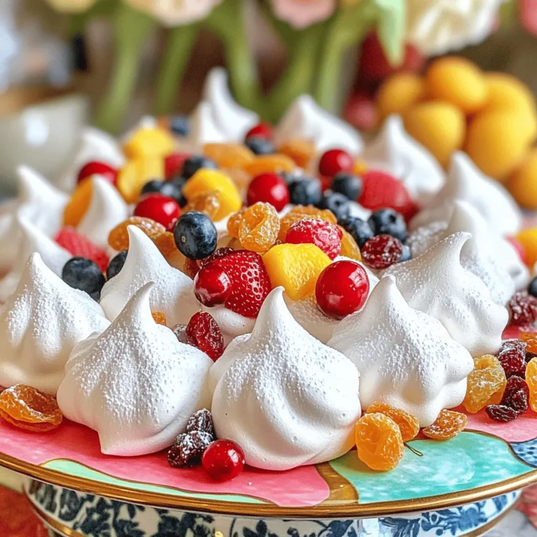 To make the best meringue cookies, you need a few key ingredients. Here’s what you’ll need: - 4 large egg whites, at room temperature - 1 cup granulated sugar - 1/2 teaspoon cream of tartar - 1 teaspoon vanilla extract - 1/2 cup mixed dried fruits (such as cranberries, apricots, and mango) - 1/2 cup fresh berries (such as strawberries and blueberries) - A pinch of salt Egg whites create the structure for your cookies. The sugar adds sweetness and helps form that lovely glossy texture. Cream of tartar stabilizes the egg whites, making them fluffier. Vanilla extract enhances the flavor. Dried fruits add texture, while fresh berries bring a burst of freshness. You can get creative with fruits for your meringue cookies. Here are some tasty options: - Dried cranberries for a tangy twist - Dried apricots for a chewy texture - Dried mango for a tropical flair - Fresh strawberries for sweetness - Fresh blueberries for a pop of color Mix and match these fruits to find your favorite combination. Each fruit will give your meringue cookies a unique flavor and look. Want to take your meringue cookies to the next level? Here are some ideas: - Add a sprinkle of lemon zest for brightness. - Mix in a bit of almond extract for a nutty profile. - Try cocoa powder for a chocolatey touch. - Fold in finely chopped nuts for added crunch. These enhancements can make your cookies stand out even more. With these ingredients and ideas, you’re ready to create delightful meringue cookies with fruit. For the complete guide, check out the Full Recipe. First, gather your ingredients. You will need egg whites, sugar, cream of tartar, and fruit. Make sure your egg whites are at room temperature. This helps them whip better. Next, preheat your oven to 225°F (110°C). Line a baking sheet with parchment paper. This keeps your cookies from sticking. In a clean mixing bowl, add the egg whites and a pinch of salt. Start mixing with an electric mixer on medium speed. Mix until the whites are frothy. This should take about 1-2 minutes. Next, add the cream of tartar. Increase the mixer speed to high. Beat until soft peaks form, which will take another 2-3 minutes. Now, it’s time to add the sugar. Do this slowly, one tablespoon at a time. Keep the mixer on high. Mix until the mixture is glossy and holds stiff peaks. This will take about 5-7 minutes. Carefully fold in the vanilla and dried fruits. Use a spatula and be gentle. You want to keep the mixture light and airy. Prepare your baking sheet with the meringue mixture. You can use a piping bag or spoon. Each meringue should be about 1.5 inches wide. Leave space between each one. For a special touch, add fresh berries on top of each meringue. Now, place the baking sheet in the oven. Bake for 1.5 to 2 hours. Watch them closely. They should be dry and lift easily from the parchment. When they are done, turn off the oven. Leave the meringues inside with the door slightly open. This cooling method helps stop cracks from forming. For the full recipe, refer to the earlier section. Enjoy your beautiful meringue cookies! To get the best meringue, start with clean tools. Any grease can ruin your meringue. Use room temperature egg whites. They whip up better than cold ones. You want the egg whites to become frothy first. Then, add cream of tartar. This helps stabilize the meringue. Beat until soft peaks form. When you lift the mixer, the peaks should bend slightly. Gradually add sugar. This step is key to a smooth texture. Keep beating until stiff peaks form. The mixture will look glossy and thick. One mistake is adding sugar too fast. This can make your meringue grainy. Avoid mixing on low speed. You need high speed to incorporate air. If you open the oven door too soon, the meringues may crack. Always let them cool in the oven. This prevents sudden changes in temperature. Another issue is overbaking. They should feel dry but not browned. Aim for a light, airy texture. Serving meringue cookies is fun! Arrange them on a bright platter. Add a sprinkle of powdered sugar for style. Fresh berries look great on top. You can serve them with whipped cream. This adds creaminess to the crisp meringue. For a twist, try drizzling with chocolate. You can also pair them with ice cream. They make a delightful dessert for any event. For the full recipe, check out Cloud Nine Meringue Cookies with a Fruity Twist. {{image_4}} You can switch up the fruits in your meringue cookies to create new flavors. Try using diced peaches or ripe bananas for a fresh twist. If you want a tart touch, go for kiwi or passion fruit. You can even mix dried fruits like figs or dates for a chewy texture. The key is to balance the sweetness of the meringue with the tartness of the fruit for the best taste. Adding chocolate or nuts can elevate your meringue cookies. You can fold in mini chocolate chips or cocoa powder to give them a rich flavor. Toasted nuts, like almonds or hazelnuts, add a nice crunch. Just remember to chop them finely so they mix well. With these add-ins, your meringue cookies gain a unique personality. Seasonal fruits can inspire creative combinations in your meringue cookies. In spring, use fresh strawberries and rhubarb for a vibrant mix. Summer calls for juicy peaches and blueberries. For fall, think about apples and cinnamon for a cozy flavor. Winter can bring in pomegranates and citrus for brightness. Each season offers its own palette of flavors, making your meringue cookies exciting all year round. Meringue cookies are light and crispy. To keep them fresh, store them in an airtight container. Use a container that fits the cookies without squishing them. Place a piece of parchment paper between layers if you stack them. This helps prevent sticking. For the best taste and texture, keep meringue cookies away from moisture. Moisture can make them soft and chewy. Store them in a cool, dry place. If you live in a humid area, consider using silica gel packets in the container to absorb extra moisture. You can freeze meringue cookies if you want to keep them longer. First, let them cool completely. Then, place them in a single layer on a baking sheet. Freeze them for 1-2 hours until firm. After that, transfer them to an airtight container or freezer bag. They can last up to three months in the freezer. When ready to eat, just thaw them at room temperature. Enjoy your meringue cookies fresh and crisp! For the full recipe, check the link above. Meringue cookies can last up to two weeks when stored correctly. Keep them in an airtight container at room temperature. Avoid humid places, as moisture can make them chewy. If you notice any cracks, enjoy them quickly, as they are best fresh. You can use egg substitutes, but results may vary. Aquafaba, the liquid from canned chickpeas, works well. It mimics egg whites and can whip up nicely. Use around 3 tablespoons of aquafaba for each egg white. Make sure your bowl is clean and free from grease for the best results. Fruits like strawberries, blueberries, and raspberries work best with meringue cookies. Their sweet and tangy flavors complement the light texture of the meringues. Fresh fruits add color and taste, making your treat even more delightful. You can mix dried fruits like cranberries and apricots for added texture and flavor, too. For the full recipe, check out Cloud Nine Meringue Cookies with a Fruity Twist. In this post, we explored how to make meringue cookies. We covered key ingredients and flavor options. I shared step-by-step instructions for mixing and baking. We discussed tips to get the right texture and avoid common mistakes. Plus, I mentioned fun variations like seasonal fruits and nut add-ins. Remember, storing meringue cookies properly keeps them fresh and tasty. Now, you have everything you need to create delicious meringue treats. So, get baking and enjoy every bite!