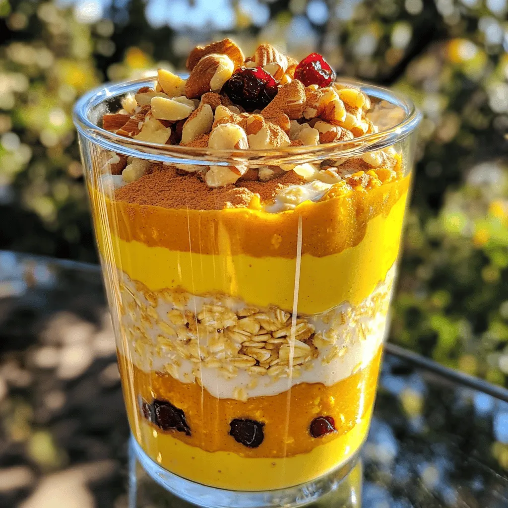To make the perfect pumpkin spice overnight oats, gather these simple ingredients: - 1 cup rolled oats - 1 cup almond milk (or your preferred milk) - 1/2 cup pure pumpkin puree - 1 tablespoon pure maple syrup - 1 teaspoon pumpkin spice blend - 1/2 teaspoon pure vanilla extract - A pinch of salt - Optional toppings: chopped nuts (such as pecans or walnuts), dried cranberries, or a dollop of yogurt These ingredients blend together to create a creamy, flavorful dish. The oats provide a hearty base, while the pumpkin adds a rich texture. Almond milk keeps it light and dairy-free, but feel free to use any milk you love. The maple syrup adds sweetness, and pumpkin spice gives that warm, cozy flavor. Get ready to enjoy this tasty breakfast! 1. Mixing oats and milk In a medium bowl or a mason jar, add 1 cup of rolled oats. Pour in 1 cup of almond milk. Stir gently. Make sure the oats soak well in the milk. 2. Incorporating pumpkin and spices Next, add 1/2 cup of pure pumpkin puree. Stir in 1 tablespoon of pure maple syrup for sweetness. Then, mix in 1 teaspoon of pumpkin spice blend and 1/2 teaspoon of pure vanilla extract. Don’t forget a pinch of salt. Stir until everything is smooth and well combined. 3. Refrigerating mixture Cover your bowl or jar tightly. Place it in the fridge overnight, or for at least 4 hours. This helps the oats absorb all the flavors. You will get a creamy texture. 1. Stirring before serving When morning comes, remove the bowl or jar from the fridge. Give the oats a good stir. If they seem too thick, add a splash of almond milk to make them creamier. 2. Adding optional toppings Now it’s time for fun! Top your oats with chopped nuts for a crunch. You can also add dried cranberries for a fruity taste. A dollop of yogurt adds creaminess and extra protein. For a perfect start to your day, enjoy your pumpkin spice overnight oats! If you want the full details, check the Full Recipe. To get the right creaminess in your pumpkin spice overnight oats, start by adjusting the milk. You can use almond milk or any milk you like. If you want thicker oats, use less milk. For creamier oats, add a splash more. Soaking the oats overnight is key. This lets them absorb the milk and flavors. Make sure your oats sit for at least four hours. The longer they soak, the creamier they get. If they seem too thick in the morning, stir in a bit more milk. Serving your oats in a clear glass makes them look great. You can see the layers of oats and pumpkin. It’s a feast for the eyes! For garnishing, sprinkle some extra pumpkin spice on top. You can also add chopped nuts for crunch or dried cranberries for sweetness. A dollop of yogurt adds creaminess and protein. These simple touches make your dish even more appealing. For the full recipe, check out Pumpkin Spice Overnight Oats Delight. {{image_4}} You can easily switch up the milk in your overnight oats. Almond milk works well, but you can try oat milk or even coconut milk for a different taste. Each type adds its own flavor. You can also mix in other flavors. For example, add cocoa powder for a chocolate twist. Just blend it in with the pumpkin and spices. You can also use vanilla extract for a more classic taste. Adding seeds can boost the nutrition in your oats. Chia seeds or flaxseeds add fiber and omega-3 fatty acids. Just a tablespoon is enough. If you want more protein, mix in some Greek yogurt. It makes the dish creamier too. You can also experiment with sweeteners. Instead of maple syrup, try honey or agave nectar. Each sweetener has its own flavor and sweetness level. For more ideas, check out the Full Recipe. Pumpkin spice overnight oats last up to five days in the fridge. Keep them in a sealed jar or container. This helps maintain freshness. Signs of spoilage include off smells, a change in color, or mold. If you see any of these, discard the oats right away. You can prepare these oats for quick breakfasts. Just make a big batch on Sunday. Scoop out servings for each day. To save even more time, you can freeze the oats. Use freezer-safe jars or bags. They can last up to three months in the freezer. When ready to eat, thaw them overnight in the fridge. Then, enjoy a tasty breakfast! For the full recipe, check out the Pumpkin Spice Overnight Oats Delight. Overnight oats are full of fiber. Fiber helps you feel full and aids digestion. They also contain whole grains, which can lower cholesterol. The oats provide energy and nutrients. Adding pumpkin gives vitamins A and C. This mix can boost your immune system. You also get healthy fats if you add nuts. Yes, you can use steel-cut oats. They are heartier than rolled oats. But they take longer to soak. You might need to add more liquid. I recommend letting them sit overnight for a softer texture. If you want a chewier bite, try them as is. To make this recipe vegan, use almond milk or another plant-based milk. Replace the maple syrup with agave syrup or a sweetener of your choice. The pumpkin puree is already vegan. So, you can enjoy the creamy taste without dairy! To reheat overnight oats, use the microwave. Place the oats in a bowl and add a splash of milk. Heat for about 30 to 60 seconds. Stir and check the temperature. You want them warm, not hot. You can also eat them cold if you prefer. You can eat pumpkin spice overnight oats for up to five days. Store them in the fridge in a sealed container. Check for any strange smells or colors. If they look or smell off, do not eat them. Enjoy your oats fresh for the best taste! In this post, I covered how to make delicious pumpkin spice overnight oats. You learned about the simple ingredients, from rolled oats to pumpkin puree. I shared easy steps for preparation and tips for creamy consistency. You also found variations to suit your taste and storage tips for meal prep. Pumpkin spice overnight oats are not just tasty; they are also healthy. Enjoy making this quick breakfast that gives you energy! With just a few ingredients and steps, you can create a fun and nutritious start to your day.