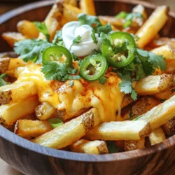 - 4 large russet potatoes - 1 cup shredded pepper jack cheese - 2 tablespoons extra virgin olive oil - 1 teaspoon smoked paprika - 1 teaspoon garlic powder - 1 teaspoon onion powder - 1 teaspoon cayenne pepper (adjust as needed) - Salt, to taste - Fresh jalapeño, sour cream, green onions, cilantro Voodoo Fries start with simple but key ingredients. The russet potatoes give a crisp texture. You want them large to make nice, thick fries. The shredded pepper jack cheese adds a creamy, spicy kick. The extra virgin olive oil helps the fries crisp up in the oven. For the seasonings, smoked paprika brings a rich, smoky flavor. Garlic powder and onion powder add depth and taste. Cayenne pepper gives that extra heat, so feel free to adjust it. Salt enhances all the flavors. The fresh jalapeño, sour cream, green onions, and cilantro are the finishing touches. They add freshness and a burst of color. You can find the full recipe below, but knowing these ingredients sets you up for success in making delicious Voodoo Fries. - Preheat the oven to 425°F (220°C). - Rinse and dry the cut fries. First, I love to preheat the oven. This step is key for crispy fries. While the oven heats, I rinse the cut fries under cold water. This helps remove extra starch. Less starch means crispier fries. After rinsing, dry them well with a towel. Moisture is not your friend here! - Combine fries with olive oil and seasonings. - Bake fries for 30-35 minutes. In a big bowl, add the fries. Drizzle the olive oil over them. Now, sprinkle in smoked paprika, garlic powder, onion powder, cayenne pepper, and salt. Toss until every fry gets coated. This is where the magic starts! Spread the fries out on a baking sheet. Make sure they are not crowded. Bake for 30-35 minutes. Flip them halfway through for even cooking. You want them golden and crispy! - Add cheese and bake until melted. - Garnish with jalapeños, sour cream, and herbs. Remove the fries after baking. Now, sprinkle shredded pepper jack cheese on top. Bake again for 5 minutes. You want the cheese to melt and bubble. While the cheese melts, slice the jalapeño, chop the cilantro, and slice the green onions. Once the cheese is ready, add the toppings. Jalapeños, sour cream, and herbs add flavor and color. Serve hot for the best taste! For the full recipe, check out the detailed instructions above to create your own Voodoo Fries! To get crispy fries, start by rinsing the potatoes. This removes excess starch. Starch can make fries soggy. After rinsing, dry them well with a kitchen towel. Moisture is the enemy of crispiness. Next, spread the fries out on a baking sheet. Leave space between each fry. This helps them cook evenly. If they touch, they will steam instead of crisp. Voodoo Fries are great as they are, but you can make them even better. Try adding toppings like diced tomatoes or olives. Fresh herbs like parsley or chives can add nice flavor. If you want more heat, adjust the cayenne pepper. Add less for a mild taste or more for a spicy kick. You can mix in hot sauce for an extra punch. Make it your own with these simple changes! {{image_4}} You can switch up the cheese for Voodoo Fries. Try using cheddar cheese. It melts well and adds a rich taste. If you want a vegan option, look for plant-based cheese. These can taste great too! Mixing different cheeses can give more flavor. Blend pepper jack with mozzarella for a creamy texture. Each cheese brings its own twist, so feel free to explore. Want to spice things up? Add chili flakes or hot sauce. A sprinkle of chili flakes gives a nice kick. Hot sauce can boost the flavor and heat level. You can even use different peppers for extra fun! Try jalapeños or serranos for a fresh bite. Each pepper adds its own unique taste to the dish. Experiment until you find your perfect heat level! To keep your Voodoo Fries fresh, follow these tips: - Refrigerating Leftovers: Let the fries cool to room temperature. Place them in an airtight container. They can last in the fridge for about 3 days. If you want to keep them longer, it’s best to freeze them. - Freezing Cooked Fries: Spread the fries on a baking sheet in a single layer. Freeze them for about 2 hours until firm. After that, transfer them to a freezer-safe bag. They can last up to 2 months in the freezer. To enjoy your fries again, reheating is key. Here are some methods: - Retain Crispiness: Use an oven or an air fryer to reheat fries. Preheat your oven to 375°F (190°C). Spread the fries on a baking sheet and heat for about 10-15 minutes. This method keeps them crispy. - Topping Additions: If you want to add more toppings, do it before reheating. Add cheese or jalapeños on top before placing them back in the oven. This way, they melt perfectly and add extra flavor. For the full recipe, check the earlier section. Voodoo fries are a fun twist on classic fries. They originated from the vibrant food scene in New Orleans. These fries feature crispy potatoes topped with spicy seasonings and melted cheese. The balance of flavors makes them a hit for any meal or snack. The combination of spices, like cayenne pepper and smoked paprika, gives them a delightful kick. People love them for their bold taste and satisfying crunch. Yes, you can easily make Voodoo fries in an air fryer! Start by preheating your air fryer to 400°F (200°C). Cut the potatoes and season them just as you would for baking. Place the seasoned fries in a single layer in the air fryer basket. Cook for about 15-20 minutes, shaking the basket halfway through. Once they are crispy, add the cheese and cook for an additional 3-5 minutes until melted. Using an air fryer makes them even crispier and healthier! Voodoo fries pair well with many dishes. They make a great side for burgers or grilled chicken. You can also serve them with a fresh salad for a tasty meal. For snacks, try them with spicy dipping sauces like ranch or chipotle mayo. As for drinks, a cold soda or a light beer complements the spice. For a more fun pairing, try a fruity cocktail or iced tea for a refreshing touch. You can find Voodoo fries at many restaurants, especially in New Orleans. Look for local eateries that focus on Cajun or Creole food. Some popular spots include food trucks and casual dining places. If you can't find them nearby, many online recipes can help you create them at home. You can easily make them using the full recipe provided. Enjoy exploring new places or trying your hand at this delicious dish! Voodoo fries combine crispy potatoes, spicy seasonings, and creamy toppings. You learned how to prepare, season, and bake these tasty fries. Adding your favorite cheese and toppings enhances the flavor. Leftover storage and reheating methods keep them crispy too. Voodoo fries are great for sharing or pairing with meals. Experiment with toppings and spices to make them your own. Enjoy the delicious journey of creating your perfect plate!