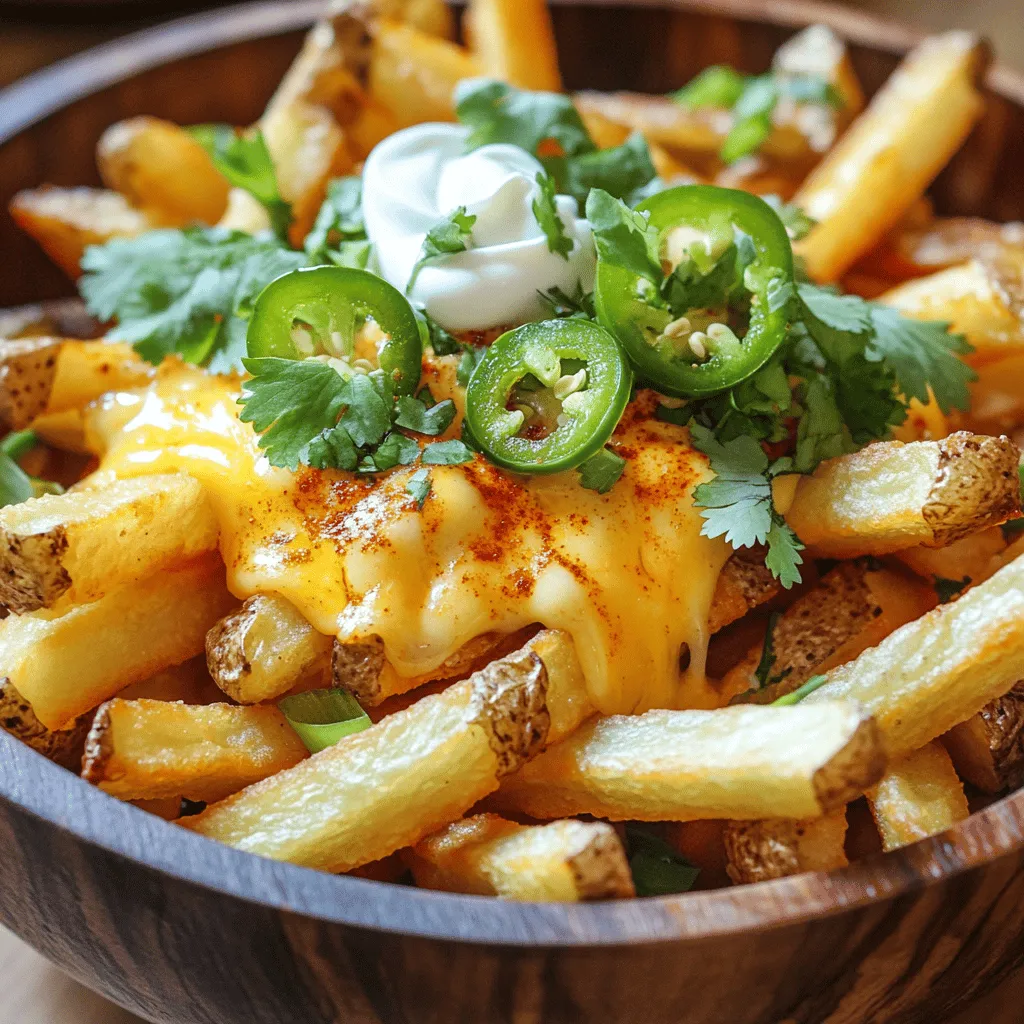 - 4 large russet potatoes - 1 cup shredded pepper jack cheese - 2 tablespoons extra virgin olive oil - 1 teaspoon smoked paprika - 1 teaspoon garlic powder - 1 teaspoon onion powder - 1 teaspoon cayenne pepper (adjust as needed) - Salt, to taste - Fresh jalapeño, sour cream, green onions, cilantro Voodoo Fries start with simple but key ingredients. The russet potatoes give a crisp texture. You want them large to make nice, thick fries. The shredded pepper jack cheese adds a creamy, spicy kick. The extra virgin olive oil helps the fries crisp up in the oven. For the seasonings, smoked paprika brings a rich, smoky flavor. Garlic powder and onion powder add depth and taste. Cayenne pepper gives that extra heat, so feel free to adjust it. Salt enhances all the flavors. The fresh jalapeño, sour cream, green onions, and cilantro are the finishing touches. They add freshness and a burst of color. You can find the full recipe below, but knowing these ingredients sets you up for success in making delicious Voodoo Fries. - Preheat the oven to 425°F (220°C). - Rinse and dry the cut fries. First, I love to preheat the oven. This step is key for crispy fries. While the oven heats, I rinse the cut fries under cold water. This helps remove extra starch. Less starch means crispier fries. After rinsing, dry them well with a towel. Moisture is not your friend here! - Combine fries with olive oil and seasonings. - Bake fries for 30-35 minutes. In a big bowl, add the fries. Drizzle the olive oil over them. Now, sprinkle in smoked paprika, garlic powder, onion powder, cayenne pepper, and salt. Toss until every fry gets coated. This is where the magic starts! Spread the fries out on a baking sheet. Make sure they are not crowded. Bake for 30-35 minutes. Flip them halfway through for even cooking. You want them golden and crispy! - Add cheese and bake until melted. - Garnish with jalapeños, sour cream, and herbs. Remove the fries after baking. Now, sprinkle shredded pepper jack cheese on top. Bake again for 5 minutes. You want the cheese to melt and bubble. While the cheese melts, slice the jalapeño, chop the cilantro, and slice the green onions. Once the cheese is ready, add the toppings. Jalapeños, sour cream, and herbs add flavor and color. Serve hot for the best taste! For the full recipe, check out the detailed instructions above to create your own Voodoo Fries! To get crispy fries, start by rinsing the potatoes. This removes excess starch. Starch can make fries soggy. After rinsing, dry them well with a kitchen towel. Moisture is the enemy of crispiness. Next, spread the fries out on a baking sheet. Leave space between each fry. This helps them cook evenly. If they touch, they will steam instead of crisp. Voodoo Fries are great as they are, but you can make them even better. Try adding toppings like diced tomatoes or olives. Fresh herbs like parsley or chives can add nice flavor. If you want more heat, adjust the cayenne pepper. Add less for a mild taste or more for a spicy kick. You can mix in hot sauce for an extra punch. Make it your own with these simple changes! {{image_4}} You can switch up the cheese for Voodoo Fries. Try using cheddar cheese. It melts well and adds a rich taste. If you want a vegan option, look for plant-based cheese. These can taste great too! Mixing different cheeses can give more flavor. Blend pepper jack with mozzarella for a creamy texture. Each cheese brings its own twist, so feel free to explore. Want to spice things up? Add chili flakes or hot sauce. A sprinkle of chili flakes gives a nice kick. Hot sauce can boost the flavor and heat level. You can even use different peppers for extra fun! Try jalapeños or serranos for a fresh bite. Each pepper adds its own unique taste to the dish. Experiment until you find your perfect heat level! To keep your Voodoo Fries fresh, follow these tips: - Refrigerating Leftovers: Let the fries cool to room temperature. Place them in an airtight container. They can last in the fridge for about 3 days. If you want to keep them longer, it’s best to freeze them. - Freezing Cooked Fries: Spread the fries on a baking sheet in a single layer. Freeze them for about 2 hours until firm. After that, transfer them to a freezer-safe bag. They can last up to 2 months in the freezer. To enjoy your fries again, reheating is key. Here are some methods: - Retain Crispiness: Use an oven or an air fryer to reheat fries. Preheat your oven to 375°F (190°C). Spread the fries on a baking sheet and heat for about 10-15 minutes. This method keeps them crispy. - Topping Additions: If you want to add more toppings, do it before reheating. Add cheese or jalapeños on top before placing them back in the oven. This way, they melt perfectly and add extra flavor. For the full recipe, check the earlier section. Voodoo fries are a fun twist on classic fries. They originated from the vibrant food scene in New Orleans. These fries feature crispy potatoes topped with spicy seasonings and melted cheese. The balance of flavors makes them a hit for any meal or snack. The combination of spices, like cayenne pepper and smoked paprika, gives them a delightful kick. People love them for their bold taste and satisfying crunch. Yes, you can easily make Voodoo fries in an air fryer! Start by preheating your air fryer to 400°F (200°C). Cut the potatoes and season them just as you would for baking. Place the seasoned fries in a single layer in the air fryer basket. Cook for about 15-20 minutes, shaking the basket halfway through. Once they are crispy, add the cheese and cook for an additional 3-5 minutes until melted. Using an air fryer makes them even crispier and healthier! Voodoo fries pair well with many dishes. They make a great side for burgers or grilled chicken. You can also serve them with a fresh salad for a tasty meal. For snacks, try them with spicy dipping sauces like ranch or chipotle mayo. As for drinks, a cold soda or a light beer complements the spice. For a more fun pairing, try a fruity cocktail or iced tea for a refreshing touch. You can find Voodoo fries at many restaurants, especially in New Orleans. Look for local eateries that focus on Cajun or Creole food. Some popular spots include food trucks and casual dining places. If you can't find them nearby, many online recipes can help you create them at home. You can easily make them using the full recipe provided. Enjoy exploring new places or trying your hand at this delicious dish! Voodoo fries combine crispy potatoes, spicy seasonings, and creamy toppings. You learned how to prepare, season, and bake these tasty fries. Adding your favorite cheese and toppings enhances the flavor. Leftover storage and reheating methods keep them crispy too. Voodoo fries are great for sharing or pairing with meals. Experiment with toppings and spices to make them your own. Enjoy the delicious journey of creating your perfect plate!