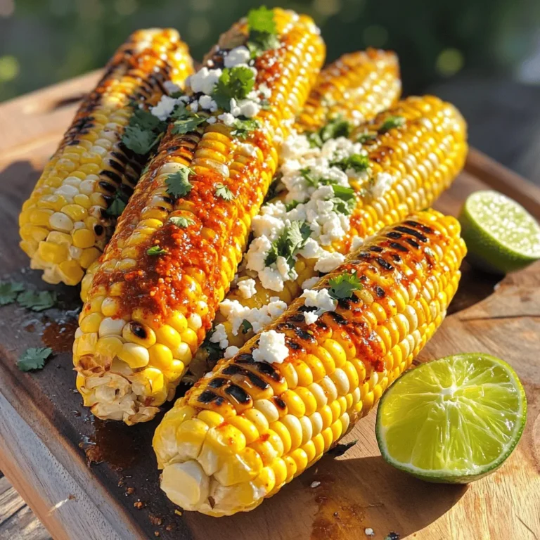 To make chili lime grilled corn, you need fresh corn. Grab these key items: - 4 ears of fresh corn, husked - 2 tablespoons extra virgin olive oil - 1 teaspoon chili powder - 1/2 teaspoon smoked paprika - 1/2 teaspoon garlic powder - 1 lime, juiced and zested - Sea salt, to taste Fresh corn brings sweetness and crunch. Husk the corn well to remove all silk. This ensures your dish will taste fresh and vibrant. To add a kick, you’ll use a mix of spices. The chili powder gives heat. Smoked paprika adds depth. Garlic powder enhances the flavor in a subtle way. The lime juice and zest brighten everything up, making each bite pop. For a tasty twist, consider topping your corn with feta cheese. It adds creaminess and a little tang. Fresh cilantro gives a burst of color and freshness. These garnishes make your dish look beautiful and taste even better. For the full recipe, follow the steps closely to enjoy this flavorful summer delight! First, get your corn ready. Husk the corn carefully. Remove all silk and any debris. This step is key for good grilling. Soak the ears in water for about 10 minutes. This helps to steam them while grilling. It keeps the corn juicy and tender. Now, let’s make the chili lime coating. In a small bowl, mix together the olive oil, chili powder, smoked paprika, and garlic powder. Add the juice and zest of one lime. Include a pinch of sea salt for flavor. Whisk it all until it is well combined. You want it to smell amazing! This mixture adds a zesty kick to the corn. Next, preheat your grill to medium-high heat. Place the corn on the grill once it’s hot. Grill the corn for about 10 to 15 minutes. Turn the ears every few minutes. You want nice char marks on all sides. This adds flavor and makes the corn look great. Once done, take the corn off the grill. You can sprinkle feta cheese on top if you like. Garnish with fresh cilantro and a squeeze of lime juice. This brings out all the flavors. Enjoy your delicious chili lime grilled corn! For full details, check the Full Recipe. To get those lovely grill marks, start with a hot grill. A medium-high heat is best. Place the corn directly on the grates. Turn the corn every few minutes. This will give you those nice char lines. The key is to avoid moving it too much. Let it sit for a bit to sear well. Marinades add great taste to your corn. The chili lime mixture is key here. Olive oil helps the spices stick. Use lime juice for a zesty kick. You can soak the corn in this marinade too. Let it sit for about 15 minutes before grilling. This gives the flavors time to soak in. Presentation makes a big difference! Serve the grilled corn on a large platter. Arrange the ears in a fan shape for a fun look. Offer lime wedges on the side for extra zing. If you love cheese, sprinkle some feta on top. Fresh cilantro adds a vibrant touch. This makes your dish colorful and inviting. {{image_4}} If you love heat, you can spice up your corn! Try adding cayenne pepper or crushed red pepper flakes to the chili lime mixture. Start with a pinch and adjust to your taste. You can also swap the chili powder for a spicier blend, like chipotle powder. This will give your corn a smoky, fiery kick that is hard to resist. Fresh herbs can brighten the flavor of your corn. Basil, parsley, or even dill can work well. You can mix chopped herbs into the chili lime coating. This adds freshness and a nice twist to the dish. If you want a more zesty flavor, consider adding fresh cilantro or mint. These herbs complement the lime and give a special touch. To make this dish dairy-free, simply skip the feta cheese. The grilled corn has enough flavor on its own. You can also try using a dairy-free cheese if you want a creamy texture. Nutritional yeast can work as a great substitute, adding a cheesy flavor without the dairy. Feel free to experiment and find what works best for you! For the full flavor experience, check out the Full Recipe for Chili Lime Grilled Corn. After enjoying your chili lime grilled corn, store any leftovers properly. Let the corn cool down first. Wrap each ear in plastic wrap or foil. This keeps it fresh and tasty. You can also place it in an airtight container. Store it in the fridge for up to three days. When you're ready to eat your leftover corn, gentle reheating works best. You can use the grill or a pan. Heat it for a few minutes on medium heat. Brush a little olive oil or butter on it to boost flavors. Avoid high heat, as this can dry it out. If you want to save your grilled corn for later, freezing is a great option. Husk and grill the corn as usual. Once cooled, cut the kernels off the cob. Place them in a freezer bag. Remove as much air as possible before sealing. You can store it for up to six months. When you're ready to use it, simply thaw and reheat as desired. For the full recipe, check out the Chili Lime Grilled Corn recipe. Yes, you can use frozen corn. However, fresh corn gives the best flavor. If you choose frozen corn, thaw it first. You can grill it in a grill basket for even cooking. This helps it pick up that smoky flavor too. To make this dish vegan, skip the feta cheese. The chili lime coating will still taste great on its own. You can also add avocado slices for creaminess. Fresh herbs like cilantro will add flavor and brightness. Chili Lime Grilled Corn goes well with many dishes. Here are some tasty options: - Grilled chicken or tofu - Quinoa salad with black beans - Fresh tomato and avocado salad - A light coleslaw with lime dressing These sides will complement the corn's bright flavors and create a fun summer meal. For the full recipe, check the earlier section. This blog post covered how to make chili lime grilled corn from start to finish. We discussed key ingredients, step-by-step instructions, and tips for great flavor. I shared variations and storage tips to fit your needs, too. Grilling corn is simple and fun. Whether you want spicy or herb-infused, there’s a way to make it your own. Enjoy this dish with friends and family. You’ll impress everyone with your tasty creation. Happy grilling!