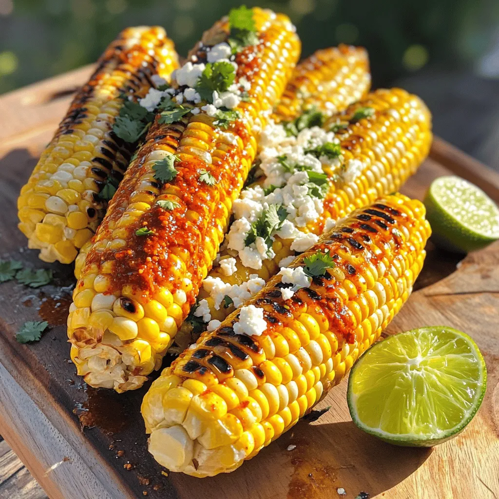 To make chili lime grilled corn, you need fresh corn. Grab these key items: - 4 ears of fresh corn, husked - 2 tablespoons extra virgin olive oil - 1 teaspoon chili powder - 1/2 teaspoon smoked paprika - 1/2 teaspoon garlic powder - 1 lime, juiced and zested - Sea salt, to taste Fresh corn brings sweetness and crunch. Husk the corn well to remove all silk. This ensures your dish will taste fresh and vibrant. To add a kick, you’ll use a mix of spices. The chili powder gives heat. Smoked paprika adds depth. Garlic powder enhances the flavor in a subtle way. The lime juice and zest brighten everything up, making each bite pop. For a tasty twist, consider topping your corn with feta cheese. It adds creaminess and a little tang. Fresh cilantro gives a burst of color and freshness. These garnishes make your dish look beautiful and taste even better. For the full recipe, follow the steps closely to enjoy this flavorful summer delight! First, get your corn ready. Husk the corn carefully. Remove all silk and any debris. This step is key for good grilling. Soak the ears in water for about 10 minutes. This helps to steam them while grilling. It keeps the corn juicy and tender. Now, let’s make the chili lime coating. In a small bowl, mix together the olive oil, chili powder, smoked paprika, and garlic powder. Add the juice and zest of one lime. Include a pinch of sea salt for flavor. Whisk it all until it is well combined. You want it to smell amazing! This mixture adds a zesty kick to the corn. Next, preheat your grill to medium-high heat. Place the corn on the grill once it’s hot. Grill the corn for about 10 to 15 minutes. Turn the ears every few minutes. You want nice char marks on all sides. This adds flavor and makes the corn look great. Once done, take the corn off the grill. You can sprinkle feta cheese on top if you like. Garnish with fresh cilantro and a squeeze of lime juice. This brings out all the flavors. Enjoy your delicious chili lime grilled corn! For full details, check the Full Recipe. To get those lovely grill marks, start with a hot grill. A medium-high heat is best. Place the corn directly on the grates. Turn the corn every few minutes. This will give you those nice char lines. The key is to avoid moving it too much. Let it sit for a bit to sear well. Marinades add great taste to your corn. The chili lime mixture is key here. Olive oil helps the spices stick. Use lime juice for a zesty kick. You can soak the corn in this marinade too. Let it sit for about 15 minutes before grilling. This gives the flavors time to soak in. Presentation makes a big difference! Serve the grilled corn on a large platter. Arrange the ears in a fan shape for a fun look. Offer lime wedges on the side for extra zing. If you love cheese, sprinkle some feta on top. Fresh cilantro adds a vibrant touch. This makes your dish colorful and inviting. {{image_4}} If you love heat, you can spice up your corn! Try adding cayenne pepper or crushed red pepper flakes to the chili lime mixture. Start with a pinch and adjust to your taste. You can also swap the chili powder for a spicier blend, like chipotle powder. This will give your corn a smoky, fiery kick that is hard to resist. Fresh herbs can brighten the flavor of your corn. Basil, parsley, or even dill can work well. You can mix chopped herbs into the chili lime coating. This adds freshness and a nice twist to the dish. If you want a more zesty flavor, consider adding fresh cilantro or mint. These herbs complement the lime and give a special touch. To make this dish dairy-free, simply skip the feta cheese. The grilled corn has enough flavor on its own. You can also try using a dairy-free cheese if you want a creamy texture. Nutritional yeast can work as a great substitute, adding a cheesy flavor without the dairy. Feel free to experiment and find what works best for you! For the full flavor experience, check out the Full Recipe for Chili Lime Grilled Corn. After enjoying your chili lime grilled corn, store any leftovers properly. Let the corn cool down first. Wrap each ear in plastic wrap or foil. This keeps it fresh and tasty. You can also place it in an airtight container. Store it in the fridge for up to three days. When you're ready to eat your leftover corn, gentle reheating works best. You can use the grill or a pan. Heat it for a few minutes on medium heat. Brush a little olive oil or butter on it to boost flavors. Avoid high heat, as this can dry it out. If you want to save your grilled corn for later, freezing is a great option. Husk and grill the corn as usual. Once cooled, cut the kernels off the cob. Place them in a freezer bag. Remove as much air as possible before sealing. You can store it for up to six months. When you're ready to use it, simply thaw and reheat as desired. For the full recipe, check out the Chili Lime Grilled Corn recipe. Yes, you can use frozen corn. However, fresh corn gives the best flavor. If you choose frozen corn, thaw it first. You can grill it in a grill basket for even cooking. This helps it pick up that smoky flavor too. To make this dish vegan, skip the feta cheese. The chili lime coating will still taste great on its own. You can also add avocado slices for creaminess. Fresh herbs like cilantro will add flavor and brightness. Chili Lime Grilled Corn goes well with many dishes. Here are some tasty options: - Grilled chicken or tofu - Quinoa salad with black beans - Fresh tomato and avocado salad - A light coleslaw with lime dressing These sides will complement the corn's bright flavors and create a fun summer meal. For the full recipe, check the earlier section. This blog post covered how to make chili lime grilled corn from start to finish. We discussed key ingredients, step-by-step instructions, and tips for great flavor. I shared variations and storage tips to fit your needs, too. Grilling corn is simple and fun. Whether you want spicy or herb-infused, there’s a way to make it your own. Enjoy this dish with friends and family. You’ll impress everyone with your tasty creation. Happy grilling!