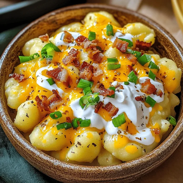 - 2 cups potato gnocchi (store-bought or homemade) - 2 medium russet potatoes, baked and cooled - ½ cup sour cream - 1 cup shredded cheddar cheese - ½ cup cooked bacon, chopped - ¼ cup green onions, sliced - 2 tablespoons unsalted butter - 1 teaspoon garlic powder - Salt and pepper, to taste - Optional: ¼ cup cream cheese for added creaminess To make Loaded Baked Potato Gnocchi, gather these ingredients first. The gnocchi gives the dish its heart. Potatoes add a nice creaminess and flavor. Sour cream brings tanginess, while the cheddar cheese adds richness. Bacon provides a savory crunch, and green onions add freshness. You can use store-bought gnocchi or make your own. If you choose to make it yourself, the process can be fun and rewarding. Just remember, the key to great gnocchi is to keep the dough light and fluffy. For the best flavor, use freshly baked russet potatoes. They have the right texture for mashing. If you want an extra creamy dish, add cream cheese. It melts beautifully and enhances the dish's richness. Always season your mixture with salt and pepper to taste. This will make all the flavors pop. This recipe is flexible. You can swap ingredients as you like. For example, try different cheeses or even add veggies. The full recipe provides guidance, but feel free to make it your own! - Bake the Potatoes: Start by preheating your oven to 400°F (200°C). Pierce the russet potatoes a few times with a fork. Place them directly on the oven rack. Bake for about 45 minutes, until tender. Remove them from the oven and let them cool slightly. Cut them in half and scoop out the insides into a mixing bowl. Discard the skins. - Prepare the Potato Mixture: In the bowl with the baked potato insides, add ½ cup sour cream, 1 teaspoon garlic powder, and a pinch of salt and pepper. Use a potato masher or fork to mash until smooth and creamy. If you want more richness, mix in ¼ cup cream cheese for extra creaminess. - Cook the Gnocchi in Skillet: Melt 2 tablespoons of unsalted butter in a large skillet over medium heat. Once it melts, add 2 cups of potato gnocchi. Sauté for about 3-4 minutes, stirring often, until they get golden brown and crispy on the edges. - Combine Ingredients Thoroughly: After the gnocchi are crisp, reduce the heat to low. Gently fold in the mashed potato mixture, making sure the gnocchi are fully coated. Stir in 1 cup of shredded cheddar cheese and ½ cup of chopped bacon. This lets the cheese melt and mix perfectly with the dish. - Fold in Fresh Ingredients: Take the skillet off the heat. Fold in ¼ cup of sliced green onions for freshness and color. This adds a nice crunch and bright flavor to your dish. - Serving Suggestions: Serve the Loaded Baked Potato Gnocchi warm and melty. For a special touch, garnish with more cheddar cheese, crispy bacon bits, and extra green onions if you like. This makes your dish look even more inviting! For full details on making this dish, check the Full Recipe. - Incorporating Cream Cheese: To boost creaminess, mix in cream cheese. This adds a rich flavor and smooth texture. It makes the dish feel more indulgent without much effort. - Tips for Mashing: Use a potato masher or fork to mash your baked potatoes well. The smoother the mash, the creamier the final dish. Avoid lumps; they can ruin the texture. - Sautéing Techniques: Heat your skillet before adding butter and gnocchi. This helps them get that nice golden crisp. Keep the heat at medium to avoid burning. - Timing for Browning: Let the gnocchi sit in the pan without stirring too much. This helps them brown evenly. After about 3-4 minutes, flip them to get both sides crispy. - Plating Suggestions: Serve your gnocchi in a large bowl or individual plates. This makes it look fancy and inviting. A simple, large bowl can really showcase your dish. - Garnishing Ideas: Top with extra cheddar cheese and crispy bacon bits. A sprinkle of green onions adds color and freshness. Presentation matters, and these small touches can make your dish pop. {{image_4}} You can switch the cheddar cheese for any cheese you love. Try mozzarella for a stretchy bite. Parmesan adds a salty kick. If you want a tangy taste, go for goat cheese. Each cheese will bring a new flavor to your dish. If you need a gluten-free option, use gluten-free gnocchi. Many brands offer tasty choices made from rice or corn. You can also make your own gnocchi using gluten-free flour. This way, everyone can enjoy the dish without worry. Boost the nutrition by adding veggies. Spinach, broccoli, or bell peppers work well. Just sauté them in the skillet before adding the gnocchi. This will add color and make the dish more vibrant. Want to switch up the meat? Try adding cooked chicken or sausage. Both add a rich taste and make your dish heartier. You can even use leftover meats from other meals. Serve your gnocchi with a side salad. A fresh garden salad pairs nicely. You can also add a warm baguette to soak up the sauce. Both options balance the richness of the dish. Pair your Loaded Baked Potato Gnocchi with a light soup. A creamy tomato soup or a vegetable broth works well. This makes for a comforting meal that warms you up on chilly days. For the full recipe, check out the [Full Recipe]. To keep your Loaded Baked Potato Gnocchi fresh, place it in the fridge. Use airtight containers for best results. This helps to lock in flavors and moisture. I recommend glass or plastic containers with tight-fitting lids. Make sure the dish is cool before sealing. Store leftovers for up to three days. When you are ready to enjoy your gnocchi again, reheat it on the stove. Use a skillet over medium heat. Add a splash of water or broth to keep it moist. Stir gently to avoid sticking. Heat until warm, around 5-7 minutes. You want to keep that creamy texture intact. If you want to freeze your Loaded Baked Potato Gnocchi, portion it first. Place it in freezer-safe bags or containers. Remove as much air as possible to prevent freezer burn. It will keep well for up to three months. When you are ready to eat, thaw it in the fridge overnight. Reheat on the stove with a little liquid, just like before. This helps bring back the creamy goodness. Enjoy the flavors just as they were! For the full recipe, check out the details above. What is the best way to make homemade gnocchi? To make gnocchi, start with starchy potatoes. Bake them until soft. Once cool, peel and mash them. Mix in flour and egg to form a dough. Roll it out and cut it into small pieces. Shape each piece with a fork. Boil them until they float. This gives you light, fluffy gnocchi. Can I use leftover baked potatoes for this recipe? Yes, using leftover baked potatoes is a great idea! They save time and add flavor. Make sure to mash them well with your other ingredients. This keeps your dish creamy and tasty. How can I make this dish vegetarian-friendly? You can easily make this dish vegetarian. Skip the bacon and use plant-based cheese. Add more veggies like spinach or mushrooms. They add great flavor and texture. You can also use vegetable broth instead of chicken broth if you want a saucy version. What to serve with Loaded Baked Potato Gnocchi? This dish pairs well with a fresh salad or garlic bread. A crisp green salad adds a nice crunch. You could also serve it with steamed veggies. They balance the rich flavors of the gnocchi. For a fun twist, try it with a side of marinara sauce. For the full recipe, you can refer to the section above. This blog post shared how to make loaded baked potato gnocchi. You learned about the ingredients, like potatoes, cheese, and bacon. I walked you through each step, from prepping the potatoes to cooking the gnocchi. You now have tips for a creamy texture and ways to make it crisp. I also suggested variations and storage tips. Explore this delicious dish at your own pace. Enjoy the fun in cooking and sharing!